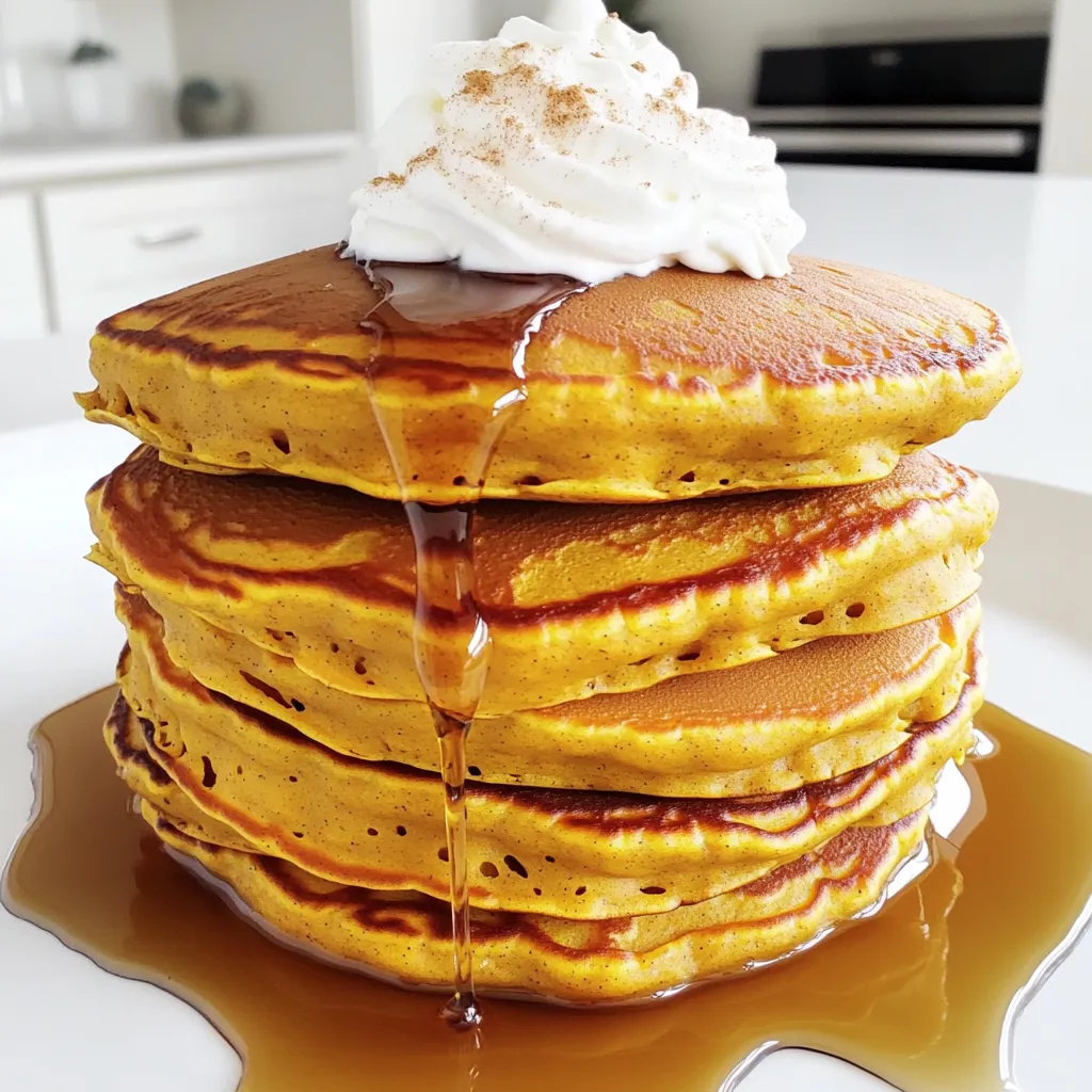 - 1 cup all-purpose flour - 1 cup canned pumpkin puree - 2 tablespoons brown sugar - 1 teaspoon baking powder - 1/2 teaspoon baking soda - 1 teaspoon ground cinnamon - 1/2 teaspoon ground ginger - 1/4 teaspoon ground nutmeg - 1/4 teaspoon salt - 1 large egg - 1 cup buttermilk - 2 tablespoons melted butter - Maple syrup for serving - Whipped cream (optional) The main ingredients create a warm and comforting flavor. Pumpkin puree gives the pancakes their rich texture. The spices add warmth and depth. Baking powder and baking soda help the pancakes rise. - Chopped nuts (like walnuts or pecans) - Raisins or chocolate chips - Fresh fruit (like bananas or berries) - A sprinkle of powdered sugar Toppings can change the pancake experience. Nuts add crunch, while chocolate chips offer sweetness. Fresh fruit brings brightness and a burst of flavor. - Grade A (light and mild) - Grade B (dark and robust) - Organic maple syrup (pure and natural) Maple syrup is the perfect finish for pumpkin pancakes. Grade A syrup works well for a lighter taste. Grade B syrup gives a stronger flavor that pairs well with the spices. Organic syrup is a great choice for those who prefer pure ingredients. Start with a clean mixing bowl. Add 1 cup of all-purpose flour. Then, mix in 2 tablespoons of brown sugar. Next, add 1 teaspoon of baking powder and 1/2 teaspoon of baking soda. Sprinkle in 1 teaspoon of ground cinnamon, 1/2 teaspoon of ground ginger, and 1/4 teaspoon of ground nutmeg. Finally, add 1/4 teaspoon of salt. Stir everything well until combined. This mix brings warmth to your pancakes. In another bowl, whisk together 1 cup of canned pumpkin puree. Then add 1 large egg and 1 cup of buttermilk. Pour in 2 tablespoons of melted butter. Whisk until the mixture is smooth and creamy. This blend adds moisture and a rich flavor to the pancakes. Preheat your non-stick skillet or griddle over medium heat. Lightly grease the surface with cooking spray or a little butter. Pour 1/4 cup of pancake batter onto the skillet for each pancake. Cook until bubbles form on the surface, about 2-3 minutes. The edges should look set. Flip the pancakes and cook for another 2 minutes, until golden brown. Repeat with the remaining batter. Serve warm with a drizzle of maple syrup and optional whipped cream. Enjoy this delightful breakfast treat! To make fluffy pumpkin pancakes, start with fresh ingredients. Use a light touch when mixing. Overmixing can make pancakes tough. Mix until just combined. A few lumps are okay. Let the batter rest for about five minutes. This helps the pancakes rise better. Preheat your griddle to medium heat. This ensures even cooking. Lightly grease the surface with butter or cooking spray. Pour 1/4 cup of batter for each pancake. Wait for bubbles to form before flipping. This usually takes about 2-3 minutes. Cook until both sides are golden brown. Adjust the heat if pancakes brown too quickly. If you have leftover pancakes, let them cool first. Stack them with parchment paper between each one. Place them in a sealed container. You can store them in the fridge for up to three days. For longer storage, freeze the pancakes. Just thaw and reheat in the toaster or microwave when ready to eat. {{image_2}} You can swap all-purpose flour for other types. Try whole wheat flour for more fiber. Almond flour gives a nutty taste, while gluten-free blends work for those with allergies. Each flour changes texture and flavor slightly. Experiment to find your favorite mix. Besides the classic cinnamon, you can add more spices. Cloves bring a warm kick. Cardamom adds a sweet and spicy note. A pinch of allspice gives a unique twist. You can also add vanilla extract for extra flavor depth. Mix and match to suit your taste. To make these pancakes vegan, replace the egg with flaxseed meal. Mix one tablespoon of flaxseed with three tablespoons of water and let it sit. Use almond milk or soy milk instead of buttermilk. Coconut oil can replace melted butter for a rich flavor. Enjoy these tasty vegan options without losing the pumpkin goodness! Pumpkin is packed with nutrients. It is low in calories and high in fiber. A one-cup serving offers about 50 calories, making it a smart choice. It contains vitamins A and C, which help support your immune system. The bright orange color shows it has beta-carotene, an antioxidant. This helps keep your skin healthy and can improve vision. Plus, pumpkin has potassium, which is great for heart health. Buttermilk adds a rich, tangy flavor to pancakes. It also makes them soft and fluffy. Buttermilk is lower in fat than regular milk. It helps with digestion due to its probiotics. This can make your gut happy and healthy. Using buttermilk can also enhance the overall taste of your pancakes. It balances the sweetness from the pumpkin and sugar. Natural sweeteners like maple syrup bring pure flavors to pancakes. They offer a deep, rich taste that sugar lacks. Maple syrup has vitamins and minerals, making it a better choice. It has antioxidants that can help your body fight free radicals. Using natural sweeteners reduces the need for processed sugars. This keeps your pancakes healthy and enjoyable. Yes, you can use fresh pumpkin. Start by roasting or boiling a pumpkin until it's soft. Then, mash it or blend it until smooth. Fresh pumpkin has a lighter taste, so you may need to adjust spices. You may also find it a bit more watery than canned pumpkin. You can use applesauce or mashed banana as an egg substitute. Use 1/4 cup of either for each egg. This keeps your pancakes moist and adds sweetness. You can also use flaxseed meal mixed with water. Mix one tablespoon of flaxseed with three tablespoons of water. Let it sit for a few minutes until it thickens. Pumpkin puree is pureed pumpkin with no added spices. It is pure and simple. Pumpkin pie filling contains spices, sugar, and other ingredients. It is ready to use in pies. For pancakes, stick to pumpkin puree. This ensures your flavors shine through without extra sweetness. This blog post covered everything about making pumpkin pancakes. We explored the key ingredients, cooking steps, and tips for fluffy results. We also shared fun variations and health benefits of pumpkin. Simple changes can make your meal both tasty and nutritious. So, gather your ingredients and get creative in the kitchen! You can enjoy homemade pumpkin pancakes that are easy, delicious, and good for you. Happy cooking!