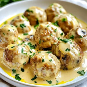 - 1 lb (450g) ground chicken - 1 cup cremini mushrooms, finely chopped - 1/2 cup breadcrumbs - 1/4 cup grated Parmesan cheese - 1/4 cup fresh parsley, chopped - 1 clove garlic, minced - 1 small onion, finely chopped - 1/2 teaspoon salt - 1/4 teaspoon black pepper - 1/4 teaspoon dried thyme - 1/4 teaspoon smoked paprika - 1 tablespoon olive oil - 1 cup heavy cream - 1/2 cup chicken broth - Zest of 1 lemon These ingredients make up the heart of creamy mushroom chicken meatballs. You will find that ground chicken gives a light and tender texture. The cremini mushrooms add a rich, earthy flavor that enhances the meatballs. Breadcrumbs provide structure, while Parmesan cheese adds a savory bite. Fresh parsley brightens the dish and offers a pop of color. Garlic and onion create a flavorful base that deepens in taste when sautéed. The spices, including salt, pepper, thyme, and smoked paprika, round out the flavor and add depth. The olive oil is key for sautéing, while the heavy cream and chicken broth come together to create a luscious sauce. Finally, the lemon zest adds a fresh and zesty note that ties everything together. You can feel confident with this ingredient list. Each element plays a vital role in crafting a meal that feels gourmet yet remains simple to prepare. Enjoy the process of gathering your ingredients and get ready to create a dish that delights the senses! {{ingredient_image_1}} 1. Sautéing onions and garlic Start by heating the olive oil in a skillet over medium heat. Add the finely chopped onion and minced garlic. Cook them for about 3 to 4 minutes. They should become soft and translucent. 2. Cooking mushrooms Next, add the finely chopped cremini mushrooms to the skillet. Cook for about 5 minutes. The mushrooms will release their moisture. Once cooked, remove the skillet from heat and let the mixture cool slightly. 3. Combining ingredients In a large bowl, mix the ground chicken, breadcrumbs, grated Parmesan cheese, and chopped parsley. Then, add the cooled mushroom mixture along with salt, black pepper, thyme, smoked paprika, and lemon zest. Gently mix until all the ingredients are just combined. Be careful not to overwork the meat. 1. Preheating the oven Preheat your oven to 400°F (200°C). This step helps the meatballs cook evenly and become golden. 2. Forming meatballs Take the chicken mixture and form it into meatballs, about 1.5 inches in diameter. Place them on a baking sheet lined with parchment paper. 3. Baking process Bake the meatballs in the preheated oven for 20 to 25 minutes. They are ready when they are cooked through and slightly golden on the outside. 1. Combining broth and cream While the meatballs bake, prepare the sauce. In a medium saucepan over medium heat, combine the chicken broth and heavy cream. Whisk them together and bring to a gentle simmer. 2. Seasoning the sauce Add salt and black pepper to the sauce. Taste it and adjust the seasoning as needed. Let the sauce thicken slightly for about 5 minutes. 3. Simmering instructions Once the meatballs are done baking, carefully add them to the saucepan with the creamy sauce. Let them simmer together for 3 to 4 minutes. This allows the meatballs to soak up the delicious flavors of the sauce. - Avoiding overworking the mixture: When mixing your meatball ingredients, be gentle. Overworking makes them tough. Mix just until combined. This keeps them tender and juicy. - Achieving the right meatball size: Aim for meatballs about 1.5 inches wide. This size cooks evenly. If they are too big, they may not cook through. Use a cookie scoop for uniformity. - Adjusting seasoning: Taste your sauce as it simmers. Add salt and pepper carefully. You want a balance of flavors. A squeeze of lemon juice brightens the dish, too. - Thickening tips: If your sauce is too thin, let it simmer longer. This helps it thicken naturally. You can also add a bit of cornstarch mixed with water for a quick fix. - Pairing with pasta or rice: These meatballs work great over pasta or rice. The creamy sauce clings to each bite. Serve it alongside a fresh salad for a complete meal. - Garnishing ideas: Fresh parsley or grated Parmesan cheese adds color and flavor. A sprinkle of lemon zest on top gives a fresh touch that brightens the dish. Pro Tips Use Fresh Ingredients: Always opt for fresh herbs and mushrooms for the best flavor in your meatballs and sauce. Adjust the Consistency: If the sauce is too thick, add a splash more chicken broth or cream to achieve your desired consistency. Don’t Overmix: When combining the meatball ingredients, mix just until combined to keep them tender and avoid a dense texture. Experiment with Spices: Feel free to add your favorite spices or herbs, such as oregano or basil, to customize the flavor of the meatballs. {{image_2}} You can change the meat in this recipe for a new taste. Ground turkey works well. It gives a light flavor while staying juicy. You can also use ground beef. This makes the meatballs richer and heartier. For a vegetarian option, try using lentils or chickpeas. These options provide a good texture. You can also mash tofu with spices for a plant-based meatball. Adding herbs and spices can boost flavor. Try fresh basil or thyme. They add a nice aroma. You can also use Italian seasoning for a classic touch. Different cheeses can change the taste. Instead of Parmesan, use feta or mozzarella. Each cheese brings a unique flavor to your dish. You can switch the sauce ingredients for variety. Adding white wine gives a nice depth of flavor. It pairs well with the creamy sauce. You can also mix in Dijon mustard for a tangy kick. For a lighter version, use low-fat cream or yogurt. This keeps the dish creamy but cuts calories. You can also add more broth to thin the sauce. This keeps it flavorful without being heavy. To keep your creamy mushroom chicken meatballs fresh, store them in the fridge. Place them in an airtight container. They will last for about three to four days. For longer storage, freeze the meatballs. Use a freezer-safe container or bag. They will stay good for up to three months. Make sure to label your containers with the date. When it's time to enjoy your leftovers, you can use a microwave or oven. For the microwave, place the meatballs in a bowl. Cover them with a damp paper towel. Heat them in short bursts, about 30 seconds at a time, until warm. If you prefer the oven, preheat it to 350°F (175°C). Place the meatballs in an oven-safe dish, cover with foil, and heat for about 15 minutes. To keep the creaminess, add a splash of chicken broth or cream before reheating. You can make these meatballs ahead of time. Prepare them as instructed, then let them cool. Store them in the fridge for a quick meal later. If you want to freeze them, shape the meatballs and place them on a baking sheet. Freeze them for a few hours, then transfer them to a bag. This way, you can grab just what you need. You can cook them straight from frozen, adding a few extra minutes to the baking time. You can check the internal temperature of your meatballs with a meat thermometer. The safe temperature for cooked chicken is 165°F (74°C). Insert the thermometer into the center of a meatball. If it reads 165°F or higher, your meatballs are ready. If not, bake them a little longer. Yes, you can make this recipe gluten-free. Instead of regular breadcrumbs, use gluten-free breadcrumbs or ground oats. Both options work well. Just make sure all other ingredients are also gluten-free. Several sides go well with these meatballs. Here are some tasty options: - Pasta: A light spaghetti or fettuccine complements the creaminess. - Rice: White or brown rice soaks up the sauce nicely. - Salad: A fresh green salad adds crunch and balance. - Garlic bread: Perfect for dipping into the creamy sauce. These sides will enhance your meal and make it even more enjoyable. In this blog post, we explored a tasty recipe for creamy mushroom chicken meatballs. We covered key ingredients, how to prepare and bake the meatballs, and make the sauce. I also shared tips to perfect your dish and offered variations for different tastes. Lastly, we discussed storage and meal prep tips to save time. Now, I hope you feel ready to try this recipe in your kitchen. Enjoy the cooking process and impress your friends and family!