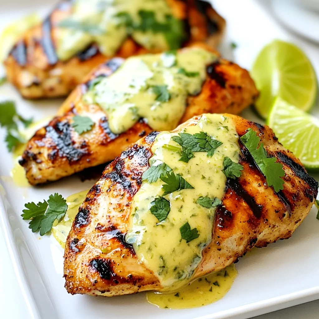 Here’s what you need to make Coconut Lime Chicken. Each ingredient brings its own special taste. - 4 boneless, skinless chicken breasts - 1 can (13.5 oz) coconut milk - 2 tablespoons fresh lime juice - Zest of 1 lime - 2 garlic cloves, minced - 1 tablespoon fresh ginger, grated - 2 teaspoons honey - 1 teaspoon ground cumin - Salt and pepper to taste - 2 tablespoons fresh cilantro, chopped (for garnish) - Lime wedges (for serving) This list gives you the flavors for a bright and tasty dish. The chicken is tender and juicy. The coconut milk adds creaminess while the lime adds a zing. Fresh garlic and ginger lift the taste. Honey balances the flavors, and cumin adds warmth. Don't forget the cilantro for freshness and lime wedges to serve. This dish is simple yet full of fun flavors. Enjoy cooking! {{ingredient_image_1}} To make the marinade, start by gathering your ingredients. You need coconut milk, fresh lime juice, lime zest, minced garlic, grated ginger, honey, ground cumin, salt, and pepper. In a bowl, whisk these ingredients together until they blend well. The coconut milk gives a creamy base while lime adds a bright flavor. This mix will make your chicken taste amazing. Next, take your chicken breasts and place them in a resealable plastic bag or a dish. Pour the prepared marinade over the chicken. Make sure all the chicken is covered. Seal the bag or cover the dish. For best results, let it marinate in the fridge for at least 30 minutes. If you have time, marinate it for up to 2 hours. This step makes the chicken juicy and flavorful. Now it’s time to cook! Preheat your grill or skillet over medium heat. If you are grilling, lightly oil the grates to prevent sticking. Remove the chicken from the marinade and let any excess drip off. Grill or cook the chicken for about 6-7 minutes on each side. The chicken is done when it reaches an internal temperature of 165°F (75°C). This ensures it is safe and tender. While the chicken cooks, take the leftover marinade and pour it into a small saucepan. Bring it to a boil, then lower the heat and let it simmer for about 5 minutes. This process helps the sauce thicken and intensify the flavors. Once your chicken is cooked, drizzle this thickened sauce over it. Garnish with chopped cilantro and serve with lime wedges on the side. This adds a fresh touch to each bite. Marinating is key for tasty Coconut Lime Chicken. Use a mix of coconut milk, lime juice, lime zest, garlic, ginger, honey, cumin, salt, and pepper. This blend adds great flavor. It’s best to marinate the chicken for at least 30 minutes. For more taste, try marinating for up to 2 hours. Always keep the chicken in the fridge while marinating. This helps keep it safe and fresh. You can cook Coconut Lime Chicken in two ways: grilling or using a skillet. Grilling gives it a nice smoky flavor. Make sure to lightly oil the grill grates first. Cook each side for about 6-7 minutes. Use a meat thermometer to check that it's 165°F (75°C). If you choose a skillet, preheat it over medium heat. Add a little oil before placing the chicken in the pan. Both methods work well, so choose what you prefer! To serve Coconut Lime Chicken, drizzle the thickened marinade over the chicken for extra taste. Garnish with fresh cilantro. The bright green color looks lovely and adds fresh flavor. Serve with lime wedges on the side for a zesty kick. Pair this dish with rice or a fresh salad. This adds texture and balance. Enjoy your meal with family or friends; it’s sure to impress! Pro Tips Marinate for Maximum Flavor: Allow the chicken to marinate for the full 2 hours if possible to enhance the flavor and tenderness. Choose the Right Cooking Method: Grilling adds a wonderful smoky flavor, but you can also use a skillet or oven if you prefer. Thicken the Sauce: Simmering the reserved marinade not only thickens it but also ensures it’s safe to eat as it cooks off any raw chicken juices. Garnish for Presentation: Fresh cilantro and lime wedges not only add color but also enhance the dish's flavor profile. {{image_2}} You can swap chicken for other proteins. Tofu works well for a veggie option. It absorbs flavors nicely. Use firm tofu for the best result. Just cut it into cubes. Marinate it like chicken for 30 minutes. Then grill or sauté until golden. Shrimp is another tasty choice. Use large shrimp for this recipe. They cook quickly and add a nice touch. Marinate them for just 15 minutes. Then grill or stir-fry until they turn pink. Want to spice things up? Add chili flakes or fresh herbs to the marinade. Chili flakes give a warm kick. Start with a pinch and adjust to taste. Fresh herbs like basil or mint can brighten the dish. Add them to the marinade or as a garnish. They add a fresh, vibrant flavor. You can bake Coconut Lime Chicken for an easy option. Preheat your oven to 375°F (190°C). Place the marinated chicken in a baking dish. Bake for 25-30 minutes or until cooked through. Slow cooking is another great method. Place the chicken and marinade in a slow cooker. Cook on low for 4-6 hours. This method makes the chicken very tender. Feel free to experiment with these variations. Each method and protein brings its own flavor twist! To keep your Coconut Lime Chicken fresh, place any leftovers in an airtight container. Make sure the chicken is cooled down before sealing. This helps prevent moisture buildup. Store the container in the fridge for up to three days. If you want to keep it longer, freezing is a great option. When you're ready to eat your leftovers, reheating is simple. You can use the oven or a skillet. If using the oven, set it to 350°F (175°C). Place the chicken in a baking dish and cover it with foil. Heat for about 15-20 minutes. If you choose a skillet, heat on medium until warm. Add a splash of water to keep it moist. Avoid microwaving, as it can make the chicken tough. Freezing is a great way to save the chicken for later. First, let the chicken cool completely. Place it in a freezer-safe bag or container. Remove as much air as possible. This prevents freezer burn. You can freeze the chicken for up to three months. When ready to enjoy, thaw it overnight in the fridge before reheating. The best way to marinate chicken is to use a mix of flavors. Start with a base like coconut milk, add acid like lime juice, and include herbs and spices. Make sure to coat the chicken well. A resealable bag works great for this. Seal it tightly and let the chicken soak for at least 30 minutes. For more flavor, marinate for up to 2 hours. Yes, you can use low-fat coconut milk. It will still add flavor. However, the sauce might be less creamy. If you want a rich taste, full-fat coconut milk works best. Adjust the other ingredients to balance the flavors if needed. You can store the marinaded chicken in the fridge for up to 2 hours. If it sits longer, it may become too salty or mushy. Always keep it covered to prevent cross-contamination with other foods. Coconut Lime Chicken pairs well with rice, like jasmine or basmati. You can also serve it with fresh veggies, like a salad or grilled zucchini. For a tropical vibe, add pineapple salsa or mango chutney. Don't forget lime wedges for extra zing! This post covered the key steps to make a great Coconut Lime Chicken. You learned about the essential ingredients, how to prepare and cook the dish, and useful tips for best results. I also shared ways to customize the recipe and how to store leftovers safely. You can use these methods to create tasty meals that fit your taste. Enjoy experimenting with flavors and cooking techniques. Simple changes can make each meal unique and fun!