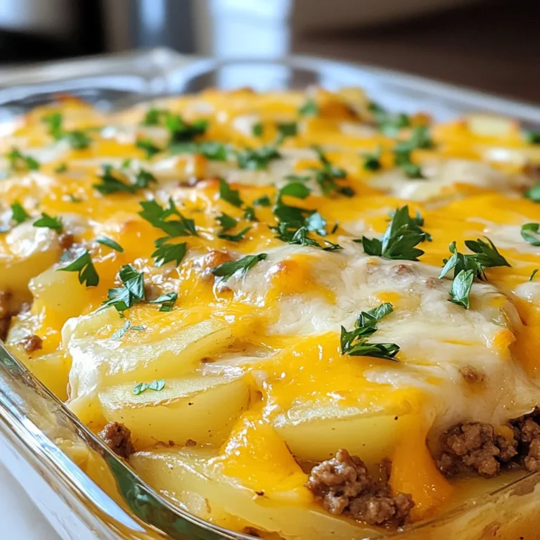 - 1 lb ground beef - 4 large potatoes, thinly sliced - 1 cup sharp cheddar cheese, shredded - 1 cup mozzarella cheese, shredded - 1 medium onion, chopped - 3 cloves garlic, minced - 1 teaspoon dried thyme - 1 teaspoon paprika - 1 cup beef broth - 1 cup heavy cream - Salt and pepper to taste - 2 tablespoons olive oil For this cheesy ground beef potato casserole, I focus on fresh and simple ingredients. The ground beef forms a hearty base, while the potatoes create a soft layer that absorbs all the flavors. I use sharp cheddar and mozzarella for the perfect cheese blend. Onions and garlic add depth to the dish. They bring warmth and a bit of sweetness. I also love adding dried thyme and paprika. These spices give the casserole a nice kick. The liquid components are just as vital. Beef broth adds richness, while heavy cream gives it a creamy texture. Always taste and adjust with salt and pepper. The olive oil helps sauté the onion and garlic, making them extra tasty. Gather these ingredients, and you're set for a delightful meal that everyone will love! {{ingredient_image_1}} - Preheat your oven to 375°F (190°C). - In a large skillet, heat 2 tablespoons of olive oil over medium heat. - Add 1 medium chopped onion and 3 minced garlic cloves. Sauté until fragrant, about 3-4 minutes. - Add 1 pound of ground beef to the skillet. - Use a spoon to break it apart. - Cook until it is browned and no longer pink, about 5-7 minutes. - Season with salt, pepper, 1 teaspoon of dried thyme, and 1 teaspoon of paprika. - Grease a 9x13 inch baking dish. - Layer half of the 4 large thinly sliced potatoes at the bottom. - Lightly season the potatoes with salt and pepper. - Spread the browned ground beef mixture evenly over the potatoes. - In a separate bowl, mix 1 cup of beef broth and 1 cup of heavy cream. - Pour half of this mixture over the beef. - Layer the remaining sliced potatoes on top. - Pour the rest of the beef broth and cream mixture over the potatoes. - Top with 1 cup each of shredded sharp cheddar cheese and mozzarella cheese. - Cover the dish with aluminum foil. - Bake in the preheated oven for 30 minutes. - Remove the foil and bake for an additional 15-20 minutes until the cheese is bubbly and golden brown. - Let it sit for about 10 minutes before serving. - Use a mandoline for even potato slicing. This tool helps you cut potatoes quickly and uniformly. Even slices cook better and ensure a nice texture. - Let the casserole sit before serving for better slicing. This resting time allows the layers to set, making it easier to cut. You’ll get neat servings that look great on a plate. - Fresh parsley adds color and freshness to your dish. Just chop some and sprinkle it on top before serving. It brightens the whole meal. - Serve with a side salad for a balanced meal. A light salad with your favorite dressing complements the rich casserole perfectly. - Avoid overcooking the beef before layering. If you cook it too long, it will dry out and lose flavor. - Be sure to season the potatoes properly. They can taste bland without enough salt and pepper. Season each layer for the best flavor. Pro Tips Use Fresh Potatoes: Fresh potatoes will yield the best texture and flavor in your casserole. Avoid using potatoes that have started to sprout or have blemishes. Layer for Even Cooking: Ensure that you layer the potatoes and beef evenly to promote even cooking and prevent any parts from becoming too dry or soggy. Cheese Variations: Feel free to experiment with different cheese blends for unique flavors. Gouda or pepper jack can add a delicious twist to your casserole. Rest Before Serving: Letting the casserole sit for about 10 minutes after baking allows it to set, making it easier to cut and serve without falling apart. {{image_2}} - You can use pepper jack for a spicy kick. This cheese adds heat and flavor. - A blend of Italian cheeses also works well. Try mozzarella, provolone, and parmesan together. - You can incorporate bell peppers or mushrooms for extra taste. These veggies add crunch and color. - Adding spinach boosts nutrition and gives a fresh flavor. Just toss it in with the meat. - Swap ground beef for ground turkey for a leaner option. This keeps the dish lighter. - Use dairy-free cream for a vegan version. This keeps the richness without dairy. Store any leftovers in an airtight container. This helps keep the dish fresh. You should eat it within 3-4 days for the best taste and quality. To freeze, let the casserole cool completely. Then, wrap it tightly in plastic wrap and foil. This prevents freezer burn. For best texture, freeze it in individual portions. When you're ready, thaw it in the fridge overnight before reheating. For reheating, the oven works best. Preheat it to 350°F (175°C). Place the casserole in a baking dish, cover it with foil, and heat for about 20-25 minutes. This keeps it cheesy and creamy. If you use the microwave, heat in short bursts. Stir in between each burst to warm it evenly. Yes, you can make this casserole a day ahead. Simply follow these steps: - Prepare the casserole as directed. - Cover it tightly with foil or plastic wrap. - Store it in the fridge. When you are ready to bake, remove it from the fridge. Let it sit for about 30 minutes. This helps it bake evenly. Then, bake it as usual. You may need to add a few extra minutes for baking time. This casserole goes well with many sides. Here are some tasty options: - A crisp garden salad - Steamed green beans - Roasted broccoli - Garlic bread These sides balance the rich flavors of the casserole and bring freshness to your meal. Yes, you can easily make this casserole vegetarian. Here are some swaps: - Replace ground beef with lentils or black beans. - Use vegetable broth instead of beef broth. - Add more veggies like bell peppers, mushrooms, or zucchini. These changes keep the dish hearty and delicious while making it meat-free. In this blog post, we explored the tasty Cheesy Ground Beef Potato Casserole. You learned about the ingredients, step-by-step instructions, and tips for the best results. We also covered variations, storage info, and answered some common questions. This dish is easy to make and packed with flavor. With a few simple tricks, you can create a meal everyone will enjoy. Trust me, your family and friends will love it. Enjoy your cooking adventure!