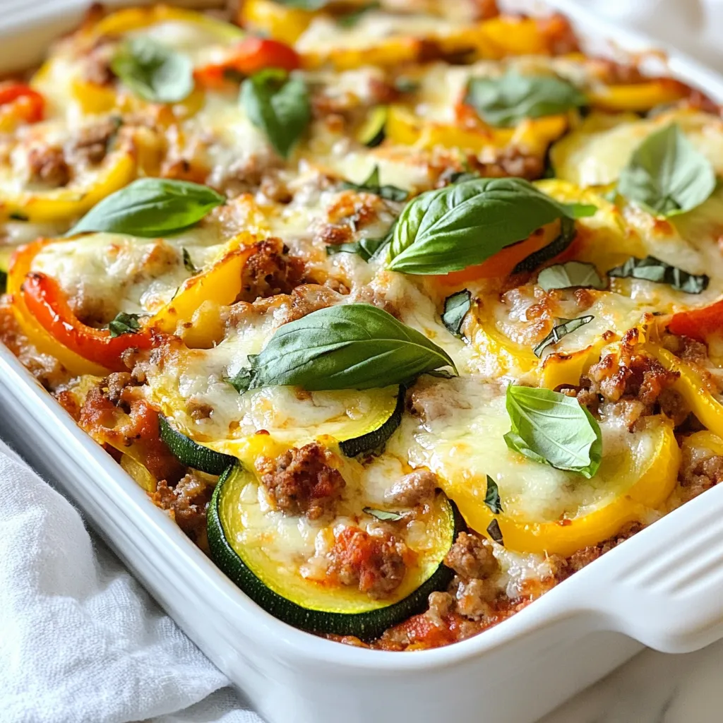 - 4 medium zucchinis, thinly sliced - 1 lb ground turkey or chicken - 1/2 cup onion, diced - 2 cloves garlic, minced - 1 bell pepper, diced (any color) - 1 can (15 oz) crushed tomatoes - 1 tablespoon tomato paste - 1 tablespoon Italian seasoning - 1 teaspoon dried oregano - 1 cup shredded mozzarella cheese - 1/2 cup grated Parmesan cheese - Salt and pepper to taste - Fresh basil leaves for garnish (optional) To make a tasty Zucchini Pizza Casserole, you need fresh ingredients. Start with four medium zucchinis. Slice them thinly to create layers in the dish. Use one pound of ground turkey or chicken for protein. This adds flavor and helps fill you up. Next, add half a cup of diced onion and two cloves of minced garlic. They bring a nice aroma and taste to the dish. You can choose any color bell pepper, diced, to mix in. One can of crushed tomatoes will help bind the casserole together. Include a tablespoon of tomato paste for depth. Seasoning is important. Use one tablespoon of Italian seasoning and one teaspoon of dried oregano. These spices give the casserole a classic pizza flavor. For the cheesy goodness, add one cup of shredded mozzarella and half a cup of grated Parmesan cheese. Finally, don’t forget salt and pepper to taste. If you like a pop of color, consider fresh basil leaves for garnish. This dish is simple, yet full of flavor. You’ll enjoy every bite! {{ingredient_image_1}} 1. Start by heating a large skillet over medium heat. Add the ground turkey or chicken. Cook it until it's browned, about 5 to 7 minutes. Use a spoon to break it apart as it cooks. 2. Once the meat is brown, add the diced onion and minced garlic. Sauté these for about 3 to 4 minutes. You want the onion to look clear. 3. Next, stir in the diced bell pepper, crushed tomatoes, and tomato paste. Add the Italian seasoning and oregano. Season with salt and pepper. Let this mixture simmer for about 10 minutes. This will help it thicken. 1. While the sauce cooks, lay the sliced zucchini on a clean kitchen towel. Sprinkle a little salt over the zucchini. 2. Let the zucchini sit for 10 minutes. This helps to draw out extra moisture. 3. After 10 minutes, pat the zucchini slices dry with another towel. This step is key to avoid a soggy casserole. 1. Grab a greased 9x13 inch casserole dish. Start layering half of the zucchini slices on the bottom. 2. Pour half of the meat sauce over the zucchini. Then add half of the mozzarella and Parmesan cheese. 3. Repeat this step. Layer the remaining zucchini, meat sauce, and cheeses one more time. 1. Cover the casserole dish with aluminum foil. This helps keep the cheese from burning while it cooks. 2. Bake in the preheated oven at 375°F (190°C) for 30 minutes. 3. After 30 minutes, remove the foil. Bake for an additional 15 minutes. This will make the cheese bubbly and golden brown. 4. Once done, let it rest for about 5 to 10 minutes. If you like, garnish with fresh basil leaves before serving. Choosing the right zucchini Pick medium zucchinis that feel firm. Look for smooth skin with no blemishes. Fresh zucchinis hold their shape well. They will not turn mushy in the casserole. Avoiding excess moisture Zucchini has a lot of water. To keep your dish from being soggy, sprinkle salt on the slices. Let them sit for ten minutes. This draws out moisture. Afterward, pat them dry with a towel. This simple step makes a big difference in texture. Additional spices or ingredients Feel free to add your favorite spices. A pinch of red pepper flakes adds heat. You can also try paprika for a smoky flavor. Fresh herbs like thyme or rosemary work well too. Suggested cheese substitutions If you want a twist, use different cheeses. Try sharp cheddar for a bold taste. Gouda can add a nice creaminess. Mixing cheeses can make your casserole even tastier. Garnishing options Fresh basil leaves make a lovely garnish. They add a pop of color and freshness. You can also sprinkle extra cheese on top before serving. A drizzle of balsamic glaze can add a gourmet touch. Serving suggestions Serve your casserole hot from the oven. It pairs well with a simple green salad. You can also offer crusty bread on the side. This makes for a complete and satisfying meal. Pro Tips Slicing Zucchini Evenly: For uniform cooking and a better presentation, use a mandoline slicer to get evenly cut zucchini slices. Enhancing Flavor: Add a pinch of red pepper flakes to the meat sauce for a subtle heat that complements the dish beautifully. Moisture Control: Don’t skip the salting step for the zucchini; this helps draw out excess moisture, preventing a watery casserole. Cheese Variations: Feel free to mix different types of cheese, like cheddar or provolone, for a unique flavor profile in your casserole. {{image_2}} If you want a meatless dish, you can swap out the ground turkey or chicken for lentils or chickpeas. These options add protein and fiber. You can also use crumbled tofu or tempeh for a hearty texture. Add more veggies to boost flavor and nutrition. Consider mushrooms, spinach, or zucchini flowers as tasty additions. They mix well with the rich tomato sauce. To make this casserole gluten-free, use gluten-free pasta or skip the pasta altogether. You can also ensure all sauces and canned goods are labeled gluten-free. Look for brands that offer gluten-free crushed tomatoes and seasonings. This way, everyone can enjoy the meal without worry. For a low-carb version, replace the zucchini with cauliflower rice or shredded cabbage. This keeps the dish light and keto-friendly. You can also skip the cheese layer if you want fewer carbs. Using lower-carb marinara sauce is another great way to reduce carbs while keeping the flavor. Adjust your toppings based on your diet while enjoying this tasty dish. To keep your Zucchini Pizza Casserole fresh, store it properly. First, let it cool to room temperature. Then, place it in an airtight container. You can keep it in the fridge for up to four days. If you want to save it longer, freezing is a great option. Use a freezer-safe container or wrap it tightly in plastic wrap and foil. It can last up to three months in the freezer. When it's time to enjoy leftovers, reheating is key. The best method is to use the oven. Preheat it to 350°F (175°C). Place the casserole in an oven-safe dish and cover it with foil. This keeps it moist. Heat for about 20-25 minutes or until it's warm throughout. You can also use the microwave for quick reheating. Just place a single serving on a microwave-safe plate. Heat for 1-2 minutes, but check to avoid drying it out. Enjoy the comforting taste of this dish again! Zucchini Pizza Casserole lasts about 3 to 4 days in the fridge. Store it in an airtight container. This keeps it fresh and tasty. You can reheat it easily for a quick meal later. Yes, you can make this casserole ahead of time. Prepare it completely, then cover it and store it in the fridge. Bake it when you are ready to serve. This makes meal prep simple and saves time. If you want a different meat, try ground beef or pork. You can also use plant-based meat for a veggie version. This keeps the casserole hearty and delicious. Absolutely! Adding more cheese makes it even tastier. Try different types like cheddar or gouda. Just remember, more cheese can make it richer, so adjust to your liking. This blog post shared a simple way to make Zucchini Pizza Casserole. You learned about the key ingredients, step-by-step instructions, and tips for great flavor and texture. The post also covered variations for different diets and how to store leftovers. You can enjoy this dish in many ways, making it your own. Try different cheeses or spices to elevate your meal. With its easy preparation and tasty outcome, this casserole will become a favorite in your home.