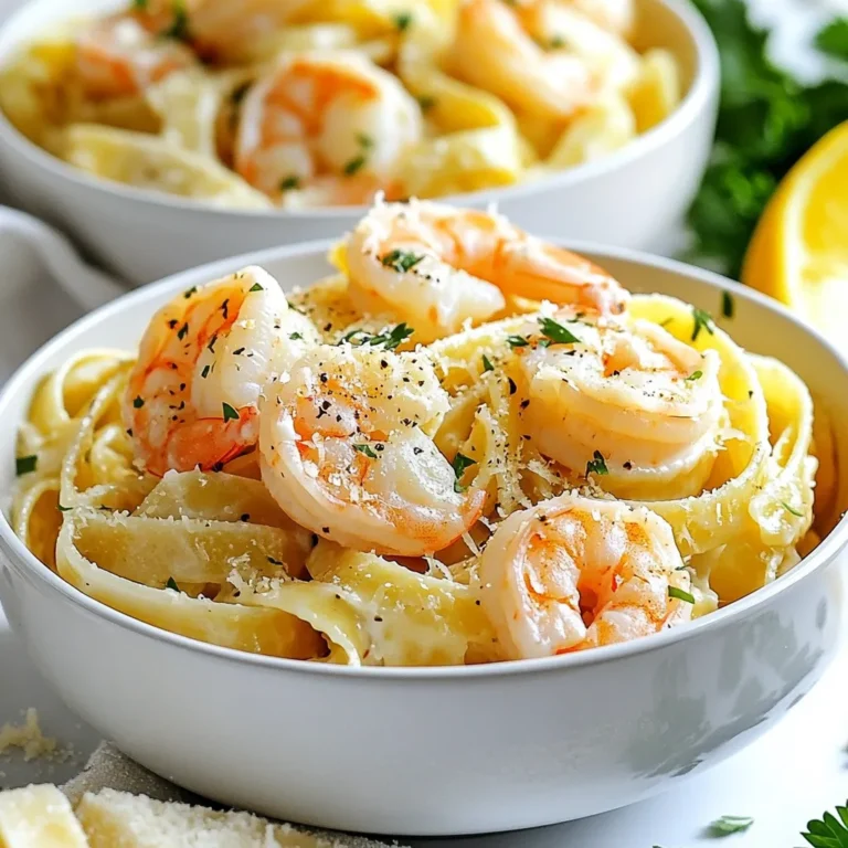 To make creamy garlic shrimp pasta, gather these simple ingredients: - 8 oz fettuccine or spaghetti - 1 lb shrimp, peeled and deveined - 3 tablespoons olive oil - 4 cloves garlic, minced - 1 cup heavy cream - 1/2 cup grated Parmesan cheese - 1/2 teaspoon red pepper flakes (optional) - Salt and pepper to taste - Fresh parsley, chopped (for garnishing) - Zest of 1 lemon These ingredients blend together to create a rich and satisfying dish. The shrimp adds a sweet flavor, while garlic provides a warm, aromatic touch. Heavy cream and Parmesan bring a velvety texture to the sauce. You can adjust the red pepper flakes for your spice level. Want more heat? Add more! The lemon zest brightens the dish, making every bite fresh and exciting. When shopping, choose fresh, high-quality shrimp. This choice makes a big difference in taste. For pasta, both fettuccine and spaghetti work well, so pick your favorite. Now that you have the ingredients, you are ready to create a meal that impresses. {{ingredient_image_1}} To start, bring a large pot of salted water to a boil. This adds flavor to the pasta. Add 8 oz of fettuccine or spaghetti. Cook according to the package instructions until the pasta is al dente. Al dente means it is firm to the bite. This usually takes about 8 to 10 minutes. Once done, reserve 1/2 cup of pasta water, then drain the pasta and set it aside. Next, heat 3 tablespoons of olive oil in a large skillet over medium-high heat. When the oil is hot, add 1 lb of peeled and deveined shrimp. Season the shrimp with salt and pepper. If you like some heat, add 1/2 teaspoon of red pepper flakes. Cook the shrimp for 2 to 3 minutes on each side. They should turn pink and opaque. Once cooked, remove the shrimp from the skillet and set them aside. In the same skillet, lower the heat to medium. Add 4 minced garlic cloves and sauté for about 1 minute. You want the garlic to smell great but not brown. Then, pour in 1 cup of heavy cream and stir well. Let it simmer for 2 to 3 minutes. Now, add 1/2 cup of grated Parmesan cheese. Stir until the cheese melts and the sauce becomes creamy. If it's too thick, add some reserved pasta water to adjust the consistency. Return the sautéed shrimp to the skillet. Toss them in the creamy sauce to coat well. Add the cooked pasta along with the zest of 1 lemon. Mix everything together until well combined. Taste and season with more salt and pepper if needed. Now, it’s time to serve! Divide the creamy garlic shrimp pasta into bowls. For a nice touch, garnish with fresh chopped parsley and extra Parmesan cheese if you like. Enjoy your delicious meal! To achieve that perfect al dente texture, boil salted water. Add your fettuccine or spaghetti and cook it for about 8 to 10 minutes. Check the package for exact times. Al dente means the pasta should be firm but not hard. It should have a slight bite to it. Remember to save half a cup of pasta water before draining. This water helps adjust the sauce later. To avoid overcooking shrimp, heat olive oil in a skillet over medium-high heat. Add the shrimp and season them right away. Cook for 2 to 3 minutes on each side. Look for that lovely pink color. When they are opaque, they are done. If you overcook them, they become tough. Always remove them from the heat as soon as they change color. You can adjust the creaminess of the sauce easily. Start by adding the heavy cream slowly. If the sauce seems too thick, mix in some reserved pasta water. For more flavor, add extra garlic or even some lemon juice. If you like spice, toss in more red pepper flakes. Taste as you go! This dish is all about finding your perfect balance. Pro Tips Fresh Shrimp: Always use fresh or high-quality frozen shrimp for the best flavor and texture. Perfect Pasta: Cook your pasta just until al dente, as it will continue to cook when mixed with the sauce. Customize Your Heat: Adjust the amount of red pepper flakes to suit your spice preference. Garnish Wisely: Fresh parsley not only adds color but also enhances the dish's flavor profile. {{image_2}} You can easily make this dish more colorful and healthy by adding vegetables. Here are some great options: - Spinach: Toss in fresh spinach near the end of cooking. It wilts quickly and adds a nice touch. - Tomatoes: Cherry tomatoes work well. Just halve them and add them when you sauté the shrimp. They add sweetness and color. - Asparagus: Cut asparagus into small pieces and cook them with the shrimp. They add crunch and a fresh taste. Adding these veggies enhances flavor and gives you extra nutrients in every bite. If shrimp isn't your favorite, you can use other proteins. Here are some tasty alternatives: - Chicken: Cut chicken breast into bite-sized pieces and cook until golden. It works great in this creamy sauce. - Scallops: For a touch of luxury, use sea scallops. Cook them just until golden for the best flavor. - Tofu: For a vegetarian option, use firm tofu. Cube it and sauté until crispy. It soaks up the sauce well. These choices let you mix it up and suit your taste. While fettuccine is classic, many pasta types can shine in this dish: - Penne: This shape holds sauce well. It’s perfect for a heartier meal. - Linguine: A thinner pasta that pairs nicely with the shrimp and sauce. - Farfalle: The bowtie shape adds fun to your plate and captures sauce in its nooks. Feel free to experiment with any pasta you love. The sauce will still taste amazing! Store your creamy garlic shrimp pasta in an airtight container. Let the pasta cool to room temperature first. This helps keep it fresh. Place it in the fridge within two hours of cooking. It will stay good for up to three days. For best taste, eat it within two days. To freeze, portion the pasta into smaller containers. This makes reheating easy. Make sure to cool the pasta completely before sealing. It can stay in the freezer for up to two months. When ready to eat, thaw it overnight in the fridge. Reheat in a skillet over medium heat. Add a splash of cream to bring back its creaminess. In the fridge, the creamy garlic shrimp pasta lasts about three days. In the freezer, it can last up to two months. Always check for off smells or changes in texture before eating. If it looks or smells bad, it is best to throw it away. Yes, you can use frozen shrimp. Just thaw them first. Place the shrimp in a bowl of cold water. Change the water every 10 minutes until thawed. Once thawed, peel and devein if needed. Pat them dry before cooking. This helps get a nice sear. You have some great options to replace heavy cream. You can use half-and-half for a lighter version. Coconut cream works well for a dairy-free choice. Another option is a mix of milk and butter. This will mimic the creaminess without the calories. If you want more heat, add crushed red pepper flakes. You can also use fresh chopped chili peppers. Consider adding a dash of hot sauce to the sauce. Start with small amounts to find your perfect heat level. Yes, you can prep this dish in advance. Cook the pasta and shrimp, then store separately. Keep the sauce in the fridge as well. To reheat, warm the sauce gently on the stove. Add pasta and shrimp to heat through. This helps keep everything fresh and tasty. This blog post guides you through making a delicious shrimp pasta dish. We discussed key ingredients like shrimp, pasta, and cream. I detailed easy steps to cook pasta, sauté shrimp, and make a creamy sauce. You learned tips on perfecting the dish and tasty variations. Finally, I shared storage tips and answered common questions. Enjoy the joy of creating this meal at home. It’s easy, satisfying, and so good!