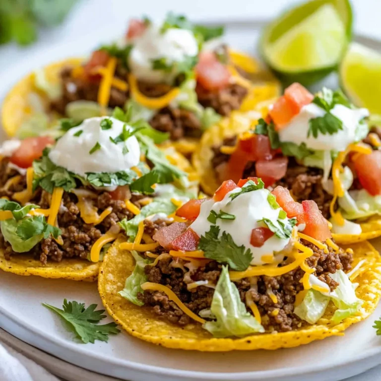 - 1 lb ground beef - 1 small onion, finely chopped - 2 cloves garlic, minced - 1 tablespoon chili powder - 1 teaspoon cumin - ½ teaspoon paprika - Salt and pepper to taste - 8 tostada shells - 1 cup refried beans - 1 cup shredded lettuce - 1 cup diced tomatoes - 1 cup grated cheese (cheddar or Mexican blend) - ½ cup sour cream - ¼ cup fresh cilantro, chopped - Lime wedges (for serving) To make tasty ground beef tostadas, you need fresh and simple ingredients. The ground beef gives it richness. The onion and garlic add depth. Chili powder, cumin, and paprika bring warmth and flavor. Use good tostada shells for the perfect crunch. Refried beans add creaminess. Fresh toppings like lettuce, tomatoes, and cheese balance the dish. Sour cream adds a cool touch, while lime wedges give a zesty kick. - Avocado slices - Jalapeños, sliced - Black olives, sliced - Pickled onions - Hot sauce Feel free to get creative with your toppings! Avocado slices add creaminess. Jalapeños bring heat, while black olives offer a salty bite. Pickled onions can add tang. Hot sauce can spice things up even more. - Mexican rice - Grilled corn - Black bean salad - Guacamole - Salsa Pair your tostadas with delightful sides. Mexican rice is a classic option. Grilled corn adds sweetness. Black bean salad offers protein and freshness. Guacamole is always a favorite, and salsa adds zest. Enjoy these sides for a complete meal. {{ingredient_image_1}} Start by heating oil in a large skillet over medium heat. Add the finely chopped onion and minced garlic. Sauté them until they soften, which takes about 2-3 minutes. Next, add the ground beef to the skillet. Break apart the beef with a spoon. Cook it until it turns brown, stirring occasionally. This step is key to flavor. Now, mix in the chili powder, cumin, paprika, salt, and pepper. Stir well to coat the beef. Cook for another 5 minutes. This allows the spices to blend into the beef. Once done, remove the skillet from heat. Take each tostada shell and spread refried beans evenly on top. This adds a creamy base. Spoon the cooked ground beef mixture over the beans. Make sure to distribute it evenly. Next, pile on shredded lettuce and diced tomatoes. These add crunch and freshness. Sprinkle a handful of grated cheese on top. Then, add a dollop of sour cream for creaminess. Finish it off with a sprinkle of chopped cilantro for that fresh touch. Serve your tostadas with lime wedges on the side. A squeeze of lime adds a zesty kick. You can also pair these tostadas with a side of rice or chips. Enjoy your tasty and colorful dish! To cook ground beef well, start with a hot skillet. I recommend using medium heat. Add a drizzle of oil to prevent sticking. Once the oil shimmers, toss in chopped onion and minced garlic. Sauté them for about 2-3 minutes. You want them soft and fragrant. Then, add your ground beef. Break it apart with a spoon. Stir it occasionally. Cook until it’s browned, about 5-7 minutes. This helps develop flavor. Don’t forget to drain excess grease for a leaner dish. Spices can make or break a dish. For ground beef tostadas, I use chili powder, cumin, and paprika. These add warmth and depth. If you like it spicy, add more chili powder or even some cayenne. For milder flavors, cut back on the spices. Taste as you go! This way, you can adjust to what you love. Remember, salt and pepper are key, too. A little pinch can enhance all the flavors. Meal prep makes life easier. To make tostadas ahead of time, cook the ground beef mixture and store it in the fridge. You can keep it for up to three days. When you’re ready to eat, just heat it up. For the tostada shells, store them separately. This keeps them crispy. Assemble the tostadas right before serving. Spread refried beans, then the beef, and top with fresh veggies. This way, each bite is crunchy and fresh. Enjoy your quick meal! Pro Tips Flavor Boost: For an extra layer of flavor, consider adding a splash of Worcestershire sauce or soy sauce to the ground beef as it cooks. Crispy Tostada Shells: To achieve the perfect crunch, bake the tostada shells in the oven for a few minutes until golden brown. Fresh Ingredients: Use fresh lime juice and ripe tomatoes for the best taste; they brighten the flavors of the dish. Customizable Toppings: Feel free to mix and match toppings! Avocado slices, jalapeños, or black olives can add a personal touch. {{image_2}} If you want a meat-free meal, try using black beans or lentils. Both options give great flavor and protein. Mash the beans or cook the lentils with spices like cumin and paprika. This adds depth. You can also top your tostadas with grilled veggies like bell peppers, zucchini, or mushrooms. They add color and crunch. Ground chicken or turkey works well if you want something lighter. Use the same spices as the beef for a similar taste. For a different twist, use shredded pork or beef. Just cook and season them the way you like. Fish or shrimp can also be tasty options. Just make sure to cook them well and spice them up! The toppings are where you can get creative. Besides lettuce and tomatoes, try avocados or guacamole for creaminess. Jalapeños add a nice kick if you like heat. You can also use radishes for crunch or corn for sweetness. Don't forget fresh herbs like cilantro or parsley. They make your tostadas pop! To store leftover tostadas, place them in an airtight container. Keep the beef mixture and toppings separate. This way, the tostadas stay crunchy. Refrigerate everything. Use the leftovers within three days for the best taste. When you’re ready to eat, reheat the beef mixture in a skillet. Heat it over medium heat until warm. For the tostada shells, pop them in the oven at 350°F for about five minutes. This keeps them crispy. Avoid using the microwave, as it can make the shells soggy. You can freeze the beef mixture for later. Let it cool first, then place it in a freezer-safe bag. Remove as much air as possible. Label the bag with the date. The beef can stay good for up to three months. When you’re ready to use it, thaw it in the fridge overnight before reheating. You can use turkey, chicken, or pork. These meats cook well and taste great. You can also try beans or lentils for a vegetarian option. They add protein and flavor. Season them like ground beef to get a nice taste. Making tostada shells is simple! Start with corn tortillas. Heat oil in a pan. Fry each tortilla until it turns golden brown and crispy. This takes about 2-3 minutes per side. Drain the shells on paper towels to remove extra oil. Let them cool and they are ready to use! Yes, fresh vegetables make tasty toppings! You can add sliced radishes, avocados, or jalapeños. These add crunch and flavor. Chopped onions and bell peppers also work well. Feel free to mix and match your favorites for a colorful dish. This blog post has covered all you need for tasty tostadas. We detailed the ingredients, cooking steps, and smart tips to make your meal shine. You can try different toppings and meats to make it unique. Remember to store leftovers properly to enjoy later. With these ideas, your tostadas will impress friends and family alike. Enjoy your cooking journey and have fun!