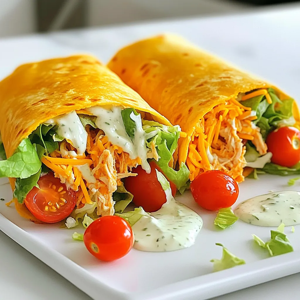 For these tasty Buffalo Chicken Wraps, you need: - 1 lb boneless, skinless chicken breasts - 1 cup buffalo sauce (homemade or store-bought) - 1 tablespoon olive oil - 1 teaspoon garlic powder - 1 teaspoon onion powder - ½ teaspoon smoked paprika - Salt and pepper to taste - 4 large tortillas (flour or whole wheat) - 1 cup shredded lettuce - 1 cup cherry tomatoes, halved - 1 cup shredded cheddar cheese - ½ cup ranch or blue cheese dressing (optional) These ingredients blend well to give you bold flavor in every bite. You can add a few options to customize your wraps: - Sliced green onions for a fresh crunch - Extra buffalo sauce for more heat - Sliced jalapeños for added spice - Avocado slices for creaminess - Cilantro or parsley for a fresh finish Feel free to mix and match based on your taste. These wraps serve about four people. Each wrap packs a punch with protein and flavor. Here’s a quick look at the nutrition: - Calories: Approximately 450 per wrap - Protein: 30g - Carbohydrates: 40g - Fat: 20g This meal gives you energy and satisfaction. It’s great for lunch or dinner. First, gather your ingredients. You need chicken, buffalo sauce, olive oil, and spices. This mix gives the chicken great flavor. You will also need tortillas, lettuce, tomatoes, and cheese for the wraps. 1. Preheat the oven to 400°F (200°C). 2. Mix the chicken with the buffalo sauce, olive oil, garlic powder, onion powder, smoked paprika, salt, and pepper in a large bowl. Make sure the chicken is fully coated with the sauce. Once the chicken is mixed, it’s time to bake. 1. Spread the chicken on a sheet pan in a single layer. 2. Bake for 20-25 minutes. The chicken is done when it reaches 165°F (74°C). 3. Let the chicken rest for a few minutes after baking. This keeps it juicy. 4. Shred the chicken using two forks. This makes it easy to add to the wraps. Now comes the fun part: making the wraps! 1. Lay a tortilla flat on your surface. 2. Add shredded lettuce on the tortilla. 3. Top with shredded chicken, cherry tomatoes, and cheddar cheese. 4. Drizzle ranch or blue cheese dressing if you want extra flavor. 5. Roll the tortilla tightly, folding in the sides as you go. 6. Repeat with the other tortillas and filling. 7. For a crispy finish, place the wraps back on the sheet pan. Bake for an extra 5-7 minutes. These steps will help you create delicious, flavorful wraps that everyone will enjoy! To get tender and juicy chicken, start with good quality meat. I suggest using boneless, skinless chicken breasts. Marinate the chicken in buffalo sauce and seasonings for at least 30 minutes. This helps the flavors soak in. Bake the chicken at 400°F for about 20-25 minutes. Make sure it reaches 165°F inside. Let the chicken rest before shredding. This keeps it moist and tasty. When wrapping tortillas, choose large ones for more room. Lay the tortilla flat on a clean surface. Start by adding your filling in the center. Don’t overfill, or it will spill out. Fold in the sides first, then roll from the bottom up. This keeps everything inside snug. If you want a crispy wrap, bake it briefly after rolling. For a fun and inviting look, arrange the wraps on a large platter. Cut each wrap in half diagonally. This makes them easy to grab. Serve with extra buffalo sauce and ranch dressing for dipping. You can also add fresh celery sticks on the side for crunch. This adds color and a refreshing touch to your meal. {{image_2}} You can switch chicken for other proteins. Ground beef works well with buffalo sauce. Just cook it fully before mixing. Tofu is a great choice for a meatless meal. Firm tofu absorbs the sauce nicely. Cook it until it's golden brown for the best flavor. Tortillas can change your wrap game! For a gluten-free option, try brown rice or corn tortillas. Whole wheat tortillas add fiber and a nutty taste. Both options work great with the buffalo filling. Pick what fits your diet and taste. Want to spice things up? Add jalapeños or hot sauce for extra heat. You can mix in diced bell peppers for sweetness, too. Fresh herbs like cilantro or parsley brighten the wraps. Don’t be afraid to experiment! Your taste buds will thank you. To keep your wraps fresh, store them in an airtight container. Place a layer of parchment paper between each wrap to prevent sticking. If you have extra chicken, store it separately. This way, you can enjoy the wraps later without losing flavor or texture. To reheat the wraps, use an oven for best results. Preheat your oven to 350°F (175°C). Place the wraps on a baking sheet and cover them with foil. Heat for about 10-15 minutes, or until warm. You can also use a microwave. Just wrap them in a damp paper towel and heat for 30-60 seconds. If you want to save your wraps for later, freezing works well. Wrap each one in plastic wrap and place them in a freezer bag. Be sure to remove as much air as possible. You can freeze them for up to three months. When ready to eat, thaw in the fridge overnight before reheating. Yes, you can use frozen chicken. Just remember to thaw it first. Thawing helps the chicken cook evenly. You can thaw it in the fridge overnight or use the microwave. After thawing, follow the same steps in the recipe. The best buffalo sauce is one that fits your taste. You can use store-bought or homemade sauce. Store brands offer great flavors and save time. If you want to make your own, blend hot sauce with melted butter. This gives a rich and buttery taste. Adjust the heat level to your liking. Yes, you can make these wraps ahead of time. Prepare the chicken and assemble the wraps. Then, store them in the fridge for up to a day. Just wrap them tightly in plastic wrap. When you're ready to eat, you can warm them in the oven. This makes a quick meal even easier! You’ve learned how to create delicious wraps using fresh ingredients. I shared the main ingredients, step-by-step instructions, and tips to perfect each bite. You can switch up proteins and try different tortillas for variety. Remember to store leftovers properly and reheat them well, so nothing goes to waste. Enjoy experimenting with flavors and make this recipe your own!