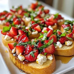 - Baguette - Fresh strawberries - Fresh basil leaves - Balsamic glaze - Honey - Lemon juice - Goat cheese - Salt and pepper - Olive oil for drizzling For this Strawberry Basil Bruschetta, you need fresh and simple ingredients. Start with a baguette. Slice it into 1/2-inch pieces. You will also want one cup of hulled and diced fresh strawberries. They bring sweetness and color. Next, grab a 1/4 cup of fresh basil leaves. Chop them finely to release their flavor. You will also need a tablespoon of balsamic glaze. This adds a tangy depth. Honey, just one tablespoon, adds a touch of sweetness. You will need one teaspoon of lemon juice. This brightens the dish. For creaminess, use 1/4 cup of crumbled goat cheese. Salt and pepper are essential to taste. Finally, have olive oil on hand for drizzling. It adds a rich finish to each bite. Gather these ingredients to create a fresh, flavorful treat that everyone will love. {{ingredient_image_1}} 1. Preheat the oven. Set your oven to 400°F (200°C). This helps the bread toast well. 2. Prepare the baguette slices. Slice the baguette into 1/2-inch thick pieces. This size is perfect for topping. 3. Toasting the baguette. Place the slices on a baking sheet. Brush them lightly with olive oil. 4. Mixing the toppings. In a bowl, combine diced strawberries, chopped basil, balsamic glaze, honey, lemon juice, salt, and pepper. Toss gently to mix. 1. Cooling the bread. Once the bread is toasted, take it out and let it cool slightly. 2. Adding the strawberry-basil mixture. Spoon a generous amount of the strawberry-basil mix onto each toasted slice. 3. Finishing touches with goat cheese. Sprinkle crumbled goat cheese over the top. Drizzle with more balsamic glaze and a touch of olive oil. Enjoy your fresh and flavorful Strawberry Basil Bruschetta! To toast the baguette perfectly, set your oven to 400°F (200°C). Slice the baguette into 1/2-inch pieces. Place them on a baking sheet. Brush each slice lightly with olive oil. Bake them for 5-7 minutes. Look for a golden brown color. This gives the bread a nice crunch. When chopping strawberries, hull them first. This means removing the green tops. Dice them into small pieces for easy topping. For the basil, stack the leaves. Roll them tightly and slice thinly. This makes for pretty, flavorful bits. Garnish your bruschetta with a few extra basil leaves. You can also drizzle more balsamic glaze on top. This adds a nice finish and visual appeal. For drinks, pair it with a light white wine. A refreshing lemonade also works well. These choices enhance the flavors of the bruschetta. Enjoy your tasty treat! Pro Tips Choose Ripe Strawberries: Select berries that are bright red and firm for the best flavor and texture. Fresh Basil is Key: Use fresh basil rather than dried to enhance the dish with vibrant, aromatic flavors. Toast to Perfection: Keep an eye on the baguette while toasting to prevent burning; you want them golden brown and crispy. Serve Immediately: For the best experience, serve the bruschetta right after assembling to enjoy the contrast of warm bread and fresh toppings. {{image_2}} If you want to switch up the cheese, try using feta or cream cheese. Both add a nice touch. You can also go for ricotta if you want something creamier. For the bread, ciabatta is a great choice. It has a nice crust that holds toppings well. You can also use whole grain bread for a healthier option. Want to add more fruit? Peaches or blueberries work great with strawberries. They bring a nice sweetness and color. You can also mix in some diced mango for a tropical twist. For herbs, consider using mint or cilantro. They give a fresh taste that pairs well with strawberries. You can even mix different herbs for a unique flavor. After enjoying your strawberry basil bruschetta, you may have some leftovers. To store them properly, follow these steps: - Place the bruschetta toppings in a separate container. - Keep the toasted baguette slices in another container. - This helps prevent the bread from getting soggy. You can store the toppings in the fridge for a maximum of 2 days. The bread will stay fresh for about 1 day, but it’s best enjoyed right away. If you want to reheat the bread, do so carefully. Here are some tips: - Preheat your oven to 350°F (175°C). - Place the bread slices on a baking sheet. - Heat them for about 5 minutes until warm. This method keeps the bread crispy and tasty. Avoid using the microwave, as it can make the bread chewy. Enjoy your bruschetta fresh and delicious! What is the best type of bread for bruschetta? The best bread for bruschetta is a baguette. It has a crisp crust and soft inside. This helps hold toppings well. Sliced into 1/2-inch pieces, it creates the perfect base. Can I make this recipe ahead of time? Yes, you can prepare some parts ahead. You can mix the strawberry topping and store it. Keep it in the fridge for up to a day. Toast the bread just before serving for best taste. Is it possible to freeze bruschetta? Freezing bruschetta is not ideal. The bread can become soggy when thawed. You can freeze the bread slices. Just toast them fresh when you are ready to eat. What can I serve with Strawberry Basil Bruschetta? You can serve this bruschetta with salads or soups. A light green salad pairs well. You might also enjoy it with a glass of crisp white wine. Is there a vegan version of this recipe? Yes, you can make a vegan version. Simply omit the goat cheese. You can add avocado or a vegan cheese instead. This keeps the dish fresh and tasty. This blog post covered making delicious Strawberry Basil Bruschetta. We explored key ingredients, detailed steps, and shared useful tips. You learned how to toast baguette, mix toppings, and add flavor. Remember to try ingredient swaps and variations for fun tastes. Store leftovers properly to keep them fresh. Enjoy your bruschetta as a snack or appetizer. This dish is easy and tasty, perfect for any occasion. Get creative and share your own twists!