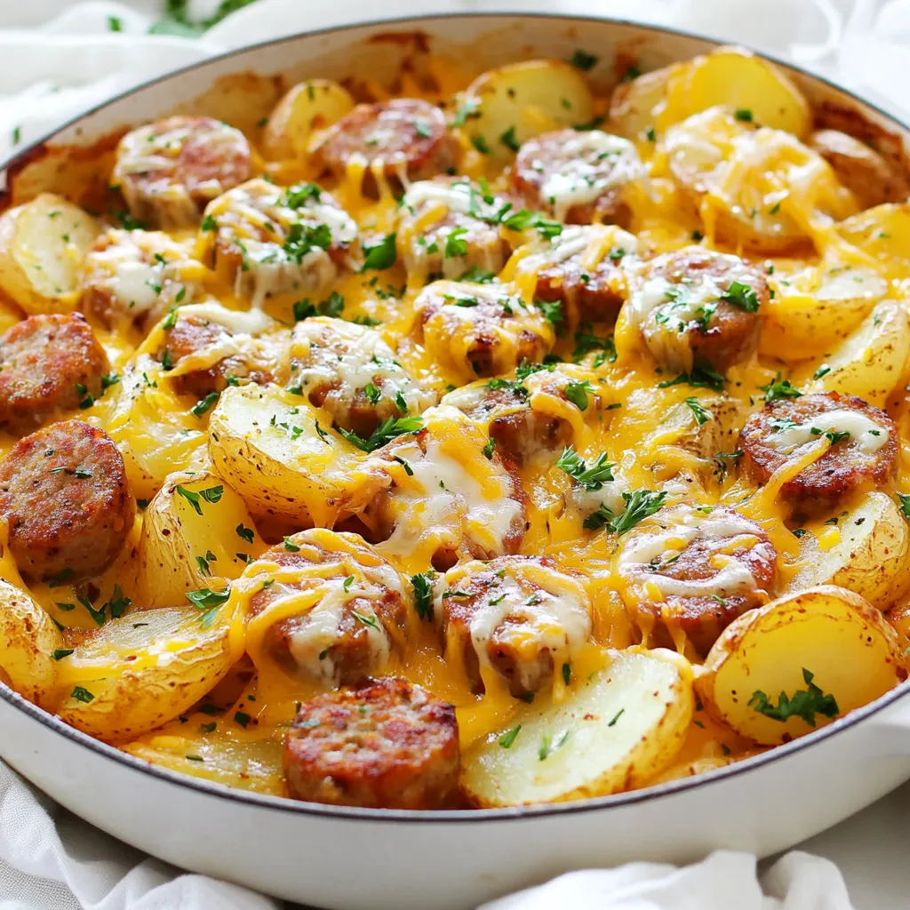 - 1 pound smoked sausage, sliced - 4 medium potatoes, diced into small cubes - 1 medium onion, chopped - 2 cloves garlic, minced - 1 tablespoon olive oil - 1/4 cup ranch dressing - 1 teaspoon paprika - 1/2 teaspoon black pepper - Salt to taste - Fresh parsley, chopped (for garnish) - 1 cup shredded cheddar cheese The ingredients in this Cheesy Ranch Potato Sausage Skillet create a great blend of taste and texture. Start with the smoked sausage. It gives your dish a rich, hearty flavor. The diced potatoes add a nice bite, while the onion and garlic give it depth. For the seasonings, ranch dressing is key. It adds creaminess and bold taste. Paprika and black pepper give just the right kick. Salt helps to bring all those flavors together. Do not forget the cheese! The cheddar cheese melts beautifully and adds a gooey richness to the dish. Fresh parsley on top not only looks nice but also adds a hint of freshness. This mix of ingredients makes your skillet a true delight. You can easily adapt it to your taste if you want. {{ingredient_image_1}} - Heat olive oil in the skillet over medium-high heat. - Add potatoes, salt, and paprika to the skillet. Stir well. - Cook for about 10-15 minutes until the potatoes turn golden and tender. - Add the chopped onion and sliced sausage to the skillet. - Cook together for 5-7 minutes. Stir often. - Ensure the sausage is browned and the onions are soft and translucent. - Lower the heat to medium and stir in minced garlic. - Cook for 1-2 minutes until fragrant. - Drizzle in the ranch dressing and toss everything to combine. - Cook for an additional 2-3 minutes to let the flavors meld. - Sprinkle the shredded cheddar cheese on top of the mixture. - Cover the skillet with a lid and cook for 3-5 minutes. - Allow the cheese to melt and become bubbly. - Once melted, remove from heat and garnish with fresh parsley. For this skillet dish, I recommend using russet potatoes. They are starchy and will give you a nice, fluffy texture. You can also use Yukon gold potatoes for a creamier feel. To get even browning, cut the potatoes into small, uniform cubes. This way, they cook at the same rate. Stir them often while cooking to prevent sticking and burning. This cheesy ranch potato sausage skillet pairs well with a simple side salad. A fresh green salad with a light vinaigrette balances the richness of the dish. You can also serve it with steamed veggies like broccoli or green beans for added color and nutrients. For garnishing, sprinkle fresh parsley on top. It adds a pop of color and freshness. You can also add sliced green onions for extra flavor and crunch. To save time, you can precook the potatoes. Boil them for about 10 minutes, then cool and cube them. This cuts down the skillet cooking time. Another great tip is to slice the sausage ahead of time. If you meal prep for the week, this dish is easy to assemble quickly on busy nights. Just combine your prepped ingredients and follow the cooking steps. Pro Tips Choose the Right Sausage: For a flavorful dish, opt for a smoked sausage with a good seasoning blend. Kielbasa or andouille sausages work great! Perfect Potato Texture: Make sure to cut the potatoes into uniform cubes to ensure even cooking. Parboiling them for a few minutes can also speed up the cooking process. Customize Your Cheese: While cheddar is delicious, feel free to mix in other cheeses like mozzarella or pepper jack for an extra kick and creaminess. Herb Variations: Experiment with different herbs and spices, such as thyme or Italian seasoning, to elevate the flavor profile of your skillet dish. {{image_2}} You can swap the sausage for chicken or turkey. This change keeps the dish light and tasty. If you want a meat-free meal, use plant-based sausage. It gives a similar texture and flavor, making it a great choice for vegetarians. Try changing the ranch dressing to a different dressing for new flavors. A zesty Italian dressing adds a nice twist. You can also add spices like cumin or herbs like thyme. These changes can give your dish a whole new taste. Using different types of cheese can change the flavor too. Try mozzarella or pepper jack for a fun kick. For a dairy-free option, use vegan cheese. It melts well and keeps the dish creamy without dairy. To keep your Cheesy Ranch Potato Sausage Skillet fresh, store it in the fridge. Use an airtight container. Glass or plastic containers with tight lids work best. Make sure it cools down before sealing it. This way, it stays tasty for up to three days. When you want to enjoy leftovers, reheat gently. The microwave is quick, but it can dry out the dish. Instead, use a skillet on low heat. Add a splash of water or ranch dressing to keep it moist. Stir often until heated through. This keeps all the flavors alive. Yes, you can freeze this dish! Just let it cool completely first. Use a freezer-safe container or a heavy-duty freezer bag. Label it with the date. To defrost, move it to the fridge overnight. Reheat in a skillet, adding a little water or dressing to help it warm evenly. Cheesy Ranch Potato Sausage Skillet lasts about 3 to 4 days in the fridge. Store it in an airtight container. Make sure to let it cool before you seal it. This helps keep the flavors fresh and tasty. Yes! You can cook this dish in advance. Prepare it, then let it cool. Store it in the fridge for up to 3 days. When you are ready to eat, just reheat it on the stove or in the microwave. If you want to swap out ranch dressing, try these options: - Italian dressing for a zesty twist - Blue cheese dressing for a richer flavor - Homemade yogurt sauce for a lighter choice Yes, you can make this recipe in the oven. Here’s how: 1. Preheat your oven to 375°F (190°C). 2. Follow the skillet steps but transfer everything to a baking dish before adding the cheese. 3. Cover with foil and bake for 30 minutes. Remove the foil and add cheese. Bake for an extra 10 minutes until bubbly. This dish is great for meal prep! Here are some ideas: - Divide the skillet into single servings for easy lunches. - Pair it with a salad for a full meal. - Serve with crusty bread for added texture. This skillet dish combines smoked sausage, seasoned potatoes, and melted cheese for a tasty meal. You can easily swap ingredients, use different dressings, or change up the cheese. Store leftovers well and reheat them for the best flavor. This recipe is adaptable for your needs and quick to make, making it perfect for busy days. Enjoy creating your own version that suits your taste!