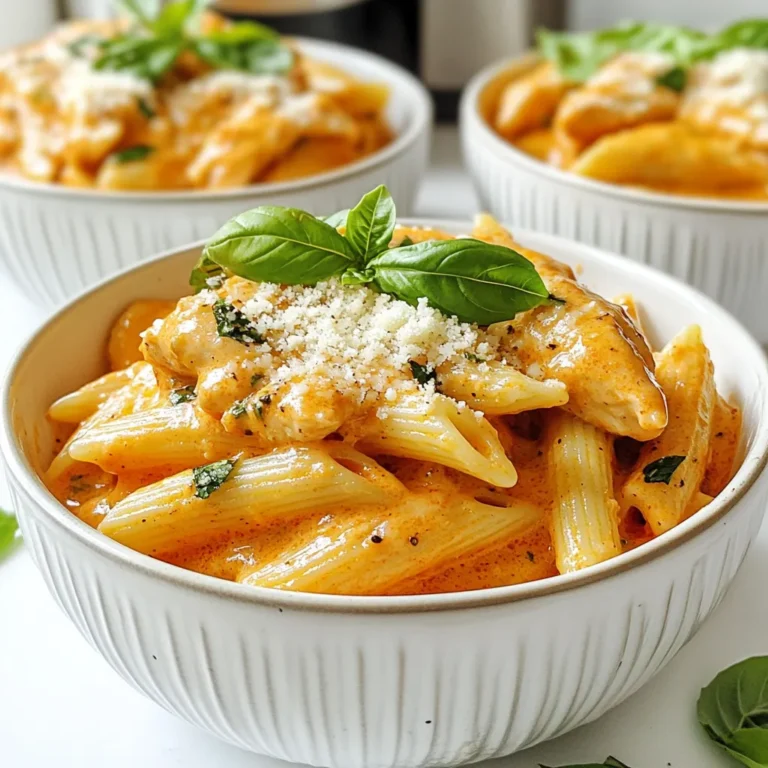 - 12 oz penne pasta - 2 tablespoons olive oil - 1 pound chicken breast, cubed - Salt and pepper to taste - 3 cloves garlic, minced - 1 can (28 oz) crushed tomatoes - 1 cup heavy cream - 1 teaspoon dried oregano - 1 teaspoon sugar - 1/2 cup grated Parmesan cheese - 1/4 cup fresh basil, chopped These ingredients form the heart of Chicken Penne Alla Vodka. The penne pasta holds the sauce well, while the chicken brings protein. Olive oil adds richness, and garlic gives a nice aroma. Crushed tomatoes make the sauce flavorful and vibrant. Heavy cream gives it that creamy texture we all love. Oregano and sugar balance the flavors. Finally, Parmesan cheese and fresh basil elevate the dish. - 1 teaspoon red pepper flakes (optional) If you like a bit of heat, add red pepper flakes. They give the dish a nice kick. It’s a simple way to change the flavor profile, making it more exciting. - Large pot for boiling pasta - Large skillet for cooking chicken and sauce - Colander for draining pasta - Wooden spoon for mixing These tools make cooking easier. A large pot helps boil the pasta perfectly. A skillet is key for sautéing chicken and making the sauce. A colander helps drain pasta without mess. Lastly, a wooden spoon is great for mixing everything smoothly. {{ingredient_image_1}} To start, fill a large pot with water. Add a good amount of salt to the water. Bring it to a boil over high heat. Once boiling, add 12 ounces of penne pasta. Cook it according to the package instructions until al dente. This usually takes around 10-12 minutes. Once done, drain the pasta in a colander. Make sure to set it aside while you prepare the rest. Next, grab a large skillet. Add 2 tablespoons of olive oil and heat it over medium heat. Cut 1 pound of chicken breast into cubes. Season the chicken with salt, pepper, and red pepper flakes if you like a kick. Cook the chicken for about 5-7 minutes. You want it golden brown and cooked through. Once done, remove the chicken from the skillet and set it aside. In the same skillet, add 3 cloves of minced garlic. Sauté it for about 30 seconds until you can smell the aroma. Now, pour in a 28-ounce can of crushed tomatoes. Bring it to a simmer. Stir in 1 cup of heavy cream, 1 teaspoon of dried oregano, and 1 teaspoon of sugar. Let this simmer for about 5 minutes. The sauce will thicken slightly and become rich and creamy. Finally, return the chicken to the skillet. Add the drained penne pasta and 1/2 cup of grated Parmesan cheese. Toss everything well until all the pasta is coated in the sauce. To get the chicken just right, choose fresh, boneless chicken breast. Cut it into small cubes. This helps it cook evenly. Season with salt, pepper, and optional red pepper flakes. Heat olive oil in a skillet over medium heat. Cook the chicken for about 5-7 minutes. Look for a nice golden brown color. Remove the chicken and set it aside to keep it juicy. When you cook the penne, make sure it’s al dente. This means it should be firm to the bite. Drain the pasta but don’t rinse it. The starch helps the sauce stick. Combine the pasta with the sauce and cooked chicken in the skillet. Toss gently, so every piece gets coated. This way, you’ll have a creamy and flavorful bite each time. Timing is key for a great meal. Start cooking the pasta first. While it cooks, sauté the chicken. After that, prepare the sauce. This ensures everything is hot and fresh when it’s time to serve. Once you mix the pasta, chicken, and sauce, let it sit for a minute. This helps the flavors meld together. Serve right away for the best taste. Pro Tips Use Fresh Ingredients: Fresh basil and garlic can significantly enhance the flavor of your dish. Whenever possible, opt for fresh over dried. Perfect Pasta Cooking: For the best pasta texture, cook it until al dente and remember to reserve a bit of pasta water to adjust the sauce consistency if needed. Balance the Flavors: Taste your sauce before serving. If it’s too acidic from the tomatoes, add a pinch more sugar to balance it out. Cheese Choices: While Parmesan adds great flavor, consider mixing in other cheeses like mozzarella or ricotta for a creamier texture. {{image_2}} You can easily make Chicken Penne Alla Vodka vegetarian. Instead of chicken, use cubed tofu or mushrooms. Both options add great texture. Tofu absorbs flavors well, while mushrooms bring an earthy taste. Cook them just like you would the chicken. You can switch up the sauce for new tastes. Try a spicy arrabbiata or a creamy alfredo. Each sauce gives a fresh spin on the dish. For a twist, mix vodka sauce with pesto for a vibrant green color and flavor. Boost your dish with more ingredients. Spinach, bell peppers, or peas add color and vitamins. You can also toss in artichoke hearts for a fun texture. These add-ins not only enhance flavor but also make the dish more filling. After you enjoy Chicken Penne Alla Vodka, save the leftovers. Let the dish cool down first. Then, place it in an airtight container. Make sure to seal it well. Store the container in the fridge. This way, your pasta stays fresh for up to three days. If you want to keep it longer, freezing is a great option. Use freezer-safe bags or containers. Divide the pasta into single servings for easy thawing. Remove as much air as you can from the bags. Label them with the date and type of dish. You can freeze it for up to three months. When you're ready to eat, reheating is key. For the best taste, use the stove. Pour the pasta into a skillet. Add a splash of cream or water to prevent drying. Heat it over medium heat, stirring often until hot. You can also use the microwave. Just cover the dish and heat in short bursts, stirring in between. Enjoy your lovely meal again! You can use half-and-half. It gives a nice creaminess. If you want a lighter option, try whole milk. For a dairy-free choice, use coconut milk or cashew cream. Each option will change the flavor a bit. Yes, you can use any pasta you like. Bowtie or rigatoni work well too. Make sure to cook it al dente. This helps the pasta hold its shape and texture in the dish. Add more red pepper flakes for heat. You can also use fresh jalapeños. Another option is to include a dash of hot sauce in the sauce. Just adjust based on your heat preference. Enjoy experimenting! In this article, I shared how to make Chicken Penne Alla Vodka. We covered key ingredients and necessary tools to get started. I detailed the steps for cooking the pasta, sautéing chicken, and making the sauce. You also learned tips for perfecting texture and timing. I offered variations for vegetarians and ways to store leftovers. This dish is easy and tasty. I hope you enjoy making it and sharing it with friends and family. Your kitchen can be a fun place with this meal. Dive in and have fun cooking!