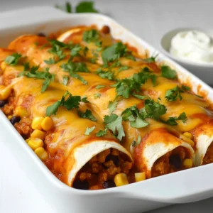- 1 pound ground turkey - 1 can (15 oz) black beans, rinsed and drained - 1 cup corn (fresh or frozen) - 1 small onion, diced - 2 cloves garlic, minced - 1 teaspoon cumin - 1 teaspoon chili powder - 1/2 teaspoon smoked paprika - Salt and pepper to taste - 8 small corn tortillas - 1 cup enchilada sauce (store-bought or homemade) - 1 cup shredded cheddar cheese - Fresh cilantro, for garnish - Sour cream, for serving (optional) Each serving of these enchiladas provides a healthy mix of protein, fiber, and flavor. Ground turkey offers lean protein, while black beans add fiber and nutrients. You will enjoy around 350 calories, 24 grams of protein, and 10 grams of fiber per serving. This meal is filling and nutritious, making it perfect for any night. You can easily swap some ingredients to fit your taste or diet. Here are a few ideas: - Use ground chicken or beef instead of turkey. - Swap black beans for pinto or kidney beans. - Try quinoa or rice instead of beans for a different texture. - Use whole wheat tortillas for extra fiber. - Substitute Monterey Jack cheese for cheddar if you prefer. - Add diced bell peppers for extra color and crunch. These substitutions help you customize the dish while keeping the taste delicious! {{ingredient_image_1}} First, set your oven to 375&deg;F (190&deg;C). This step is key. Preheating ensures even cooking. It allows the cheese to melt nicely and the tortillas to become warm and soft. You want that perfect, bubbly cheese on top. In a large skillet, cook 1 pound of ground turkey over medium heat. Stir it often until it turns brown, about 5 to 7 minutes. If there is fat, drain it out. Next, add 1 small diced onion and 2 minced garlic cloves. Stir these in until the onions are soft and clear, about 3 to 4 minutes. Now add 1 can of black beans, 1 cup of corn, 1 teaspoon of cumin, 1 teaspoon of chili powder, and 1/2 teaspoon of smoked paprika. Season with salt and pepper too. Cook this mix for 4 to 5 more minutes, so all the flavors blend well. Once done, remove it from heat. To make the tortillas soft, wrap them in a damp paper towel. Microwave them for about 30 seconds. You can also heat them in a dry skillet for a few seconds on each side. Now, take one tortilla. Spoon about 1/4 cup of the turkey and bean mix down the center. Roll it up tightly and place it seam side down in a greased 9x13-inch baking dish. Repeat this with the rest of the tortillas and filling. Pour the enchilada sauce over the rolled enchiladas, covering them fully. Finally, sprinkle 1 cup of shredded cheddar cheese on top. Bake in the oven for 20 to 25 minutes until the cheese is bubbly and golden. Garnish with fresh cilantro before serving. If you like, add sour cream on the side. Enjoy your tasty meal! To make the best enchiladas, warm your tortillas. This helps them roll without tearing. I like to wrap them in a damp paper towel and microwave them. It only takes about 30 seconds. The filling needs to be tasty. Mix the ground turkey with spices well. Use cumin, chili powder, and smoked paprika for great flavor. Don&rsquo;t overstuff the tortillas. About 1/4 cup of filling works best. This keeps them neat when rolling. One common mistake is skipping the sauce. Always cover the enchiladas with sauce before baking. This keeps them moist. Another mistake is using cold tortillas. Cold tortillas break easily. Always warm them first. Lastly, don&rsquo;t rush the baking. Bake until the cheese is bubbly and golden. This means they&rsquo;re done! Serve your enchiladas with fresh cilantro on top. It adds color and flavor. A side of sour cream also works well. You can add avocado slices for creaminess. For a crunch, try some tortilla chips. Pair with a simple salad for a fresh touch. Enjoy your meal with a cold drink, like iced tea or soda! Pro Tips Perfect Tortilla Technique: Warm your tortillas before filling to prevent them from cracking. A microwave or dry skillet works wonders! Customize Your Spice: Adjust the chili powder and cumin to suit your taste. If you like it spicier, consider adding diced jalape&ntilde;os or a pinch of cayenne pepper. Cheese Choices: While cheddar is delicious, try using Monterey Jack or a Mexican cheese blend for a different flavor profile. Make Ahead: You can assemble the enchiladas a day in advance. Just cover them tightly in the fridge and bake when ready to serve! {{image_2}} You can easily make this dish meat-free. Replace the ground turkey with one can of extra black beans or a mix of your favorite beans. You can also add more veggies, such as bell peppers or zucchini. This will keep the flavor high and the dish filling. Want more heat? Add some diced jalape&ntilde;os or a splash of hot sauce to the turkey mix. If you like smoky flavors, try adding chipotle peppers in adobo sauce. You can also use a spicy enchilada sauce to amp up the flavor. While cheddar is great, you can mix it up! Try Monterey Jack for a creamier taste. Or use pepper jack for a spicy kick. For a rich flavor, consider crumbled queso fresco. Each cheese brings its own twist to the enchiladas. To store leftovers, let the enchiladas cool first. Place them in an airtight container. You can keep them in the fridge for up to three days. Make sure to cover them well. This keeps the flavor fresh. If you have extra sauce, store it in a separate container. You can freeze the enchiladas for later use. Wrap each enchilada tightly in plastic wrap. Then, place them in a freezer-safe bag. Try to remove as much air as possible. These enchiladas can last in the freezer for up to three months. When you are ready to eat, thaw them overnight in the fridge. To reheat the enchiladas, you have a few options. The best method is the oven. Preheat your oven to 350&deg;F (175&deg;C). Place the enchiladas in an oven-safe dish. Cover them with foil to prevent them from drying out. Heat for about 20 minutes or until hot. You can also use a microwave. Place them on a microwave-safe plate. Heat in 30-second intervals until warm. Enjoy your tasty meal! Yes, you can use other proteins. Ground chicken or beef works great too. You can even try shredded rotisserie chicken for a quick option. If you want a plant-based choice, use lentils or mushrooms. Each protein adds a new taste, so feel free to experiment! Making homemade enchilada sauce is simple. You need canned tomatoes, chili powder, cumin, garlic powder, and onion powder. Blend them together until smooth. Then, heat in a pot for about 10 minutes. This sauce can add a fresh twist to your dish! You can serve these enchiladas with a fresh salad or some rice. A side of guacamole or chips adds crunch too. Try serving sour cream and fresh cilantro on top for extra flavor. These sides make the meal fun and colorful! This blog post covered making delicious ground turkey black bean enchiladas. You learned about the key ingredients, healthy options, and how to swap items if needed. I shared step-by-step instructions for cooking, tips to avoid mistakes, and fun variations to try. Finally, we talked about storing leftovers and common questions. I hope this guide inspires you to create your tasty enchiladas at home! Enjoy cooking and sharing this dish with friends and family.