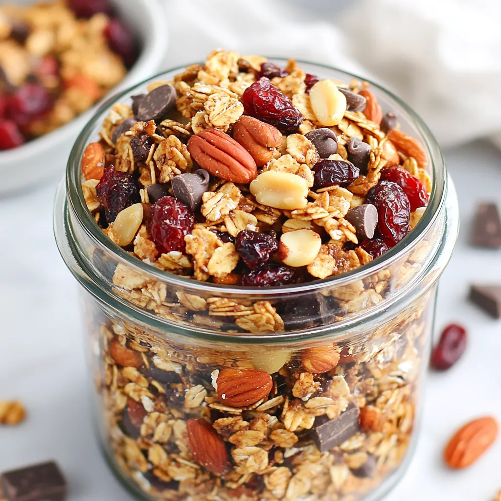 To make Cranberry Chocolate Granola Clusters, you need the following ingredients: - 2 cups rolled oats - 1 cup chopped almonds - 1 cup chopped pecans - 1/2 cup unsweetened shredded coconut - 1/2 cup honey or maple syrup - 1/4 cup melted coconut oil - 1 teaspoon vanilla extract - 1/2 teaspoon cinnamon - 1/2 teaspoon salt - 1 cup dried cranberries - 1/2 cup dark chocolate chips These ingredients create a perfect blend of flavors and textures. The oats make the base, while the nuts add crunch. Dried cranberries give a sweet-tart flavor, and dark chocolate chips add richness. Using honey or maple syrup brings natural sweetness. Coconut oil helps bind everything together while adding a subtle flavor. The vanilla and cinnamon enhance the taste, making it even more delicious. When you gather these ingredients, you set yourself up for a tasty treat. This granola is not only simple to make but also full of nutrients. Plus, it is great for breakfast or as a snack. Enjoy the process of mixing and baking these wholesome ingredients into delightful clusters! {{ingredient_image_1}} - Preheating and Lining the Baking Sheet Start by preheating your oven to 350°F (175°C). This step is key for even baking. Line a baking sheet with parchment paper to prevent sticking. - Combining Dry Ingredients In a large bowl, mix 2 cups of rolled oats, 1 cup of chopped almonds, 1 cup of chopped pecans, and 1/2 cup of unsweetened shredded coconut. Stir these dry ingredients together well. This mix gives your granola texture and flavor. - Mixing Wet Ingredients In another bowl, whisk together 1/2 cup of honey or maple syrup, 1/4 cup of melted coconut oil, 1 teaspoon of vanilla extract, 1/2 teaspoon of cinnamon, and 1/2 teaspoon of salt. Mix until smooth. This wet mix adds sweetness and binds everything together. - Combining Both Mixtures Pour the wet mixture over the dry ingredients. Stir until all the oats and nuts are coated well. This step is crucial for flavor. Then, gently fold in 1 cup of dried cranberries and 1/2 cup of dark chocolate chips. - Spreading and Baking the Mixture Spread the granola mixture evenly on the lined baking sheet. Press it down firmly with a spatula to form a compact layer. This helps create nice clusters while baking. - Baking Time and Temperature Place the baking sheet in the preheated oven. Bake for 25-30 minutes, checking for golden edges. - Stirring Guidelines for Even Baking Stir the mixture halfway through baking. This step helps ensure even browning and crunchiness. - Cooling Process for Clusters Once baked, remove the sheet from the oven. Allow the granola to cool completely on the sheet. This cooling time helps clusters form. - How to Store Granola Clusters After cooling, break the granola into clusters. Store them in an airtight container. They will stay fresh for weeks! - Alternative Nuts and Seeds: You can use walnuts, pecans, or sunflower seeds instead of almonds. These nuts add different flavors and textures. - Sweetener Options: Instead of honey, try maple syrup or agave nectar. Each sweetener brings a unique taste. - Making it Vegan: Use maple syrup and coconut oil to replace honey. This keeps your clusters plant-based. - Ensuring Crunchiness: Press the granola mixture firmly on the baking sheet. This helps form clusters as it bakes. - Avoiding Overbaking: Keep an eye on your granola. Remove it when the edges are golden brown, typically around 25-30 minutes. - Ideas for Pairing: Enjoy your granola with yogurt or milk. It also works well as a topping for smoothie bowls. - Presentation Tips: Serve in a glass jar or bowl. Add extra cranberries and chocolate chips on top for a beautiful look. Pro Tips Use Fresh Ingredients: Always opt for fresh, high-quality nuts and dried fruits to enhance the flavor and texture of your granola clusters. Customize Your Nuts: Feel free to mix and match different nuts such as walnuts or cashews based on your taste preferences for added variety. Monitor Baking Time: Keep an eye on the granola as it bakes; ovens vary, and you want to avoid over-baking which can lead to a burnt taste. Cool Completely: Allow the granola to cool completely before breaking it into clusters to ensure they hold their shape and don't crumble. {{image_2}} You can change up the flavor of your granola clusters. Adding spices like nutmeg or ginger brings warmth. These spices enhance the taste and add a cozy feel. You can also mix in other dried fruits. Dried apples, apricots, or even raisins work well. They add sweetness and a new texture to your clusters. If you want to boost nutrition, try adding superfoods. Chia seeds or flaxseeds are great choices. They pack a punch of omega-3s and fiber. Adding these ingredients makes your clusters a healthy snack. You can also increase the fiber content by using oats. Fiber helps keep you full and satisfied. Chocolate lovers can switch up the type of chocolate used. You could use milk chocolate for a sweeter treat. It melts nicely, adding creaminess to your clusters. Alternatively, you can try white chocolate. This adds a rich, sweet flavor that pairs well with cranberries. Each option changes the taste, so experiment to find your favorite. To keep your cranberry chocolate granola clusters fresh, use airtight containers. This helps to keep moisture out. Glass jars or plastic containers work well. Store them at room temperature. They stay good for about two weeks. If you want them to last longer, consider freezing. How to Freeze Granola Clusters To freeze your granola clusters, first, let them cool completely. Next, place them in a freezer-safe bag or container. Make sure to remove as much air as possible. Label the container with the date. They can last up to three months in the freezer. Thawing and Reheating Tips When you're ready to eat, take the clusters out of the freezer. Place them in the fridge overnight to thaw. If you want them warm, pop them in the oven at 300°F (150°C) for about 10 minutes. This makes them taste fresh again. Enjoy your delicious clusters! To make these tasty clusters, follow these key steps: - Preheat your oven to 350°F (175°C) and line a baking sheet with parchment paper. - In a large bowl, mix rolled oats, chopped almonds, chopped pecans, and shredded coconut. - In a separate bowl, whisk together honey or maple syrup, melted coconut oil, vanilla, cinnamon, and salt. - Pour the wet mix over the dry ingredients. Stir until all ingredients are coated. - Fold in dried cranberries and dark chocolate chips gently. - Spread the mix onto the lined baking sheet, pressing it down to form a compact layer. - Bake for 25-30 minutes until the edges are golden brown. Stir halfway for even baking. - Cool completely on the baking sheet to form clusters. Break into pieces and store in an airtight container. Yes, you can easily make this recipe gluten-free. To do this, choose certified gluten-free rolled oats. You can also use gluten-free substitutes for honey, like agave syrup. Both options will keep the flavor and texture intact. These clusters last about one week at room temperature when stored in an airtight container. For longer freshness, you can store them in the fridge for up to two weeks. If you freeze them, they can last up to three months. Just remember to let them cool completely before storing! You now know how to make tasty cranberry chocolate granola clusters. You have a list of ingredients, clear baking steps, and handy tips. Remember, you can swap in different nuts or sweeteners to fit your taste. These clusters are fun to make and perfect for snacks or breakfast. Keep them in an airtight container for lasting freshness. Don’t hesitate to try your own flavor twists! Enjoy your tasty creation and share it with others. Happy baking!