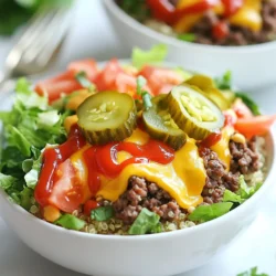 - 1 lb lean ground beef or turkey - 1 cup cooked quinoa (or brown rice) - 1 cup chopped lettuce - 1 medium tomato, diced - ½ cup shredded cheddar cheese - ¼ cup diced pickles - 2 tablespoons ketchup - 2 tablespoons yellow mustard - 1 tablespoon olive oil - Salt and pepper to taste These ingredients are simple and easy to find. You can get most from your local store. The lean meat gives the dish protein. Quinoa adds fiber and nutrients. Lettuce and tomato bring freshness and crunch. The cheese adds creaminess, while pickles bring a tangy touch. Ketchup and mustard mimic a classic cheeseburger taste. - Ground chicken or plant-based meat for a lighter option - Brown rice instead of quinoa for a different grain - Spinach or kale instead of lettuce for added nutrients - Pepper jack cheese for a spicy twist You can mix and match based on your taste. Ground chicken lowers fat while still packing protein. If you want more greens, try spinach or kale. Pepper jack cheese adds a fun kick for those who love spice. - Sliced avocado for creaminess - Red onion for sharp flavor - Your favorite hot sauce for heat Add toppings to make each bowl unique. Avocado gives healthy fats and creaminess. Red onion adds a nice crunch and flavor. Hot sauce can take the dish up a notch if you like spice. Customize it to suit your mood or taste! {{ingredient_image_1}} Start by heating a skillet over medium heat. Add 1 tablespoon of olive oil to the hot skillet. Once the oil is warm, crumble in 1 pound of lean ground beef or turkey. Season the meat with salt and pepper. Cook until the meat is browned and fully cooked, about 7 to 10 minutes for beef. Stir it occasionally to break it apart. If you use turkey, it cooks faster, so check it around 5 to 7 minutes. While the meat cooks, prepare 1 cup of quinoa or brown rice. Follow the package instructions for the best results. Usually, you will need to rinse quinoa before cooking. Use a ratio of 1 part quinoa to 2 parts water. Bring the water to a boil, then lower the heat and cover it. It takes about 15 minutes for quinoa to cook. For brown rice, it may take 30 to 40 minutes. Once done, set it aside. In a large bowl, start with a base of cooked quinoa or brown rice. Add a generous portion of the cooked ground meat on top. Next, layer in 1 cup of chopped lettuce, 1 medium diced tomato, ½ cup of shredded cheddar cheese, and ¼ cup of diced pickles. Drizzle 2 tablespoons of ketchup and 2 tablespoons of yellow mustard over the top. This gives you the classic cheeseburger taste. For extra flavor, consider adding sliced avocado or red onions. Serve the bowl warm, or store it for easy meals later. To boost flavor, use garlic powder and onion powder. These spices add great taste. You can also add smoked paprika for a nice smoky kick. If you like heat, sprinkle in some cayenne or chili powder. Always taste as you go! Adjust salt and pepper to your liking. Meal prep makes this dish easy to enjoy all week. Cook a big batch of quinoa or brown rice ahead of time. Store it in the fridge. Cook the meat in bulk and divide it into portions. This way, you can mix and match your bowls. Keep toppings like lettuce and tomatoes fresh by storing them separately. Serve your cheeseburger bowls in deep bowls for a hearty meal. You can garnish with fresh herbs like parsley or cilantro for color. Whole grain buns on the side can make it feel like a real burger meal. For extra flair, drizzle some hot sauce on top. Enjoy your meal! Pro Tips Choose Lean Meat: Opt for lean ground beef or turkey to keep the dish high in protein while reducing fat content. Cook Quinoa Properly: Rinse quinoa before cooking to remove bitterness and enhance its nutty flavor. Use a 2:1 water-to-quinoa ratio for perfect texture. Customize Your Toppings: Feel free to add other toppings like sautéed mushrooms or jalapeños for a gourmet twist on traditional flavors. Meal Prep Friendly: Make a big batch and portion into containers for quick and easy lunches throughout the week, just reheat before serving. {{image_2}} You can easily make this dish vegetarian or vegan. Instead of meat, use black beans or lentils. They add protein and fiber. You can also use plant-based ground meat, which works well. For cheese, try vegan cheese or skip it altogether. Add more veggies like bell peppers or mushrooms for extra taste. To keep this meal gluten-free, choose quinoa or brown rice as your base. Both are naturally gluten-free. Make sure to check labels on any sauces or toppings you use. Some may contain gluten. Use gluten-free ketchup and mustard to stay safe. If you're cutting carbs, skip the quinoa or rice. Use cauliflower rice as a great substitute. It has fewer carbs and adds volume to the bowl. You can also load up on leafy greens instead. Use spinach or kale as a base for your bowl. This keeps the meal light but still filling. To keep your High Protein Cheeseburger Bowls fresh, store them in airtight containers. Make sure to let the bowls cool to room temperature before sealing. This helps prevent moisture buildup. You can separate the toppings to keep them fresh longer, too. You can safely keep your cheeseburger bowls in the fridge for up to four days. After that, the quality may drop. If you notice any change in smell or texture, it’s best to toss them. Always check before eating leftovers. If you want to save some bowls for later, freezing is a great option. Place the bowls in freezer-safe containers. Make sure to label them with dates so you know when to use them. They will stay good for about three months. When ready to eat, thaw in the fridge overnight and reheat in the microwave. Enjoy your meal prep! This recipe is high in protein because it uses lean ground beef or turkey. One pound of lean ground beef has about 80 grams of protein. If you choose turkey, it has similar amounts. The quinoa also adds protein. One cup of cooked quinoa has about 8 grams. Together, these ingredients pack a protein punch. Yes, you can use other types of meat. Ground chicken works well, too. If you prefer a plant-based option, try lentils or black beans. They provide protein and add unique flavors. Each meat or meat alternative changes the taste and texture, so feel free to experiment. You can make this recipe ahead of time easily. Cook the meat and quinoa in advance. Store them in separate containers in the fridge. You can also chop the veggies ahead of time. When you’re ready to eat, just assemble the bowl. This makes for quick and tasty meals during busy days. Healthy sides add variety to your meal. Consider serving steamed broccoli or green beans. A fresh side salad with mixed greens is also great. You might enjoy sweet potato fries or roasted veggies. These sides complement the cheeseburger bowl well and add more nutrients to your plate. This blog post covered all you need to know to make a tasty cheeseburger bowl. We discussed key ingredients, step-by-step cooking, and how to add your spin. You now have tips for flavor, meal prep, and serving options. We also explored variations for different diets and storage tips for leftovers. Remember, you can tweak this bowl to suit your tastes or dietary needs. Enjoy creating your perfect cheeseburger bowl!