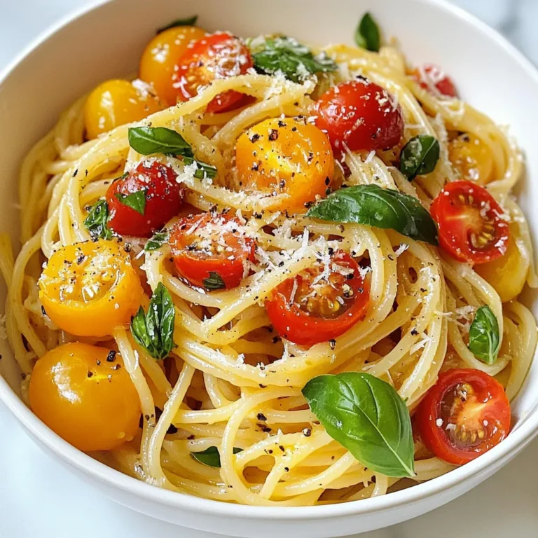 To make Tomato Butter Pasta, you need these simple items: - 8 oz spaghetti or your favorite pasta - 2 cups cherry tomatoes, halved - 4 tablespoons unsalted butter - 3 cloves garlic, minced - 1 teaspoon dried basil (or 1/4 cup fresh basil, chopped) - 1/2 teaspoon red pepper flakes (optional for heat) - Salt and black pepper to taste - Freshly grated Parmesan cheese for serving - Fresh basil leaves for garnish Adding a few garnishes can really elevate your dish. Here are some ideas: - Extra grated Parmesan cheese - A drizzle of olive oil - Crushed red pepper for extra heat - Lemon zest for brightness If you are missing an ingredient, don't worry! Here are some simple swaps: - Use fettuccine or penne if you don’t have spaghetti. - Swap cherry tomatoes for grape tomatoes or diced tomatoes. - Replace unsalted butter with olive oil for a lighter option. - Use garlic powder if you don't have fresh garlic. - Try oregano instead of basil for a different flavor. {{ingredient_image_1}} First, fill a large pot with water. Add a good amount of salt. Bring it to a boil. Once boiling, add 8 oz of your favorite pasta, like spaghetti. Cook according to the package instructions until it is al dente. This usually takes around 8 to 10 minutes. When done, save 1 cup of pasta water. Then, drain the pasta and set it aside. Next, take a large skillet and place it over medium heat. Add 4 tablespoons of unsalted butter. Let it melt slowly. Once melted, add 3 cloves of minced garlic. Stir and cook for about 1 minute. You want the garlic to smell great, not burn. Now, add the halved cherry tomatoes, about 2 cups. Stir them in and cook for 5 to 7 minutes. The tomatoes should soften and look a bit caramelized. Now it’s time to mix! Add the cooked pasta to the skillet with the tomatoes. Toss everything together well. If the sauce seems thick, add some of the reserved pasta water. Start with a little and add more if needed. This water helps make the sauce silky. Lastly, season with salt and black pepper to taste. Serve the pasta hot, topped with freshly grated Parmesan cheese and fresh basil leaves for an extra touch. To boost the flavor of your Tomato Butter Pasta, use ripe cherry tomatoes. They pack a sweet punch. Fresh basil adds a bright taste. If you want heat, add red pepper flakes. They give a nice kick without overpowering. A drizzle of olive oil at the end adds richness. You can also use fresh garlic for extra aroma and taste. Cooking your pasta al dente is key. It should be firm to the bite, not mushy. Reserve some pasta water before draining. This starchy water helps your sauce cling to the pasta. If your sauce is too thick, add a splash of the reserved water. This will make your dish creamy and smooth. Toss the pasta right into the sauce for even flavor. Serve your Tomato Butter Pasta in shallow bowls. This makes it look fancy and allows for easy sharing. Top each serving with a generous sprinkle of Parmesan cheese. Add a fresh basil leaf on top for color. You can also drizzle a little olive oil for shine. A wedge of lemon on the side brightens the dish and adds zest. Pro Tips Use High-Quality Tomatoes: Fresh, ripe cherry tomatoes will enhance the flavor of your pasta dish significantly, giving it a sweet and tangy profile. Don’t Skip the Pasta Water: The reserved pasta water is key to achieving a silky sauce. Add it gradually to control the consistency of the sauce. Experiment with Herbs: While basil is traditional, try adding a pinch of oregano or thyme for a different flavor dimension to your sauce. Perfect Parmesan: Use freshly grated Parmesan cheese for the best melting properties and flavor. Pre-grated cheese often lacks the same richness. {{image_2}} You can easily add protein to your tomato butter pasta. Chicken or shrimp work well. For chicken, cook diced pieces until golden. Add them to the skillet after the garlic. For shrimp, add them when the tomatoes are almost done. Cook until they turn pink. This boosts flavor and makes the dish more filling. Adding vegetables can enhance the dish. Spinach is a great choice. Toss it in during the last minute of cooking. It wilts quickly and adds color. Zucchini is another option. Slice it thin and sauté with the garlic. Both veggies add nutrition and a fresh taste that balances the richness. If you need gluten-free options, choose a gluten-free pasta. There are many types available, like rice or quinoa pasta. Cook them as you would regular pasta. The sauce works great with these options. You still enjoy the rich flavors without gluten. This way, everyone can savor this tasty dish. To keep your leftover Tomato Butter Pasta fresh, let it cool first. Place it in an airtight container. Store it in the fridge. It will last for about three to four days. Make sure to label the container with the date. This way, you won’t forget when you made it. When you're ready to enjoy your leftovers, reheating is easy. You can use a microwave or a stovetop. If using a microwave, put the pasta in a safe bowl. Heat it in short bursts, stirring in between. If using the stovetop, add a splash of water to the pan. Heat it over low heat, stirring often. This keeps the pasta moist and tasty. If you want to save your Tomato Butter Pasta for later, freezing works great. First, cool it down completely. Next, put it in a freezer-safe container or bag. Remove as much air as you can. Label the bag with the date. The pasta will stay good for up to three months. When you're ready to eat it, thaw it in the fridge overnight before reheating. Tomato Butter Pasta is a simple, tasty dish. It combines pasta, cherry tomatoes, and butter. This dish shines with fresh flavors. You cook cherry tomatoes until soft in butter. Then, mix in garlic, basil, and red pepper flakes. The sauce is rich yet light. It coats the pasta perfectly, making each bite delightful. Tomato Butter Pasta stays fresh for about three days in the fridge. Make sure to store it in an airtight container. This keeps the flavors intact and prevents drying. When ready to eat, just reheat it on the stove or in the microwave. Yes, you can make Tomato Butter Pasta ahead of time. Prepare the dish and store it in the fridge. It tastes great even after a day or two. Just remember to save some pasta water. You can add it while reheating to make the sauce creamy again. Tomato Butter Pasta pairs well with many sides. Here are some great options: - A fresh green salad with lemon vinaigrette - Garlic bread or crusty Italian bread - Grilled or roasted vegetables - A light protein, like grilled chicken or shrimp These sides balance the meal and add more flavor. We explored the key ingredients needed for Tomato Butter Pasta, from main components to optional garnishes. I shared simple, step-by-step instructions for cooking and combining flavors. Tips helped you enhance taste and texture, while variations showed how to customize your dish. Finally, I covered storage and common questions to assist you. Now, you have the tools to create this tasty meal. Enjoy your cooking adventure!