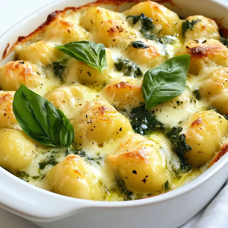 - 1 pound potato gnocchi - 2 cups fresh spinach, chopped - 1 cup basil pesto - 1 cup heavy cream - 1 cup mozzarella cheese, shredded - 1/2 cup Parmesan cheese, grated - 2 cloves garlic, minced - Salt and pepper, to taste - 1 tablespoon olive oil - 1/4 teaspoon red pepper flakes (optional) - Fresh basil leaves, for garnish Potato gnocchi is a star in this dish. It adds a soft texture that pairs well with creamy sauces. Fresh spinach brings color and nutrition. Basil pesto offers a burst of herbal flavor, tying all elements together. Heavy cream makes the bake rich and smooth. Mozzarella and Parmesan cheeses melt beautifully, giving a perfect golden topping. Garlic adds a warm aroma that enhances all flavors. If you can't find potato gnocchi, use store-bought or homemade pasta. For a lighter option, swap heavy cream with half-and-half or a non-dairy cream. You can use kale or Swiss chard instead of spinach. If you want a different cheese, try cheddar or feta for a unique twist. For pesto, homemade versions can be made with other herbs, like cilantro or arugula. {{ingredient_image_1}} Start by gathering all your ingredients. You will need potato gnocchi, fresh spinach, basil pesto, heavy cream, mozzarella cheese, Parmesan cheese, garlic, olive oil, salt, pepper, red pepper flakes, and fresh basil leaves. This dish is quick and easy. You can make it in about 40 minutes. In a large pot, bring salted water to a boil. Add the potato gnocchi and cook them according to the package instructions. Watch for them to float to the top. This means they are done! Use a slotted spoon to take them out and set them aside. This step is key for a perfect texture. In a large skillet, heat olive oil over medium heat. Add minced garlic and sauté it for about one minute. The smell will be amazing! Next, toss in the chopped spinach. Cook until it wilts, which takes about 2 to 3 minutes. In a big mixing bowl, combine the cooked gnocchi, wilted spinach, basil pesto, and heavy cream. Mix it well so the gnocchi is coated evenly. Stir in half of the mozzarella and half of the Parmesan cheese. Season with salt, pepper, and red pepper flakes if you like some spice. Transfer the mixture into a greased 9x13 inch baking dish. Sprinkle the remaining mozzarella and Parmesan cheese on top. Preheat your oven to 400°F (200°C). Bake for 20 to 25 minutes. You want the cheese to be bubbly and golden brown. Once done, take it out of the oven and let it cool for a few minutes. Garnish with fresh basil leaves for color and flavor. Serve it warm and enjoy your creamy pesto spinach gnocchi bake! 1. Use Fresh Ingredients: Fresh spinach and quality pesto bring great flavor. 2. Don't Overcook the Gnocchi: Cook until they float. This means they are ready. 3. Mix Well: Coat the gnocchi evenly with the pesto and cream mixture. 4. Layer Cheese: Add cheese in layers for a rich, gooey texture. 5. Let it Rest: Allow the bake to cool a bit before serving. This helps it set. - Overcooking Spinach: Cook just until wilted. Too long makes it mushy. - Ignoring Seasoning: Don’t forget to add salt and pepper. It boosts flavor. - Not Greasing the Dish: A greased dish prevents sticking and makes serving easier. - Skipping Garnish: Fresh basil adds color and flavor. Use it! - Rushing the Bake: Bake until golden brown for the best taste and texture. - Add Red Pepper Flakes: For a spicy kick, add 1/4 teaspoon to the mix. - Use Garlic Powder: Sprinkle a bit for extra garlic flavor. - Try Different Cheeses: Swap mozzarella or Parmesan with fontina or goat cheese. - Mix in Sun-Dried Tomatoes: These add a tangy depth to the dish. - Experiment with Nuts: Pine nuts or walnuts can add a nice crunch. These tips will help you create a creamy pesto spinach gnocchi bake that shines in flavor and texture. Enjoy exploring these ideas to make it your own! Pro Tips Use Fresh Ingredients: Fresh spinach and high-quality pesto can significantly enhance the flavor of this dish. Customize the Cheese: Feel free to mix different cheeses like fontina or gouda for a unique twist on the flavor. Make it Creamier: For an even creamier texture, you can add a bit of cream cheese or ricotta to the mixture. Leftovers Storage: Store any leftovers in an airtight container in the fridge for up to 3 days; reheat gently to avoid overcooking. {{image_2}} If you want a vegetarian twist, the recipe already fits the bill. The gnocchi, spinach, and pesto make a delightful combo. For a vegan option, swap the heavy cream for coconut milk or a cashew cream. Use vegan cheese instead of mozzarella and Parmesan. These swaps keep the dish creamy and tasty while fitting your dietary needs. You can change the flavors easily. Try sun-dried tomatoes instead of or with spinach for a tangy kick. Swap the basil pesto for sun-dried tomato pesto for a different taste. You might also add some artichoke hearts for a unique flavor. If you want more spice, add more red pepper flakes or use a spicy pesto. To make this dish heartier, add proteins. Chicken or shrimp would work great. Just cook them in the skillet before adding spinach. For a vegetarian protein, add chickpeas or white beans. You can also mix in other veggies. Try bell peppers, zucchini, or mushrooms. These additions bring more color and texture to your creamy pesto spinach gnocchi bake. To store leftovers, let the gnocchi bake cool first. Place it in an airtight container. You can keep it in the fridge for up to three days. Just make sure to seal it tightly to keep it fresh. If you want, you can also cover it with plastic wrap. This keeps moisture in and prevents drying out. To reheat, preheat your oven to 350°F (175°C). Place the leftover gnocchi bake in an oven-safe dish. Cover it with foil to keep it from drying out. Heat for about 15-20 minutes, or until it’s warm all the way through. You can also microwave it. Just use a microwave-safe dish. Heat in short intervals, stirring in between, until hot. You can freeze the gnocchi bake for longer storage. After it cools, cut it into portions. Wrap each portion tightly in plastic wrap. Then place them in a freezer bag. Label the bag with the date. It can last up to three months in the freezer. When ready to eat, thaw it in the fridge overnight. Then you can reheat it as described above. Preparing the Gnocchi Bake takes about 15 minutes. Cooking the gnocchi and assembling the dish is quick. Baking it in the oven adds another 20-25 minutes. In total, you need about 40 minutes from start to finish. This makes it a great option for a weeknight meal. Yes, you can use frozen gnocchi. Just cook them according to the package directions. Frozen gnocchi will still taste great in this dish. They should be tender and soak up the creamy pesto flavor well. This dish pairs well with a simple green salad. A side of garlic bread also complements it nicely. You could even serve it with roasted vegetables for a colorful plate. These sides balance the rich flavors of the bake. Absolutely! This Gnocchi Bake is perfect for meal prep. You can make it ahead of time and store it in the fridge. Simply reheat it when you're ready to eat. It keeps well and tastes great even the next day. This blog post covered all you need to make a tasty gnocchi bake. We discussed ingredients, cooking steps, and helpful tips. I shared ideas for variations and how to store your leftovers too. Remember, you can mix it up with different ingredients to suit your taste. Avoid common mistakes to ensure perfect results. Enjoy your delicious dish!