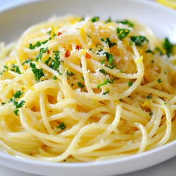- 400g spaghetti - 6 cloves garlic, thinly sliced - 1/2 cup extra virgin olive oil - 1 teaspoon red pepper flakes - 1/4 cup fresh parsley, chopped - Zest and juice of 1 lemon - Salt, to taste - Parmesan cheese shavings (optional for serving) When I make Spaghetti Aglio e Olio, I always focus on fresh ingredients. Each item plays a key role in flavor. The garlic brings warmth, while red pepper adds a nice kick. Fresh parsley brightens the dish, and lemon zest gives it a zesty twist. Good olive oil is a must. It enhances every bite. I often choose extra virgin olive oil for its rich taste. It makes the sauce silky and smooth. I prefer using fresh parsley over dried. Fresh herbs add life and color. You can also adjust the spice level with red pepper flakes. A little goes a long way, so start small. The optional Parmesan cheese gives a savory finish. However, you can skip it for a lighter dish. Keep these ingredients in mind, and you'll create a simple yet flavorful meal. {{ingredient_image_1}} To cook spaghetti well, start with a big pot of water. Add salt to the water; this makes the pasta taste better. Bring the water to a boil. Once boiling, add the spaghetti. Cook it according to the package instructions until it is al dente. This means it should be firm but not hard. To check if it is ready, taste a strand. If it is perfect, reserve about one cup of the pasta water. Drain the spaghetti in a colander. Now, let’s focus on the garlic and oil. In a large skillet, pour in the extra virgin olive oil. Turn the heat to medium. Add the thinly sliced garlic. Cook it gently for about three to four minutes. You want the garlic to be golden and smell good. Be careful not to burn it; burnt garlic tastes bitter. If it starts to brown too fast, lower the heat. This step is key for a rich flavor. With the spaghetti cooked, it’s time to mix everything. Add the drained spaghetti directly to the skillet with the garlic and oil. Toss the pasta well to coat it in the oil. Next, add the red pepper flakes, lemon zest, lemon juice, and chopped parsley. Toss everything together until well mixed. If the pasta looks too dry, add a bit of the reserved pasta water. Do this slowly until you get the right texture. Finally, taste and add salt if needed. Toss it one last time to ensure all the flavors blend together nicely. To adjust the red pepper flakes, start with one teaspoon. If you want more heat, add more. Remember, you can always add, but you can't take away. Fresh herbs like parsley add a bright taste. Always choose fresh over dried for the best flavor. For a beautiful presentation, twirl the spaghetti on the plate. Add a sprinkle of parsley and lemon zest on top. This makes the dish pop. Pair it with a crisp white wine or sparkling water. Both enhance the flavors of the dish. Prep your ingredients ahead of time. Slice the garlic and chop parsley before cooking. This saves time and keeps you organized. Cook the pasta while you make the sauce. This way, everything is ready at once. Pro Tips Use Fresh Garlic: Freshly sliced garlic will give your dish a much more vibrant flavor compared to pre-minced garlic. Always opt for fresh when possible. Adjust the Spice Level: The amount of red pepper flakes can be customized based on your preference for heat. Start with less and add more if desired! Reserve Pasta Water: The starchy pasta water is a key ingredient for achieving the perfect sauce consistency. Don't forget to save it before draining the pasta! Garnish for Flavor: Adding a sprinkle of fresh parsley and Parmesan cheese not only enhances the presentation but also adds depth to the flavor profile of the dish. {{image_2}} You can change ingredients if you want. If you don't have garlic, try shallots. They give a sweet flavor. For olive oil, use avocado oil or canola oil. They work well too. You can also swap spaghetti for other pasta types. Try linguine, fettuccine, or even whole wheat pasta. Each type will give a different taste and texture. Want to make your dish heartier? You can add proteins like shrimp, chicken, or tofu. If you choose shrimp, cook them for about 3-4 minutes until pink. For chicken, cut it into small pieces. Cook it for about 5-7 minutes until done. If you want a plant-based option, tofu is great. Cook it for about 8-10 minutes until golden. If you want to keep it vegetarian or vegan, skip the cheese. You can still enjoy great flavors with fresh herbs. Add vegetables like spinach, cherry tomatoes, or bell peppers. They add color and taste without meat or cheese. Just toss them in with the pasta for a tasty twist. To keep your spaghetti Aglio e Olio fresh, store it in an airtight container. This helps prevent it from drying out. Place the container in the fridge. Your pasta will last about 3 to 4 days when stored this way. If you want to keep it longer, consider freezing it. Just make sure to use freezer-safe containers. Frozen spaghetti Aglio e Olio can last up to 2 months. When it's time to enjoy your leftovers, don't just zap them in the microwave. Instead, heat them on the stove for best results. Add a splash of olive oil or a bit of pasta water to keep the noodles moist. Stir them gently over low heat. This helps to maintain the texture of the pasta. Always avoid high heat; it can make the spaghetti mushy. If you notice it getting too dry, add a little water gradually. This way, you will enjoy a delicious meal just like the first time! Spaghetti Aglio e Olio is a classic Italian dish. It comes from Naples, Italy. The name means "spaghetti with garlic and oil." This dish is simple but very tasty. It uses just a few ingredients. You need spaghetti, garlic, olive oil, and red pepper flakes. Some people add parsley and lemon for extra flavor. The dish has a long history. People have made it for many years. It started as a meal for poor workers. They used what they had on hand. Now, it is loved all around the world. Yes, you can prepare Spaghetti Aglio e Olio ahead of time. To do this, cook the pasta and garlic first. After cooking, let them cool. Store them separately in the fridge. When you're ready to eat, just heat them together. Add the olive oil and seasonings. This way, you save time during busy days. Yes, you can make this dish gluten-free. Many brands offer gluten-free spaghetti. Look for pasta made from rice, corn, or quinoa. These options taste great and cook well. You can use the same recipe with these pasta types. Enjoy a gluten-free version of this tasty dish! This blog post covered how to make Spaghetti Aglio e Olio. We detailed the ingredients needed, step-by-step cooking instructions, and helpful tips for the best flavor. You learned about variations, storage, and reheating methods. Spaghetti Aglio e Olio is easy to prepare and full of flavor. With a few simple tricks, you can create a dish your friends and family will love. Enjoy experimenting with different ingredients and make this dish your own.