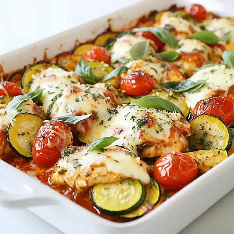 For this tasty Italian Chicken Zucchini Bake, you will need: - 2 large zucchinis, sliced into rounds - 1 lb (450g) boneless, skinless chicken breasts, cut into bite-sized pieces - 1 cup cherry tomatoes, halved - 1 onion, diced - 3 cloves garlic, minced - 1 teaspoon dried oregano - 1 teaspoon dried basil - 1 teaspoon red pepper flakes (optional) - 1 cup marinara sauce - 1 cup shredded mozzarella cheese - 1/2 cup grated Parmesan cheese - 2 tablespoons olive oil - Salt and pepper to taste You can swap some ingredients to fit your taste or diet: - Use yellow squash instead of zucchini for a different flavor. - Swap chicken for turkey or tofu if you prefer. - Use fresh herbs instead of dried for a brighter taste. - Substitute the marinara sauce with pesto for a unique twist. - Try a dairy-free cheese if you're avoiding dairy. Choosing fresh ingredients makes your dish shine: - Look for zucchinis that are firm and smooth. Avoid those with soft spots. - Choose chicken that is pink and has no odor. - Pick cherry tomatoes that are bright and plump. - Select onions that are dry and have a strong scent. - Fresh garlic should be firm and not sprouting. These simple tips will help you create a delicious meal that tastes fresh and vibrant. {{ingredient_image_1}} First, gather all your ingredients. You need two large zucchinis, one pound of chicken, and some tomatoes. Dice one onion and mince three garlic cloves. In a big bowl, mix the zucchinis, onion, and halved cherry tomatoes. Drizzle two tablespoons of olive oil over them. Add salt, pepper, and half a teaspoon each of oregano and basil. Toss everything well to coat. Next, grab another bowl. Here, season the chicken pieces with salt, pepper, and the remaining oregano and basil. If you like heat, add red pepper flakes as well. Mix until the chicken is well-coated. Now, take a 9x13 inch baking dish. Start by layering the zucchini and tomato mix at the bottom. Spread the chicken evenly over this layer. Pour a cup of marinara sauce on top. Make sure to cover the chicken well with the sauce. Next, sprinkle one cup of shredded mozzarella cheese and half a cup of grated Parmesan cheese over everything. This will create a tasty, cheesy crust. Cover the baking dish with aluminum foil. Preheat your oven to 400°F (200°C). Place the dish in the oven and bake for 25 minutes. After 25 minutes, carefully remove the foil. Then, bake it for another 15 minutes. The chicken should be cooked through and the cheese should be bubbly and golden brown. Let the bake rest for about five minutes. This helps the flavors settle. Serve it directly from the dish. For a nice touch, garnish with fresh basil leaves. You can also drizzle a bit of extra virgin olive oil over each serving. Enjoy your easy and delicious Italian Chicken Zucchini Bake! To cook chicken just right, cut it into small, even pieces. This helps it cook fast and evenly. Before mixing, season your chicken well with salt, pepper, and herbs. This boosts the flavor. When you layer it over the veggies, make sure every piece is covered by sauce and cheese. This keeps the chicken moist and tasty. Bake it covered first to lock in the juices, then uncover for a crispy top. Layering is key for a great bake. Start with the zucchini and tomato mix. This forms a nice base. Make sure to spread it out evenly in the dish. Next, add the seasoned chicken on top. This order helps the chicken cook well and soak up the flavors. Finally, pour the marinara sauce over everything. This keeps it moist while it bakes. Finish with cheese on top for that golden, melted finish. You can make this dish your own by changing the herbs and spices. If you love basil, add more! Fresh herbs can bring a bright taste. For a kick, use extra red pepper flakes. Want something different? Try thyme or rosemary instead of oregano. You can also mix in other veggies, like bell peppers or mushrooms, for more flavor. Don’t be afraid to experiment! Pro Tips Even Cooking: To ensure even cooking, try to cut the chicken pieces into uniform sizes. Fresh Herbs: Using fresh basil instead of dried will enhance the flavor of your dish significantly. Extra Crunch: For a crispy topping, add some breadcrumbs mixed with Parmesan cheese before baking. Make-Ahead: You can prepare this dish a day in advance and refrigerate it before baking for easy meal prep. {{image_2}} To make this dish low-carb, swap the zucchinis for cauliflower. Cauliflower adds a nice texture and absorbs flavors well. You can also skip the marinara sauce or use a low-carb version. This keeps the meal light but still very tasty. Feel free to add more veggies to the bake. Bell peppers, spinach, and mushrooms work great. Just chop them up and mix them in with the zucchini. This adds color and boosts the nutrition of your meal. You can also add eggplant or broccoli for more variety. If you want to change the protein, turkey or shrimp are great choices. For a vegetarian option, try using chickpeas or tofu. Both will soak up the sauce and spices well. You can grill or sauté these proteins first for extra flavor. After you enjoy your Italian Chicken Zucchini Bake, store leftovers in an airtight container. This keeps the dish fresh. Let it cool to room temperature first. Then, cover it tightly. You can keep it in the fridge for up to three days. This makes it easy to grab for lunch or dinner later. To reheat, first take the leftovers out of the fridge. Preheat your oven to 350°F (175°C). Place the dish in the oven for about 15-20 minutes. Check to see if it is heated throughout. If you want it faster, you can use the microwave. Heat in 30-second bursts until warm. Be careful, as the dish can get hot. If you want to save some for a longer time, freezing is a great option. Use a freezer-safe container. Freeze the dish after it cools completely. It can last up to three months in the freezer. When you're ready to eat, thaw it overnight in the fridge. Then, follow the reheating instructions. Enjoy a tasty meal anytime! Yes, you can. Prepare the dish up to the baking step. Cover the dish with foil and place it in the fridge. You can keep it there for up to two days. When ready to bake, let it sit for about 15 minutes at room temperature. Then, bake it as directed. This way, you save time on busy days. This dish pairs well with several sides. Here are some great options: - A fresh green salad with vinaigrette. - Garlic bread for a crunchy side. - Steamed rice or quinoa for added fiber. - Roasted vegetables for a colorful plate. These sides enhance the meal and add more nutrients. If you like heat, add more red pepper flakes. You can also use spicy marinara sauce. Another option is to mix in sliced jalapeños or crushed chili peppers. Just be careful not to overpower the other flavors. Start with a little and taste as you go. Adjust based on your spice level. In this blog post, we explored the key ingredients for the Italian Chicken Zucchini Bake. We discussed ingredient substitutions and how to choose fresh items. Then, we detailed step-by-step instructions for preparation, baking, and serving. I shared tips for cooking chicken perfectly and personalizing flavors. Plus, we reviewed variations, storage methods, and answered common questions. You now have all you need to make this dish your own. Enjoy this tasty recipe with friends or family!