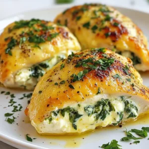 - 4 boneless, skinless chicken breasts - 2 cups fresh spinach, chopped - 4 oz cream cheese, softened - 1/2 cup feta cheese, crumbled - 1/2 cup shredded mozzarella cheese - 2 cloves garlic, minced - 1/2 teaspoon onion powder - 1/4 teaspoon black pepper - 1/4 teaspoon salt - 1 tablespoon olive oil - 1 lemon, juiced - Fresh parsley, for garnish This dish needs fresh and creamy flavors. You want to use fresh spinach to keep it bright. The cream cheese will add richness, while feta gives a tangy kick. The mozzarella melts beautifully, making the filling gooey and delicious. Garlic and onion powder add depth to the taste. You’ll also need chicken breasts that are boneless and skinless. They hold the filling well and cook evenly. A splash of lemon juice adds a zesty touch that brightens the whole dish. Fresh parsley makes for a lovely garnish and adds color. Each serving is packed with protein and healthy fats. The cheese provides calcium, while spinach offers iron and vitamins. This dish is balanced and satisfying, making it great for dinner. - Sharp knife for slicing - Mixing bowl for the filling - Skillet for cooking spinach - Baking dish for roasting - Toothpicks or kitchen twine to secure chicken Having the right tools makes cooking easier. A sharp knife helps you create pockets in the chicken easily. Mixing bowls let you combine the filling well. A skillet is perfect for sautéing the spinach. Lastly, a baking dish will hold everything as it cooks in the oven. {{ingredient_image_1}} Start by preheating your oven to 375°F (190°C). This step warms up the oven, so the chicken cooks well. Gather all your ingredients. You will need chicken breasts, spinach, cream cheese, feta cheese, mozzarella cheese, garlic, and spices. Make sure to chop the spinach and mince the garlic before you begin. In a skillet, heat 1 tablespoon of olive oil over medium heat. Add the minced garlic and sauté for about 1 minute. The garlic should smell nice. Next, add the chopped spinach. Cook it until it wilts, which will take about 2-3 minutes. Once done, remove the skillet from heat and let it cool for a bit. Take each chicken breast and use a sharp knife. Slice it horizontally to create a pocket. Be careful not to cut all the way through. In a bowl, mix the cooked spinach with cream cheese, feta cheese, mozzarella cheese, onion powder, black pepper, and salt. Make sure everything blends well. Now, fill each chicken breast pocket with this tasty mixture. If needed, use toothpicks to hold the filling inside. Place the stuffed chicken in a baking dish. Squeeze fresh lemon juice over the tops of each breast. This adds flavor and keeps the chicken moist. Bake the chicken in your preheated oven for 25-30 minutes. Check that the chicken reaches an internal temperature of 165°F (75°C). Once done, let it rest for 5 minutes. Finally, remove the toothpicks and slice the chicken for serving. To keep chicken moist, start with good quality meat. Choose fresh, boneless, skinless chicken breasts. Use a meat thermometer to check the temperature. Cook to an internal temp of 165°F (75°C). This ensures safe eating while keeping it juicy. Also, let the chicken rest after cooking. This helps the juices spread evenly. For the best filling, use fresh spinach. Cook it until wilted but not mushy. Mix it well with cream cheese, feta, and mozzarella. Each cheese adds its own flavor. Garlic gives a nice aroma. Don’t forget to season with onion powder, salt, and pepper. Taste the filling before stuffing to ensure it’s just right. When securing the stuffed chicken, both toothpicks and kitchen twine work well. Toothpicks are easy to use but can be hard to spot. Make sure to remove them before serving. Kitchen twine can hold the filling better and looks nice for presentation. If you use twine, tie it gently to avoid tearing the chicken. Pro Tips Choose Fresh Spinach: Opt for fresh, vibrant spinach for the best flavor and texture in your stuffed chicken. Avoid wilted or yellowing leaves. Proper Stuffing Technique: Ensure you create a deep pocket in the chicken breasts for ample stuffing. This helps avoid any spillage during cooking. Temperature Check: Always use a meat thermometer to check that the chicken has reached an internal temperature of 165°F (75°C) for safe consumption. Let It Rest: Allow the stuffed chicken to rest for a few minutes before slicing. This helps retain juices, ensuring a moist and flavorful dish. {{image_2}} You can change the cheese for new flavors. Instead of cream cheese, try ricotta or goat cheese. These cheeses add a creamy texture. They also give a unique taste to your chicken. Feta cheese brings a nice salty touch. You can mix in some cheddar for a sharp flavor. Just make sure the cheese melts well. This keeps your stuffing moist and tasty. Want to make it heartier? Add proteins or extra veggies! You can include cooked chicken or turkey in the filling. This adds protein and makes it filling. For veggies, try sun-dried tomatoes or artichokes. They give a nice burst of flavor. You can also add bell peppers for sweetness. The spinach is great, but feel free to swap it for kale or Swiss chard. These changes keep your dish fresh and exciting. You don't have to bake your chicken. Grilling is a tasty option. It adds a smoky flavor that pairs well with the filling. Just be careful not to overcook the chicken. You can also pan-sear it for a golden crust. This method seals in the juices. Cook the chicken on medium heat until it’s done. Both methods give you different textures and flavors. Try them out for a fun twist on the classic dish! After cooking, let the chicken cool. Place it in an airtight container. Store in the fridge for up to three days. Make sure it is sealed well to keep it fresh. When you're ready to eat, simply take it out. If you want to save some for later, freezing works great. Wrap each chicken breast in plastic wrap. Then, place them in a freezer-safe bag. They can last up to three months in the freezer. Don’t forget to label the bag with the date! To reheat, you have a few options. The oven is best for even warmth. Preheat it to 350°F (175°C). Place the chicken in a baking dish and cover with foil. Heat for about 15-20 minutes. You can also use a microwave. Just place the chicken on a microwave-safe plate. Heat it in short bursts, checking often to avoid drying it out. Enjoy your tasty leftovers! You can tell the chicken is done by checking the internal temperature. Use a meat thermometer and make sure it reads 165°F (75°C). The chicken will also look golden brown on the outside. If the juices run clear when you cut into it, that means it's cooked well. Yes, you can prepare the stuffed chicken a day in advance. After stuffing the chicken, cover it and store it in the fridge. This way, it will blend the flavors better. Just remember to bake it right before serving for a fresh taste. This dish pairs well with many sides. Try serving it with roasted vegetables, like carrots, broccoli, or zucchini. A fresh salad with a light dressing also works great. You can even add some rice or quinoa for a heartier meal. To stop the filling from leaking, make sure to seal the chicken well. Use toothpicks to close the openings after stuffing. You can also not cut the chicken pocket too deep, as this helps keep the filling inside. If you bake the chicken at the right temperature, it helps seal the edges too. This recipe for spinach stuffed chicken breast is simple and tasty. It features chicken, spinach, cream cheese, and feta. You learned how to prepare, stuff, and bake the chicken perfectly. With tips for moisture and storage, your dish will stay fresh. Feel free to change up the ingredients for new flavors. Whether you serve it with sides or enjoy it alone, this meal is sure to please. Enjoy cooking and sharing this delicious dish!