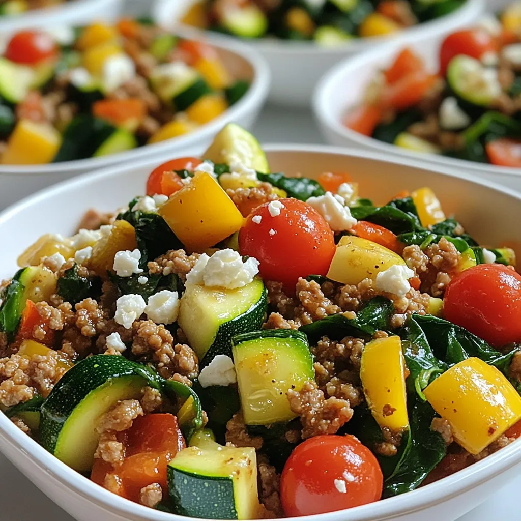 - 1 lb ground turkey - 1 medium zucchini, diced - 1 bell pepper, chopped - 1 cup cherry tomatoes, halved - 1 cup fresh spinach - 2 cloves garlic, minced - 1 medium onion, chopped - 1 teaspoon dried oregano - 1 teaspoon smoked paprika - Salt and pepper to taste - 2 tablespoons olive oil - 1/4 cup low-sodium chicken broth In this recipe, ground turkey serves as a lean protein base. It cooks quickly and absorbs flavors well. Fresh vegetables like zucchini, bell pepper, cherry tomatoes, and spinach add color, texture, and nutrients. The garlic and onion bring depth to the dish, while oregano and smoked paprika enhance the flavor. Olive oil keeps everything moist and adds healthy fats. Chicken broth adds a savory note, making the dish even more delicious. - Crumbled feta cheese - Broth variations You can sprinkle crumbled feta cheese on top for a tangy twist. It adds creaminess and pairs well with the other flavors. If you want to switch things up, you can use vegetable broth instead of chicken broth for a vegetarian option. This keeps the dish light while adding a rich taste. - Skillet - Cooking utensils A large skillet is essential for this recipe. It allows you to cook everything evenly and keep the flavors locked in. Basic cooking utensils like a chopping knife and a spatula will help you prepare and mix the ingredients with ease. With the right equipment, you can whip up this tasty Turkey Veggie Skillet in no time! - Heating the oil: Start by pouring 2 tablespoons of olive oil into a large skillet. Heat it over medium heat until warm. - Sautéing onion and garlic: Next, add 1 medium onion, chopped, and 2 cloves of minced garlic. Stir them for 2-3 minutes. You want them soft and fragrant. - Adding ground turkey: Now, increase the heat to medium-high. Add 1 pound of ground turkey to the skillet. Use a spoon to break it apart as it cooks. - Mixing in seasonings: Season the turkey with 1 teaspoon of dried oregano, 1 teaspoon of smoked paprika, salt, and pepper. Stir well to mix the spices into the turkey. - Cooking zucchini and bell pepper: Toss in 1 medium zucchini, diced, and 1 bell pepper, chopped. Cook them for about 5-7 minutes. Stir occasionally until they soften. - Adding tomatoes and spinach: Finally, add 1 cup of halved cherry tomatoes and 1 cup of fresh spinach. Pour in 1/4 cup of low-sodium chicken broth. Stir gently, cover the skillet, and let it simmer for 3-4 minutes. This will let the spinach wilt and the tomatoes soften. To ensure the turkey is cooked through, use a meat thermometer. Aim for 165°F. This keeps the meat safe to eat. Always break the turkey into small pieces while cooking. This helps it cook evenly. For sautéing vegetables, start with the onions and garlic. Sauté them until soft and fragrant. This builds a great base flavor. Then, add heartier veggies first, like zucchini and bell pepper. They need a bit more time to cook. Finish with softer vegetables, like spinach and tomatoes. They will wilt quickly and add freshness. For a great presentation, serve the Turkey Veggie Skillet in shallow bowls. This makes the dish look inviting. Garnish with fresh parsley or extra feta cheese. It adds color and flavor. When pairing sides, consider crusty bread. It’s perfect for soaking up the juices. You could also serve a light salad on the side. This adds a refreshing crunch to the meal. To boost flavor, try adding spices like cumin or chili powder. These add warmth and depth. You can also use fresh herbs. Basil or cilantro can brighten the dish. Just add them at the end for the best taste. {{image_2}} You can switch up the meat in this dish. Lean ground beef makes a tasty option. It gives a rich flavor while keeping it healthy. Ground chicken is another great choice. Both options cook in a similar way to turkey. For those who prefer plant-based meals, try using a meat substitute. Crumbled tempeh or lentils can replace the turkey. Both options add protein and fiber. They also soak up the flavors of the spices well. The veggies in this skillet are versatile. You can swap zucchini for yellow squash. Both have a similar texture and taste. Broccoli or cauliflower also work well. They add crunch and nutrition. When it's summer, use fresh corn or green beans. In fall, try adding butternut squash or sweet potatoes. Seasonal produce brings great flavors and nutrients. If you want a low-carb meal, skip the starchy vegetables. Focus on leafy greens and bell peppers. They are low in carbs and high in vitamins. For gluten-free options, check the chicken broth. Make sure it’s gluten-free. You can also skip the feta cheese on top if you want. This meal remains delicious without it. After cooking, let the Turkey Veggie Skillet cool down. Store any leftovers in the fridge. Use airtight containers to keep the dish fresh. Glass or plastic containers work great. Make sure to seal them tightly to prevent odors from other foods. Leftovers can stay in the fridge for about 3 to 4 days. If you want to save some for later, freezing is a smart choice. Allow the skillet to cool completely before freezing. Divide it into portions and place them in freezer-safe bags or containers. Squeeze out as much air as you can to prevent freezer burn. When you're ready to eat, thaw it in the fridge overnight. Reheat on the stove or in the microwave until hot. Leftovers from the Turkey Veggie Skillet last about 3 to 4 days in the fridge. If frozen, they can last up to 3 months. Check for signs of spoilage before eating. Look for off smells, changes in color, or a slimy texture. It's best to discard any leftovers that look or smell strange to avoid foodborne illness. Yes, you can use other meats. Ground chicken or lean beef works well. If you want a plant-based option, try using lentils or crumbled tofu. These substitutes offer great protein and keep the dish hearty. You can prep the Turkey Veggie Skillet easily. Chop the vegetables and store them in the fridge. Cook the turkey ahead and keep it in an airtight container. When you're ready to eat, just heat everything in the skillet. This saves time and makes dinner quick. This dish pairs well with many sides. Consider serving it with crusty bread to soak up the juices. A fresh salad adds a nice crunch and balance. You can also enjoy it over rice or quinoa for a filling meal. This blog post explored how to create a delicious Turkey Veggie Skillet. We covered essential ingredients like ground turkey and fresh veggies. The step-by-step instructions will guide you in cooking the dish perfectly. Remember the tips for flavor and presentation to impress at the table. Feel free to customize using different proteins or veggies based on your taste. With proper storage, you can enjoy this meal later. Now, you have all the tools to make a flavorful Turkey Veggie Skillet that fits your needs. Happy cooking!