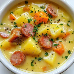 You need 1 pound of kielbasa sausage. Slice it into bite-sized pieces. This sausage adds a rich, smoky flavor. It gives the soup its hearty base. I love using kielbasa because it cooks fast and tastes great. Gather these vegetables: - 4 medium potatoes, diced - 1 large onion, chopped - 2 carrots, diced - 3 cloves garlic, minced You also need seasonings: - 1 teaspoon thyme - 1 teaspoon paprika - Salt and pepper to taste The potatoes bring creaminess. The onion and garlic add depth. Carrots add a sweet touch. Thyme and paprika bring warmth and flavor. These ingredients mix well to create a comforting dish. For liquids, have 4 cups of chicken broth and 1 cup of heavy cream. The broth forms the soup's base. It adds richness and a savory taste. The heavy cream makes it creamy and smooth. You can adjust the cream for your taste. This blend of ingredients creates a warm, filling meal. Each bite is a hug in a bowl! {{ingredient_image_1}} Start by heating 2 tablespoons of olive oil in a large pot over medium heat. Once the oil is hot, add 1 large chopped onion and 3 minced garlic cloves. Sauté them until the onion turns soft and clear, about 5 minutes. This step builds a solid flavor base for your soup. Next, toss in 1 pound of sliced kielbasa sausage. Cook it for around 5 to 7 minutes. You want the sausage to brown slightly. Browned kielbasa adds a nice depth. After that, stir in 2 diced carrots and 4 diced potatoes. Cook for another 3 minutes to soften the veggies. Now, pour in 4 cups of chicken broth. Add 1 teaspoon each of thyme and paprika, plus salt and pepper to taste. Bring the soup to a boil, then lower the heat and let it simmer for 20 minutes. Check the potatoes; they should be soft. Use a potato masher to mash half of the potatoes in the pot. This gives the soup a creamy texture. Stir in 1 cup of heavy cream and heat for another 5 minutes. Adjust the seasonings if needed. Your soup is almost ready to serve! To boost flavor, use fresh herbs. Thyme and parsley brighten the soup. For a richer taste, brown the kielbasa well. This adds depth and a nice texture. If you like creaminess, mash half the potatoes in the pot. This gives the soup a velvety feel. You can also add a splash of lemon juice for a hint of zest. Heat your pot before adding oil. This helps the onion and garlic cook evenly. Stir often to prevent sticking. When adding the broth, ensure it covers the vegetables well. Bring the soup to a boil, then lower the heat. Simmer gently for the best flavor. Taste the soup before serving. Adjust salt and pepper as needed for balance. Serve the soup hot for comfort on cool days. A sprinkle of chopped parsley adds color and freshness. Pair it with crusty bread for a full meal. You can also add a dollop of sour cream on top for extra creaminess. For a fun twist, serve it in bread bowls. This makes the meal even more special! Pro Tips Use Fresh Ingredients: Whenever possible, opt for fresh potatoes and herbs to enhance the flavor of your soup. Adjust Thickness: If you prefer a thicker soup, mash more potatoes or add a bit of cornstarch mixed with water to achieve your desired consistency. Flavor Boost: For an extra layer of flavor, consider adding a splash of white wine after sautéing the kielbasa and onions. Leftover Magic: This soup tastes even better the next day! Store leftovers in the fridge and reheat gently for a quick meal. {{image_2}} You can change some ingredients in Kielbasa Potato Soup. If you want a lighter soup, use turkey kielbasa instead of pork. This swap cuts fat but keeps flavor. You can also use vegetable broth for a vegetarian option. Try using half-and-half instead of heavy cream. This will still give a creamy texture. For a dairy-free soup, use coconut milk. It adds a hint of sweetness and works well with the kielbasa. Feel free to boost the veggie count! Adding celery gives a nice crunch. You can toss in green beans or peas for color. Spinach or kale adds nutrition and a pop of green. Just add these veggies during the last few minutes of cooking. This keeps them bright and fresh. You can also include bell peppers for a sweet note. Diced zucchini or squash adds a soft texture. The more veggies, the more flavors and nutrients in your bowl! If you love heat, spice it up! Add crushed red pepper flakes to the pot. Start with a small amount, then taste as you go. You can also use spicy sausage instead of regular kielbasa. Another great option is to stir in diced jalapeños. They give a fresh kick. For a smoky flavor, try adding chipotle peppers in adobo. This adds depth and warmth to the soup. Just remember, spice can build, so adjust to your taste! To keep your Kielbasa Potato Soup fresh, let it cool first. Pour the soup into an airtight container. Make sure to seal it tightly. You can store it in the fridge for 3 to 4 days. If you want to save it longer, freezing is a good option. When you’re ready to enjoy your soup again, take it out of the fridge. Heat it in a pot over medium heat. Stir it often to avoid sticking. If it seems thick, add a little bit of broth or water. You can also microwave it. Just cover it loosely and heat in short bursts. To freeze your soup, use a freezer-safe container. Leave some space at the top for expansion. You can also use freezer bags. Just flatten them for easy storage. Kielbasa Potato Soup can last up to 3 months in the freezer. When you’re ready to eat, thaw it in the fridge overnight before reheating. This keeps the flavor and texture nice. Yes, you can. If you want a different taste, try smoked sausage or turkey sausage. Both options add unique flavors to the soup. You can also use spicy sausage for an added kick. Just remember that different sausages may change the soup's flavor. To make Kielbasa Potato Soup healthier, consider these tips: - Use low-fat milk instead of heavy cream. - Add more vegetables like spinach or kale for nutrition. - Choose leaner sausage options, such as turkey or chicken sausage. - Reduce the amount of salt and use herbs for flavor. These changes will help keep the creamy taste but lower the calories. This soup pairs well with several sides. Here are my favorites: - Crusty bread for dipping. - A fresh garden salad for crunch. - Grilled cheese for comfort. Try these options to complete your meal and enjoy every bite! This blog post covered making a delicious Kielbasa potato soup. We explored key ingredients like sausage, vegetables, and useful liquids. I shared step-by-step instructions to guide you through the cooking process. Tips for flavor and texture improvements were provided, along with ways to vary the recipe. Remember, you can customize this soup to fit your taste. Experiment with ingredients and enjoy the warm, satisfying meal. Now, gather your supplies and start cooking! You’ll love each spoonful of your homemade soup.