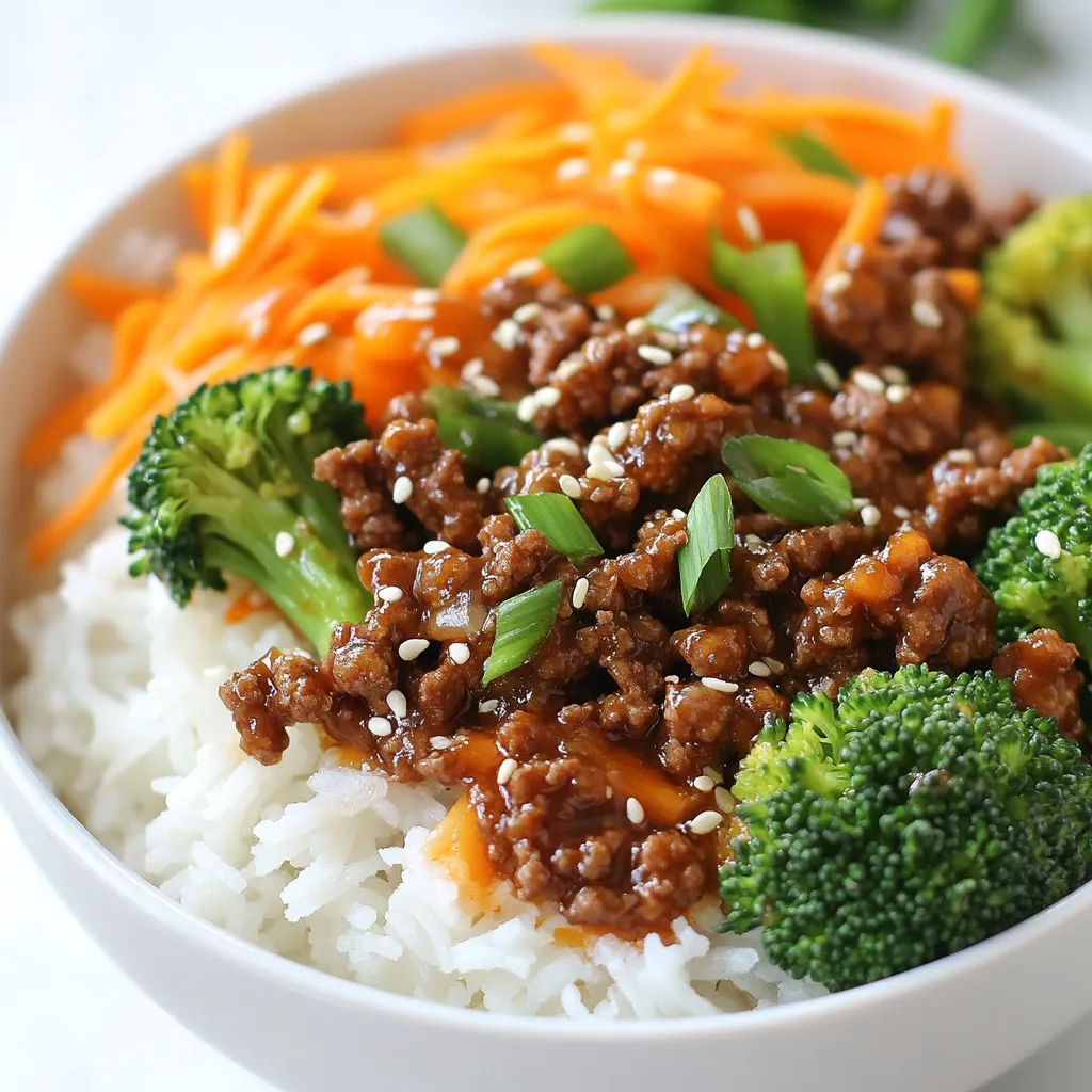 - 1 pound ground beef - 1 tablespoon sesame oil - 1/4 cup soy sauce - 1 tablespoon gochujang (Korean red chili paste) - 3 cloves garlic, minced - 1 inch piece ginger, grated - 2 tablespoons brown sugar - 1/2 cup shredded carrots - 1/2 cup steamed broccoli florets - 2 green onions, chopped - Sesame seeds for garnish Gathering your ingredients is vital for a smooth cooking process. The ground beef forms the heart of this dish, providing rich flavor and protein. Sesame oil adds a nutty aroma, enhancing the overall taste. Soy sauce introduces umami, while gochujang brings a delightful kick. For a fragrant base, use minced garlic and grated ginger. These ingredients not only boost flavor but also offer health benefits. Brown sugar balances the heat with sweetness. You can customize your veggies too. Shredded carrots and steamed broccoli add color and nutrition. Don’t forget the garnishes! Chopped green onions and sesame seeds bring a pop of freshness and texture. Having everything prepared before you start will make cooking easier and more enjoyable. {{ingredient_image_1}} 1. Heating oil and sautéing aromatics: Start by heating 1 tablespoon of sesame oil in a large skillet over medium heat. This oil gives a nice nutty flavor. Next, add 3 cloves of minced garlic and a 1-inch piece of grated ginger. Sauté them for about 1 minute until they smell amazing. 2. Cooking ground beef: Increase the heat to medium-high. Now, add 1 pound of ground beef to the skillet. Cook it for about 5-6 minutes. Use a spatula to break the beef apart as it cooks. You want it nice and browned. 1. Mixing in sauces and seasonings: Once the beef is browned, stir in 1/4 cup of soy sauce, 2 tablespoons of brown sugar, 1 tablespoon of gochujang, and 1/2 teaspoon of black pepper. The gochujang adds a great kick. 2. Adjusting flavor and consistency: Cook this mixture for another 2-3 minutes. This lets the flavors blend well. The sauce should thicken slightly, creating a rich coating for the beef. 1. Layering rice and beef mixture: To put it all together, start with a bowl of cooked rice. You can use white, brown, or jasmine rice. Scoop a generous amount of the beef mixture on top of the rice. 2. Adding vegetables and garnishes: Next, add some color! Sprinkle shredded carrots and steamed broccoli over the beef. Finish with sesame seeds and a few chopped green onions for garnish. This adds a lovely crunch and makes the dish look beautiful. To get the best beef texture, use a hot skillet. This helps the beef brown nicely. Browned meat adds flavor and a nice look. Break the meat apart as it cooks. This keeps it tender and juicy. Stir often for even cooking. Flavor melding is key. After adding sauces, let the mixture cook for a few minutes. This allows the flavors to mix well. The sauce should thicken slightly, which makes it richer. Once done, add green onions for a fresh note. For festive occasions, think color! Use bright bowls and arrange the food nicely. Layer rice, beef, and veggies for a pretty look. Adding sesame seeds on top makes it shine. You can also serve extra sesame seeds on the side for guests. Pair these bowls with simple side dishes. A fresh salad or pickled vegetables work great. They add crunch and balance the meal. A cold drink, like iced green tea, complements the flavors well. If you want to switch from ground beef, try ground turkey or chicken. These options work well in this recipe and keep it light. For a vegetarian twist, use crumbled tofu or tempeh. Both soak up flavors and offer a hearty bite. If you need a low-sodium option, look for low-sodium soy sauce. It still gives that savory taste without too much salt. You can also use tamari for a gluten-free choice. Pro Tips Use Lean Ground Beef: Opt for lean ground beef (90% lean or higher) to reduce excess fat and make your dish healthier without sacrificing flavor. Adjust Spice Level: If you prefer a milder flavor, reduce the amount of gochujang or omit it entirely. You can always add a little at the end to taste. Meal Prep Friendly: This dish is great for meal prep! Cook a larger batch and store it in the refrigerator for up to 4 days or freeze for longer storage. Fresh Herb Garnish: Enhance the flavor and presentation by adding fresh herbs like cilantro or mint alongside the green onions for a fresh twist. {{image_2}} You can switch up the protein in these bowls. Use ground chicken or turkey instead of beef. These options are leaner. They also soak up flavor well. If you want a meatless meal, try tofu. Firm tofu works best. Crumble it and sauté it like ground beef. This choice is high in protein and works great with the sauce. You can make these bowls as spicy as you like. Adjust the gochujang based on your taste. Start with less if you prefer milder flavors. You can add extra chili flakes for more heat. Just sprinkle them on top when serving. This way, everyone can enjoy their meal at their spice level. Feel free to mix in different veggies. Bell peppers and snap peas add color and crunch. You can also use seasonal vegetables. In summer, zucchini or corn work great. In fall, consider adding squash. This makes your meal fresh and fun. It also adds more nutrients to your bowls. To keep your Korean ground beef bowls fresh, store leftovers in the fridge. Use airtight containers to prevent moisture loss. Make sure to cool the food to room temperature before sealing it. This helps keep flavors intact and prevents bacteria growth. Your leftovers will stay good for about three to four days. You can freeze assembled bowls for later meals. Pack them in freezer-safe containers, leaving some space for expansion. When you’re ready to eat, thaw the bowls in the fridge overnight. To heat, use a microwave until hot, stirring halfway for even cooking. You can also reheat them on the stove over low heat. In the fridge, your Korean ground beef bowls last for three to four days. In the freezer, they can stay fresh for up to three months. Just remember to label your containers with dates. This way, you can enjoy them at their best quality. Gochujang is a thick, red chili paste from Korea. It has a nice spicy and sweet flavor. I use it to add depth to my dishes. It’s made from red chili powder, glutinous rice, fermented soybeans, and salt. This paste adds warmth and richness to the beef. Benefits of using gochujang include: - Adds unique flavor - Enhances the taste of sauces - Provides a mild heat - Pairs well with various ingredients You can mix gochujang into marinades or sauces. Start with a small amount, then taste as you go. Yes, you can make Korean Ground Beef Bowls ahead of time. This dish stores well in the fridge. It’s a great option for meal prep. Tips for meal prepping include: - Cook the beef mixture and cool it before storing. - Keep rice and vegetables separate until serving. - Use airtight containers to keep the food fresh. When you are ready to eat, warm the beef and rice. You can add fresh veggies right before serving for crunch. You can serve many side dishes with these bowls. They add variety and taste to your meal. Suggestions include: - Kimchi for a tangy kick - Steamed dumplings for extra flavor - A light salad with sesame dressing - Cold cucumber salad for freshness For beverages, I recommend iced green tea or a light lager. These pair nicely with the rich flavors of the dish. Korean Ground Beef Bowls are a tasty dish you can easily make. We covered the key ingredients like ground beef, sesame oil, and gochujang. I shared steps to cook and mix flavors well. Remember, tips for great texture and vibrant presentation make a big difference. You can even switch out proteins and veggies to suit your taste. Storing leftovers correctly keeps your meals fresh. Try these ideas and feel free to customize. Enjoy your cooking journey!