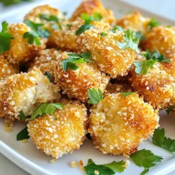 - 2 chicken breasts, cut into bite-sized pieces - 1 cup all-purpose flour - 1 teaspoon garlic powder - 1 teaspoon onion powder - ½ teaspoon paprika - Salt and pepper, to taste - 1 large egg - 1 cup bread crumbs (preferably panko for extra crunch) - ½ cup grated Parmesan cheese - 2 cloves garlic, minced - 2 tablespoons fresh parsley, chopped - Olive oil, for frying You can swap the chicken breasts for chicken thighs. They stay juicy and tender. If you need gluten-free, use almond flour or gluten-free bread crumbs. For a lower-carb option, try crushed pork rinds instead of bread crumbs. You can also replace Parmesan cheese with nutritional yeast for a dairy-free choice. You will need a few tools to make these chicken minis. Gather a medium mixing bowl for your dry mix. You’ll also need a second bowl for the egg and a third for the bread crumbs. A large skillet is key for frying. Use a meat thermometer to check the chicken's doneness. Don't forget some paper towels to drain the excess oil after cooking! {{ingredient_image_1}} 1. Start with clean hands. Cut 2 chicken breasts into small, bite-sized pieces. 2. In a medium bowl, mix 1 cup of flour, 1 teaspoon garlic powder, 1 teaspoon onion powder, ½ teaspoon paprika, and a pinch of salt and pepper. Set this bowl aside. 3. In another bowl, beat 1 large egg until smooth. 4. In a third bowl, combine 1 cup of bread crumbs, ½ cup grated Parmesan cheese, 2 minced garlic cloves, and 2 tablespoons chopped parsley. Mix well. 5. Take each chicken piece. First, dip it into the flour mix. Shake off any extra flour. 6. Next, dip the chicken into the egg, covering it completely. 7. Lastly, roll the chicken in the bread crumb mix until it is well coated. 8. Heat olive oil in a large skillet over medium heat. Ensure the oil is hot before adding chicken. 9. Place the chicken pieces in batches into the skillet. Do not overcrowd the pan. 10. Cook each side for 4-5 minutes. The chicken should turn golden brown and reach an internal temperature of 165°F (75°C). 11. Once cooked, transfer the chicken minis to a paper towel-lined plate to absorb extra oil. 12. Serve warm with marinara sauce or your favorite dipping sauce. - Use panko bread crumbs for extra crunch. They make a big difference. - Make sure to shake off excess flour and egg. This helps the breading stick better. - Press the chicken into the bread crumbs firmly. This ensures a thick, even coating. - Heat your oil well before adding chicken. This helps create a nice crust. - Do not flip the chicken too soon. Let it cook until golden brown on one side first. - If you cook in batches, keep the first batch warm in the oven at low heat. This keeps them crispy. One mistake is not seasoning enough. Be sure to add salt and pepper to the flour mix. This step boosts flavor. Another mistake is overcrowding the pan. This can cause the chicken to steam instead of fry. Always cook in small batches. Finally, don’t skip the resting step. Let the chicken sit on paper towels to drain excess oil. This keeps them crispy. To boost flavor, you can add more herbs. Try mixing in thyme or oregano for a fresh twist. A pinch of cayenne pepper brings heat. Consider using fresh herbs instead of dried ones for a bolder taste. You can also toss in some lemon zest. It adds brightness and pairs well with garlic and Parmesan. For dips, marinara sauce is a classic choice. It’s tangy and complements the chicken well. Ranch dressing is another crowd-pleaser. You can also try honey mustard for a sweet kick. As for sides, a crisp salad pairs nicely. You could also serve with garlic bread for a full meal. Consider roasted veggies for a healthy touch. Pro Tips Use Panko Breadcrumbs: For an extra crunch, opt for panko breadcrumbs instead of regular breadcrumbs. They create a delightful texture that enhances the overall eating experience. Don’t Overcrowd the Pan: When frying the chicken, cook in batches to avoid overcrowding. This helps maintain the oil temperature, ensuring a crispy exterior and perfectly cooked chicken. Check the Internal Temperature: Ensure your chicken reaches an internal temperature of 165°F (75°C) for safe consumption. A meat thermometer is a handy tool to guarantee doneness. Experiment with Seasonings: Feel free to customize the seasoning blend in the flour or breadcrumbs. Adding herbs like oregano or spices like cayenne can elevate the flavor profile of your chicken minis. {{image_2}} You can change the coating for different diets or tastes. For a gluten-free option, use gluten-free flour and bread crumbs. This swap keeps the crunch while being friendly to those avoiding gluten. If you want spice, add cayenne pepper or chili powder to the flour mix. This gives your chicken a nice kick. Adding veggies or cheese makes these chicken minis even better. You can mix in finely chopped spinach or bell peppers into the bread crumb mix. This adds flavor and nutrition. For cheese lovers, try adding shredded mozzarella or cheddar to the bread crumb mix too. It melts and makes each bite cheesy and delightful. To turn these chicken minis into a meal prep dish, make a larger batch. Cook your chicken and let it cool. Then, store them in containers with your favorite sides, like rice or veggies. You can easily reheat them during the week for quick meals. Just remember to keep some dipping sauce on hand for a tasty touch! To keep your Garlic Parmesan Chicken Minis fresh, place them in an airtight container. Make sure they cool down to room temperature before sealing. This helps keep moisture out and prevents sogginess. Store the container in the fridge for up to three days. If you want to keep them longer, freezing is a great option. When you're ready to enjoy your leftovers, reheating is simple. Preheat your oven to 350°F (175°C). Place the chicken minis on a baking sheet. Heat for about 10-15 minutes, or until they are warm. You can also use an air fryer for extra crispiness. Just heat them at 375°F (190°C) for 5-7 minutes. Avoid using the microwave, as it can make the chicken soggy. For long-term storage, freezing is your best bet. First, let the chicken minis cool completely. Then, arrange them in a single layer on a baking sheet. Freeze them for about an hour. This prevents them from sticking together. After they are frozen, transfer them to a freezer bag. Remove as much air as possible before sealing. They can last up to two months in the freezer. When you’re ready to eat, thaw them in the fridge overnight before reheating. To know if the chicken is cooked, check its color. The inside should be white, not pink. Use a meat thermometer for the best accuracy. The safe internal temperature is 165°F (75°C). This ensures it is safe to eat. Cooking time is about 4-5 minutes per side. Keep an eye on it while it fries. Yes, you can bake the chicken minis! Preheat your oven to 400°F (200°C). Place the coated chicken on a baking sheet lined with parchment paper. Spray lightly with cooking oil for a crispy result. Bake for about 20-25 minutes, flipping halfway through. Check the internal temperature to ensure it's safe to eat. Each serving of Garlic Parmesan Chicken Minis contains roughly: - Calories: 350 - Protein: 28 grams - Carbohydrates: 25 grams - Fat: 15 grams Nutritional values can vary based on the specific ingredients used. For a healthier option, consider using less oil or baking instead of frying. Enjoy this tasty snack while keeping your health in mind! In this blog post, we explored how to make tasty Garlic Parmesan Chicken Minis. We covered the key ingredients and useful substitutions. You learned step-by-step cooking instructions, tips for perfect results, and common mistakes to avoid. We also discussed ways to customize the recipe and how to store leftovers. Making these chicken minis is easy and fun. With a little practice, you’ll impress everyone at your table. Enjoy your cooking and share your delicious results!