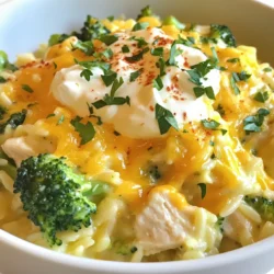 - 1 cup orzo pasta - 2 cups chicken broth - 1 cup broccoli florets - 1 cup cooked chicken, diced - 1 cup shredded sharp cheddar cheese - 1/2 cup cream cheese, softened - 1/2 teaspoon garlic powder - 1/2 teaspoon onion powder - 1/4 teaspoon red pepper flakes (optional) - Salt and pepper to taste - 2 tablespoons olive oil - Fresh parsley for garnish Gathering the right ingredients is key for this dish. Start with orzo pasta, a small rice-shaped pasta. Next, you need chicken broth. It adds flavor and moisture to the dish. Fresh broccoli florets bring color and nutrition. Use cooked chicken for quick prep. Shredded sharp cheddar cheese gives that creamy, cheesy taste. Cream cheese adds richness and smoothness. Spices like garlic powder and onion powder enhance the flavor. Red pepper flakes add a hint of heat, but this is optional. Don’t forget salt and pepper to season the dish. Finally, olive oil adds a touch of healthy fat. Fresh parsley makes for a nice garnish. With this list, you're ready to create a comforting meal that warms the heart. {{ingredient_image_1}} 1. Start by bringing two cups of chicken broth to a boil in a medium saucepan. This adds great flavor to your orzo. 2. Once boiling, add one cup of orzo pasta. Cook it according to the package instructions, which usually takes about 8-10 minutes. Stir it occasionally to keep it from sticking. 3. In the last 3-4 minutes of cooking, add one cup of broccoli florets to the pot. This makes the broccoli tender and bright green. 1. After cooking, drain any extra liquid from the pot. Return the orzo and broccoli back to the pot. 2. Now, add one cup of diced cooked chicken, one cup of shredded sharp cheddar cheese, and half a cup of softened cream cheese. 3. Also, mix in two tablespoons of olive oil, half a teaspoon of garlic powder, half a teaspoon of onion powder, and a quarter teaspoon of red pepper flakes, if you want some heat. Stir all the ingredients well to combine. 1. Heat the mixture over low heat for about 3-5 minutes. This allows the cheese to melt and everything to warm up nicely. 2. Stir frequently during this time to make sure the cheese melts evenly. 3. Taste and season with salt and pepper to your liking before serving. To keep orzo from sticking, stir it often while cooking. This helps it stay separate and fluffy. Use a large pot with plenty of water. For broccoli, add it in the last few minutes of cooking. This keeps it bright and tender. It should still have a nice crunch. Adjust seasonings to suit your taste. Start with salt and pepper, then add garlic powder and onion powder. If you like heat, sprinkle in some red pepper flakes. Fresh herbs, like parsley, brighten the dish. They add a pop of color and flavor. For a nice presentation, serve the orzo in bowls. Top with extra cheese and chopped parsley. A dash of chili flakes adds color and spice. Pair this dish with a light salad or crusty bread. If you enjoy wine, a crisp white complements the flavors well. Pro Tips Use Fresh Broccoli: Fresh broccoli will provide better flavor and texture compared to frozen. Make sure to cut it into small, even florets for quicker cooking. Cook Orzo Al Dente: Be careful not to overcook the orzo; it should be al dente to maintain its texture and prevent it from becoming mushy when mixed with the other ingredients. Experiment with Cheese: While sharp cheddar is delicious, feel free to mix in other types of cheese like mozzarella or gouda for a different flavor profile. Add Protein Variations: This recipe is versatile; you can substitute chicken with cooked shrimp or turkey for a different twist, or even add beans for a vegetarian option. {{image_2}} You can easily switch up the orzo pasta. Try using other small pasta shapes like ditalini or even rice. These substitutes work well and still hold the creamy sauce. For cheese, sharp cheddar is great, but feel free to mix it up. Colby jack or mozzarella add a nice twist. You can even blend different cheeses for a unique flavor profile. To boost nutrition, add more veggies! Spinach and bell peppers bring color and taste. Just toss them in when you add the broccoli, and let them cook until tender. This dish can be a one-pot meal. It saves time and makes cleanup easy. You can add any vegetables you like, and it will still taste fantastic. If you need gluten-free options, look for gluten-free orzo or use rice. These options give you the same creamy comfort without the gluten. For a dairy-free version, use plant-based cheese and cream. Coconut cream can replace the cream cheese. It keeps the dish rich and tasty. Adjust seasonings to match your taste, and enjoy! Store your Cheesy Chicken Broccoli Orzo in airtight containers. Glass or plastic containers work well. This dish lasts about 3 to 4 days in the fridge. Make sure it cools down before sealing it tightly. This helps keep it fresh and tasty. The best way to reheat this dish is on the stove. Place it in a skillet over low heat. Add a splash of chicken broth or water to keep it creamy. Stir often until heated through. You can also use a microwave. Heat in short bursts, stirring in between. To refresh the flavors, sprinkle some extra cheese on top while reheating. You can also add a pinch of salt or pepper if needed. This will enhance the taste and make it feel fresh again. Enjoy your warm and cheesy comfort food! Yes, you can make Cheesy Chicken Broccoli Orzo ahead of time. Cook the dish and let it cool. Store it in an airtight container in the fridge for up to three days. When you’re ready to eat, reheat it on the stove or in the microwave. Add a splash of chicken broth while reheating to keep it creamy. Yes, this dish freezes well! After cooking, let it cool completely. Place it in a freezer-safe container. It can be stored in the freezer for up to three months. To reheat, thaw it overnight in the fridge. Warm it on the stove with a little chicken broth, stirring often. If you don't have orzo, you can use other small pasta types. Good options include ditalini, acini di pepe, or even small shells. Adjust the cooking time according to the package instructions. Most small pasta cooks in about 8 to 12 minutes. This blog post covered a delicious Cheesy Chicken Broccoli Orzo recipe, from ingredients to storage tips. You learned to cook orzo and combine it with chicken, cheese, and broccoli for great flavor. The blog also shared ways to adapt the recipe, enhance the taste, and store leftovers properly. Enjoy making this creamy dish with your own twist. Happy cooking!