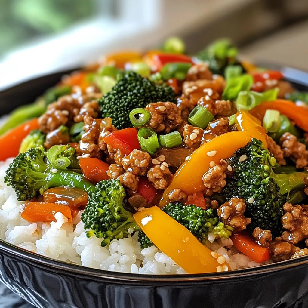 - 1 lb ground turkey - 2 cups broccoli florets - 1 red bell pepper, sliced - 1 carrot, julienned - 3 green onions, sliced - 3 cloves garlic, minced - 1 tablespoon ginger, grated - 3 tablespoons soy sauce (or tamari for gluten-free) - 1 tablespoon sesame oil - 1 tablespoon olive oil - 1 teaspoon honey or agave syrup - Salt and pepper to taste - Cooked rice or quinoa for serving Ground turkey serves as the main protein. It cooks fast and is lean. The broccoli, bell pepper, and carrot add color and crunch. Garlic and ginger give a nice kick. Soy sauce adds depth, while sesame oil adds a touch of richness. Honey or agave syrup balances the flavors. You can also add: - Snap peas for extra crunch - Mushrooms for earthiness - Bell pepper (other colors) for sweetness - Spinach or kale for added greens - Chili flakes for heat Feel free to customize your stir fry! Each ingredient adds its own flair to the dish. Serve your stir fry with: - Steamed rice or quinoa - A side salad for freshness - Sesame seeds for crunch - Fresh cilantro for a pop of flavor These sides enhance your meal and make it more filling. Enjoy exploring different pairings! {{ingredient_image_1}} Start with the ingredients. Measure out 1 pound of ground turkey. Wash and cut 2 cups of broccoli florets. Slice 1 red bell pepper. Julienning 1 carrot gives nice strips. Chop 3 green onions and mince 3 cloves of garlic. Grate 1 tablespoon of ginger. Gather 3 tablespoons of soy sauce, 1 tablespoon of sesame oil, and 1 tablespoon of olive oil. Keep 1 teaspoon of honey or agave syrup handy. Set salt and pepper to the side for later. Heat 1 tablespoon of olive oil in a large skillet over medium-high heat. Once hot, add the minced garlic and grated ginger. Stir for about 30 seconds until you smell the great aroma. Then, add the ground turkey into the skillet. Use a spatula to break it apart. Cook for about 5 to 7 minutes, or until it turns brown and is cooked all the way through. Make sure to stir often to avoid sticking. After cooking the turkey, push it to one side of the skillet. On the other side, add the broccoli, bell pepper, and carrot. Stir-fry the veggies for about 3 to 5 minutes. You want them to be tender but still crisp. Once done, mix the turkey and veggies together. Pour in the soy sauce, sesame oil, and honey or agave syrup. Toss well to coat everything. Finally, add the sliced green onions and stir-fry for one more minute. Season with salt and pepper. Serve this over cooked rice or quinoa for a delicious meal! To get those perfect tender-crisp veggies, start with high heat. Heat your pan until it is hot, then add your oil. This helps seal in the moisture. Add the vegetables in one layer. Don't overcrowd the pan. Stir them often but not too much. Try cooking broccoli, bell pepper, and carrots for about three to five minutes. They should stay bright and crunchy. Seasoning is key to a great stir fry. Start with garlic and ginger. They add a strong flavor right away. After the turkey cooks, add soy sauce and sesame oil. This mix gives a nice umami taste. Don't forget the honey for a touch of sweetness. Taste as you go. Adjust the salt and pepper based on your liking. A little extra soy sauce can make a big difference. Prep your ingredients before you cook. Chop and slice all veggies first. This makes cooking faster. Use a non-stick skillet or wok to avoid sticking. If you cook rice or quinoa ahead of time, it saves even more minutes. You can also use frozen vegetables, which cut down on prep time. With these tips, you will have your meal ready in about 25 minutes. Pro Tips Use Fresh Vegetables: For the best flavor and texture, opt for fresh, vibrant vegetables. They will add a crunch and enhance the overall dish. Adjust the Sauce: Taste the stir fry before serving and adjust the soy sauce and honey/agave to suit your preference for sweetness and saltiness. Cook in Batches: If your skillet is small, consider cooking the turkey and vegetables in batches to avoid steaming and ensure everything is nicely browned. Meal Prep Friendly: This stir fry can be made ahead and stored in the fridge for up to 3 days, making it a great option for meal prep. {{image_2}} You can swap ground turkey for other meats. Try ground chicken for a lighter taste. Ground beef offers a richer flavor. For a plant-based option, use crumbled tofu or tempeh. Each substitute gives a unique twist to the dish. To make this dish gluten-free, use tamari instead of soy sauce. This small change keeps the flavor bold and rich. Ensure that all other ingredients, like sauces, are gluten-free too. Fresh veggies are always gluten-free and add great color. Want to boost the flavor? Add a splash of rice vinegar for tang. You can try adding some chili flakes for heat. Sliced mushrooms or snap peas also work well in this mix. For a fresh touch, sprinkle sesame seeds on top before serving. To keep your ground turkey stir fry fresh, place it in an airtight container. Allow it to cool first, then seal it tightly. Store it in the fridge for up to three days. This keeps the flavors intact and safe to eat. When you're ready to eat, reheat your leftovers on the stove or in the microwave. For the stove, add a splash of water to the pan. This keeps the stir fry moist. Heat over low to medium heat, stirring often. In the microwave, place it in a safe dish, cover it, and heat for one to two minutes. Stir halfway through for even heating. If you want to freeze your stir fry, use a freezer-safe container. It’s best to freeze it in portions. This way, you can grab just what you need. It will stay good for up to three months in the freezer. When ready to eat, thaw it in the fridge overnight. Reheat as mentioned above for the best taste. Yes, you can swap ground turkey for other proteins. Try ground chicken, beef, or pork. You can also use tofu for a plant-based option. Each protein will give a unique flavor. Adjust cooking times if needed. For chicken, cook it until it is no longer pink. For tofu, cook until golden and crispy. To add heat, mix in some chili flakes or hot sauce. You can also use sliced jalapeños for fresh spice. If you like a deeper flavor, try adding Sriracha or chili garlic sauce. Start with a small amount and taste as you go. This way, you can control the spice level to fit your taste. Ground turkey stir fry pairs well with cooked rice or quinoa. You can also serve it with noodles for a different texture. Add a side of steamed edamame or a fresh salad for crunch. For extra flavor, drizzle some sesame oil or soy sauce over your side dish. Stir fry can last in the fridge for about 3 to 4 days. Store it in an airtight container to keep it fresh. When you are ready to eat, just reheat it in the microwave or on the stove. Make sure it is heated through before serving. This blog post covered how to create a tasty ground turkey stir fry. You learned about the key ingredients and optional ones for your taste. We walked through easy steps for cooking and stirring, plus tips for good veggies and seasoning. You can also explore variations for different diets and even learn how to store leftovers. In final thoughts, this recipe is quick, healthy, and flexible. You can enjoy it your way!