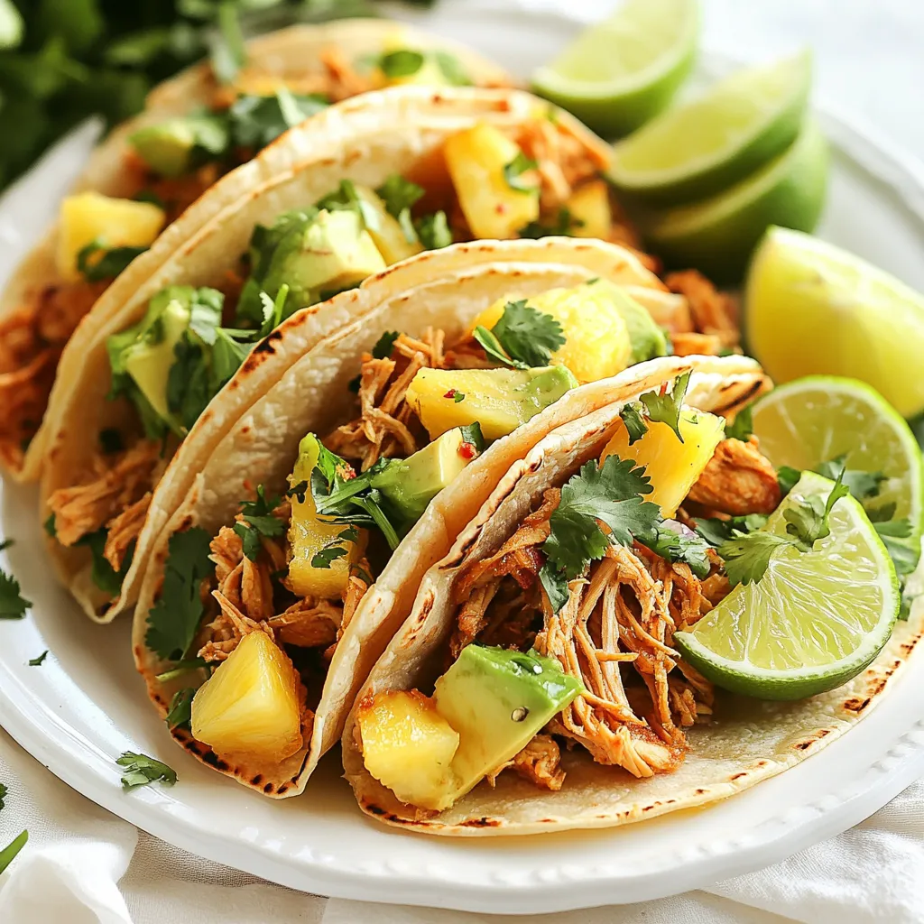 For Chicken Street Tacos, you will need: - 2 cups cooked chicken, shredded - 1 tablespoon olive oil - 1 teaspoon ground cumin - 1 teaspoon smoked paprika - ½ teaspoon chili powder - ¼ teaspoon garlic powder - Salt and pepper to taste - 8 small corn tortillas - 1 cup fresh cilantro, chopped - 1 cup diced pineapple - 1 avocado, sliced - ½ cup diced red onion - Lime wedges, for serving When picking ingredients, freshness matters. Here are some tips: - Chicken: Use cooked chicken. Rotisserie chicken works great. Look for moist, tender meat. - Cilantro: Choose bright green leaves without brown spots. Smell for a fresh scent. - Pineapple: Pick a pineapple that smells sweet at the base. It should feel heavy for its size. - Avocado: Look for avocados that yield slightly when pressed. This means they are ripe. - Tortillas: Choose soft corn tortillas. They should be pliable but not brittle. If you have dietary needs, you can easily swap some ingredients. Here are a few ideas: - Chicken: Replace with shredded beef, pork, or tofu for a vegetarian option. - Tortillas: Use flour tortillas or lettuce wraps for a gluten-free choice. - Pineapple: If you dislike pineapple, try mango or diced bell peppers. - Cilantro: If you’re not a fan, use parsley or omit it altogether. These tips will help you make delicious Chicken Street Tacos that fit your taste! {{ingredient_image_1}} Start by shredding the cooked chicken. I like to use leftover chicken for this recipe. In a medium bowl, combine the shredded chicken with olive oil, ground cumin, smoked paprika, chili powder, garlic powder, salt, and pepper. Mix it well so the chicken gets a nice coat of spices. This step is key; it makes the chicken full of flavor. Heat a skillet over medium heat. Pour in the seasoned chicken mix and sauté it for about 5-7 minutes. Stir it often to make sure it heats evenly. The goal is to blend the spices into the chicken. You want to warm it through until it’s hot and fragrant. This step makes the chicken really tasty. While the chicken cooks, grab another skillet. Warm the corn tortillas over low heat for about 1 minute on each side. This makes them soft and easy to fold. Don’t rush this step. Warm tortillas will hold all the yummy fillings without breaking. Now it’s time to build your tacos! Place a generous amount of the spiced chicken on each tortilla. Top it with chopped cilantro, diced pineapple, avocado slices, and red onion. Each topping adds a burst of flavor and texture. Serve your tacos right away with lime wedges on the side for extra zest. Enjoy every bite! To keep your tacos warm, wrap them in a clean kitchen towel. This helps keep the heat in. You can also place them in a low oven, set at 200°F. Cover them with foil to trap steam. This method keeps them soft and warm until serving. When chopping ingredients, use a sharp knife for clean cuts. It makes the task easier and faster. Start with the onion, as its strong smell may make you cry. After the onion, dice the pineapple and avocado. Slice the avocado just before serving to avoid browning. Keep your cutting board stable by placing a damp cloth under it. To boost the flavor of your chicken, add more spices. Consider using fresh herbs like cilantro or parsley. These add freshness and vibrant taste. A squeeze of lime juice brightens the flavors too. If you like heat, add some diced jalapeños or a pinch of cayenne. These small changes can make your tacos stand out! Pro Tips Use Leftover Chicken: This recipe is perfect for using up leftover rotisserie chicken, saving you time and enhancing flavor. Customize Your Toppings: Feel free to add your favorite toppings like jalapeños, cheese, or a drizzle of hot sauce for an extra kick. Warm Tortillas Effectively: To achieve the best texture, wrap the warmed tortillas in a clean kitchen towel to keep them warm and pliable until serving. Make It a Meal Prep: Prepare the chicken mixture and toppings ahead of time for quick assembly during busy weeknights. {{image_2}} You can switch up the protein in your tacos. If you prefer beef, use ground beef. Just season it with the same spices. Brown the beef in a skillet until it's cooked. For a plant-based option, try tofu. Press the tofu to remove moisture, then cube and sauté it in olive oil. Add the same spices for flavor. Both options keep it tasty and fun. Toppings can change your taco game. Besides cilantro, pineapple, avocado, and red onion, you can add more. Try fresh jalapeños for a crunchy bite. Crumbled feta or queso fresco add a creamy touch. Sliced radishes give a peppery flavor. You can even add salsa or guacamole for extra zest. Mix and match to find your favorite combo! If you like it hot, there are many ways to add spice. Fresh sliced jalapeños can bring heat. You can also use a spicy salsa or hot sauce. Try adding diced chipotle peppers for a smoky flavor. For a unique twist, sprinkle some cayenne pepper into the chicken mix. Adjust the spice to suit your taste. Enjoy your fiery creation! To keep your chicken street tacos fresh, store them in an airtight container. Place the tacos in the fridge within two hours of cooking. If you have leftover chicken and toppings, store them separately. This helps keep the tortillas from getting soggy. To reheat your tacos, start by removing the toppings. Heat the chicken in a skillet over medium heat. This takes about five minutes. Warm the tortillas in a separate pan for about one minute on each side. Reassemble the tacos with fresh toppings and enjoy! If you want to freeze chicken street taco ingredients, it’s easy! Place the cooked chicken in a freezer-safe bag. Remove as much air as possible before sealing. You can also freeze chopped veggies like onions and cilantro. Simply chop them, place in a bag, and freeze. When you're ready to enjoy, thaw the ingredients in the fridge overnight. Then, heat and assemble your tacos! Chicken Street Tacos are tasty, handheld delights. They feature shredded chicken, seasoned with spices, served in soft corn tortillas. You top them with fresh ingredients like cilantro, pineapple, avocado, and red onion. The mix of flavors and textures makes each bite exciting. These tacos are popular for their vibrant taste and fun presentation. Yes, you can prepare parts of Chicken Street Tacos ahead. Cook the chicken and store it in the fridge for up to three days. You can also chop your toppings in advance. Just keep them in separate containers to stay fresh. When you're ready to eat, warm the chicken and tortillas, then assemble. This saves time and lets you enjoy your meal with ease. Serve Chicken Street Tacos warm and fresh. Place them on a platter and let everyone build their own. Add a bowl of lime wedges for squeezing. This adds a zesty touch. Consider serving with sides like chips and salsa or a fresh salad. It creates a fun and interactive dining experience. You can find Chicken Street Tacos at many Mexican restaurants and food trucks. They are often a signature dish due to their popularity. Look for places that focus on street food or casual dining. Many restaurants also offer their own twists on the recipe, so try different spots to find your favorite version. In this article, we explored how to make delicious Chicken Street Tacos. We covered fresh ingredients, cooking steps, and tips to enhance flavor. You learned how to store leftovers and the best ways to serve these tasty tacos. Remember, tacos are fun to customize with different proteins and toppings. Enjoy the process and get creative with your tacos at home. These simple meals can bring joy to any table. Happy cooking!