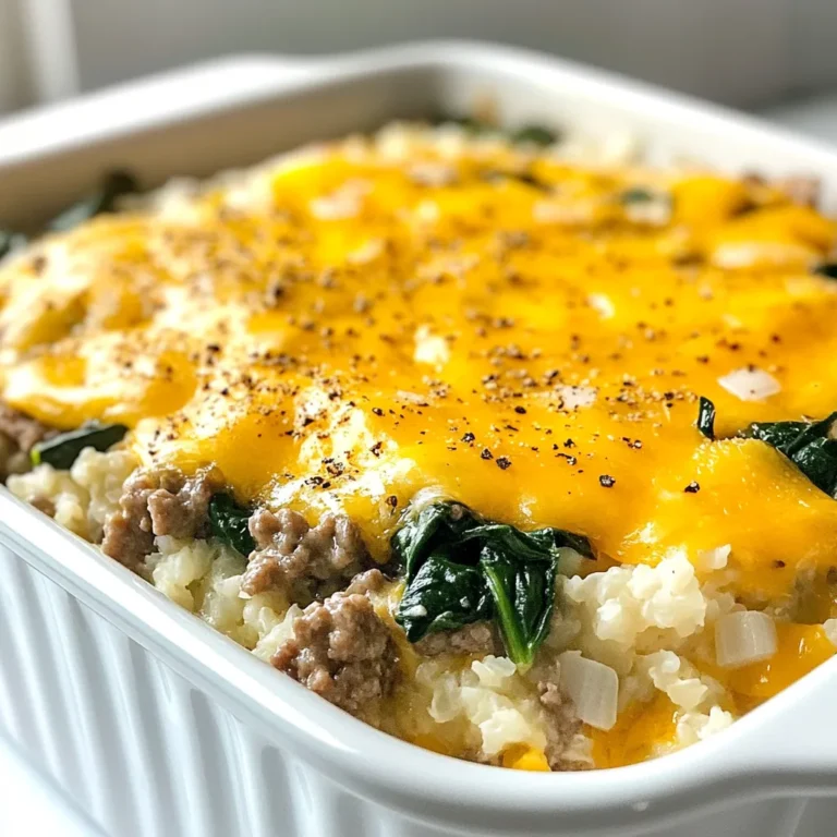 To make this easy keto casserole, gather these simple ingredients: - 1 pound ground beef - 1 cup cauliflower rice - 2 cups fresh spinach, chopped - 1 cup heavy cream - 1 cup shredded cheddar cheese - 1/2 cup diced onions - 1 teaspoon garlic powder - 1 teaspoon Italian seasoning - Salt and pepper to taste - 2 tablespoons olive oil You can add a few optional ingredients to boost the taste: - 1/2 cup diced bell peppers - 1/2 cup sliced mushrooms - 1/4 teaspoon red pepper flakes for heat - Fresh herbs, like basil or parsley, for garnish If you have dietary needs or preferences, try these substitutions: - Swap ground beef for ground turkey or chicken. - Use riced broccoli instead of cauliflower rice. - Replace heavy cream with coconut cream for a dairy-free option. - Use nutritional yeast instead of cheddar cheese for a vegan twist. {{ingredient_image_1}} Start by preheating your oven to 375°F (190°C). This sets the stage for baking. Next, grab a large skillet and add 2 tablespoons of olive oil. Turn the heat to medium. Once hot, toss in 1/2 cup of diced onions. Sauté them until they turn translucent, which takes about 3 to 4 minutes. Now, add in 1 pound of ground beef. Cook it for about 5 to 7 minutes until it’s browned. If there's excess fat, drain it off. After that, stir in 1 cup of cauliflower rice and 2 cups of fresh spinach, chopped. Continue cooking for another 3 to 4 minutes until the spinach wilts. In a separate bowl, mix together 1 cup of heavy cream, 1 teaspoon of garlic powder, and 1 teaspoon of Italian seasoning. Add salt and pepper to taste. Make sure to stir this well. Pour the cream mixture into your skillet with the beef and veggies. Stir everything together until well mixed. This step makes sure every bite is full of flavor. Now, transfer your mixture into a greased 9x13 inch casserole dish. Spread it out evenly. Next, sprinkle 1 cup of shredded cheddar cheese on top. This will melt and create a delicious crust. Place the dish in your preheated oven. Bake it for 25 to 30 minutes. You want the cheese to be bubbly and slightly golden. Once it's done, remove it from the oven and let it sit for about 5 minutes. This helps the casserole set, making it easier to serve. To get the best results, timing is key. Bake the casserole for 25 to 30 minutes. Check for bubbly cheese and a light golden color. If your oven runs hot, start checking at 20 minutes. Letting it rest for 5 minutes helps set the dish. Flavor is what makes this dish shine. Use fresh garlic instead of garlic powder for a punch. You can also add red pepper flakes for heat. Try herbs like thyme or basil for a fresh taste. A splash of lemon juice before serving can brighten the flavors. Avoid overcooking the beef. Cook it just until browned. If you skip the resting time, the casserole may fall apart. Don’t forget to grease the dish. Skipping this step can make serving harder. Lastly, taste your mixture before baking to adjust seasoning. Pro Tips Use Fresh Spinach: Fresh spinach wilts beautifully and adds vibrant color to the dish; avoid using frozen spinach as it may make the casserole watery. Variations on Cheese: Experiment with different types of cheese such as mozzarella or pepper jack for a unique flavor twist. Make Ahead: This casserole can be assembled ahead of time and stored in the refrigerator. Just bake it when you're ready to serve! Check for Doneness: Ensure the casserole is cooked through by checking that the cheese is bubbly and the edges are slightly browned for the best texture. {{image_2}} You can make a tasty vegetarian casserole. Simply swap the ground beef for a mix of mushrooms and zucchini. Mushrooms add a nice, meaty texture. Zucchini keeps it light and fresh. You can still use cauliflower rice for bulk. For creaminess, stick with the heavy cream. Add your favorite spices to boost flavor. This way, you keep it keto while enjoying great veggies. Want to change things up? You can use chicken or turkey instead of beef. Ground chicken cooks fast and is lean. Turkey is another great choice for a lighter meal. Cook it the same way as the beef. You can even mix in some bacon for a smoky taste. Just be sure to adjust your seasoning based on your protein choice. You can switch out the spinach for kale or Swiss chard. Both are low in carbs and full of nutrients. If you want more crunch, try bell peppers or broccoli. They add color and flavor too. Cauliflower rice can be replaced with shredded cabbage for a fun twist. Just remember to chop everything small to blend well in the casserole. After you enjoy your Easy Keto Casserole, let it cool. Place leftovers in an airtight container. Store them in the fridge for up to four days. This keeps the flavors fresh and tasty. To reheat your casserole, preheat your oven to 350°F (175°C). Place the casserole in an oven-safe dish. Cover it with foil to keep it moist. Heat for about 15-20 minutes. You can also use a microwave. Just heat in short bursts until warm. Stir in between to heat evenly. If you want to save some for later, freezing works great. First, let the casserole cool completely. Then, cut it into serving sizes. Wrap each piece in plastic wrap and place in a freezer-safe bag. It will stay good for up to three months. When you’re ready to eat, thaw it in the fridge overnight before reheating. Yes, you can make this casserole ahead of time. Prepare the dish and layer it in the casserole dish. Cover it tightly with plastic wrap or foil. Store it in the fridge for up to 24 hours. When ready to bake, remove the cover and bake it as directed. This saves time and makes dinner easy. Here are some great keto-friendly side dishes: - Zucchini noodles with pesto - Roasted Brussels sprouts - Garlic butter asparagus - Cauliflower mash - Keto coleslaw These sides pair well with the casserole and keep your meal low-carb. To make this recipe dairy-free, swap the heavy cream for coconut cream or almond milk. Use dairy-free cheese instead of cheddar. These swaps keep the dish creamy without dairy. Just check the labels to ensure they fit your diet. Enjoy the same great flavor without the dairy! We covered key ingredients for your casserole, optional add-ins, and substitutions. I shared step-by-step cooking instructions and tips for perfecting your dish. We even explored variations, including vegetarian options and protein swaps. Lastly, I explained how to store and reheat leftovers. Now, you have the tools to create a delicious meal your way. Enjoy the process and make it your own!