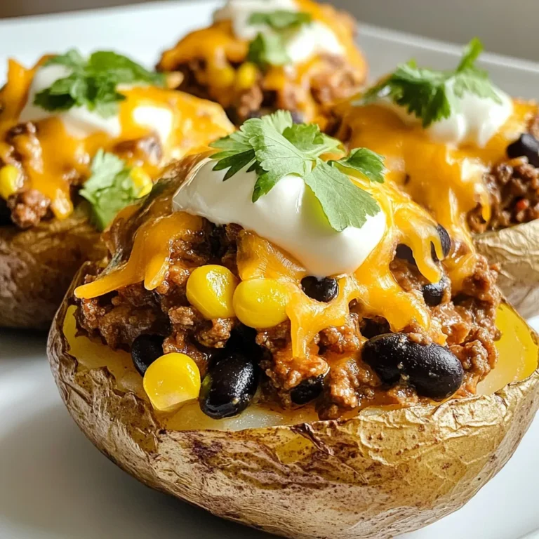 - 4 medium russet potatoes, scrubbed clean - 1 pound ground beef or turkey - 1 packet taco seasoning - 1 cup shredded cheddar cheese - 1 cup black beans, drained and rinsed - ½ cup corn kernels (frozen or canned) - 1 small onion, diced - 1 tablespoon olive oil - Salt and pepper, to taste These ingredients come together to create a hearty and tasty meal. The potatoes serve as a great base. The ground meat adds protein, and the taco seasoning gives it flavor. Black beans and corn add texture and nutrients. - ½ cup sour cream (optional, for topping) - Fresh cilantro, chopped (for garnish) Sour cream adds a creamy touch. Cilantro freshens up the dish and adds color. You can also use sliced jalapeños, diced tomatoes, or avocado for extra flavor. If you want to switch things up, try these ideas: - Use sweet potatoes instead of russet potatoes for a sweeter taste. - Swap ground beef for ground chicken or a meat alternative for a lighter dish. - Use a different cheese like Monterey Jack or pepper jack for extra spice. These substitutions keep the recipe fun and adaptable. You can make it suit your taste or dietary needs. {{ingredient_image_1}} Start by preheating your oven to 400°F (200°C). This step is key for making soft potatoes. Take the russet potatoes and poke them with a fork many times. This allows steam to escape while they bake. Place the potatoes directly on the oven rack. Bake them for 45 to 60 minutes. They should be tender and easy to pierce with a fork when done. While your potatoes bake, heat one tablespoon of olive oil in a large skillet over medium heat. Add the diced onion and cook it until it turns soft, about 4 to 5 minutes. Next, add one pound of ground beef or turkey. Break it up with a spoon as it cooks. Cook until it is browned, which takes about 6 to 8 minutes. If there's extra fat, drain it away. Now stir in the taco seasoning, black beans, and corn. Cook this mixture for an extra 3 to 4 minutes. Make sure everything is heated through. Taste and add salt and pepper as needed. When the potatoes are ready, take them out of the oven and let them cool for a minute. Cut each potato open lengthwise. Fluff the insides with a fork to make room for the filling. Spoon the taco beef mixture into each potato. Make sure to fill them generously! Top each one with shredded cheddar cheese. Return the stuffed potatoes to the oven for 5 to 7 minutes. This helps the cheese melt and bubble. Once done, let them cool for a couple of minutes. You can drizzle sour cream over the tops and sprinkle chopped cilantro for a fresh touch. Enjoy your cheesy taco potatoes! For cheesy taco potatoes, russet potatoes work best. They are fluffy and hold up well when baked. Their skin crisps nicely, adding a great texture. You can also use Yukon Gold potatoes for a creamier inside. Both choices give you a tasty base. You can easily change the flavor of your cheesy taco potatoes. Add diced bell peppers or jalapeños for extra zest. Try different types of cheese, like pepper jack or Monterey Jack. You can even swap the beef for chicken or beans for a veggie twist. This dish is all about what you love. To get that gooey, perfect cheese melt, use freshly shredded cheese. Pre-shredded cheese has additives that prevent melting well. Make sure to add the cheese at the end of baking. This way, it melts into a bubbly, golden layer. If you want an extra crispy top, broil for a minute at the end. Just watch it closely to avoid burning! Pro Tips Choose the Right Potatoes: Opt for medium-sized russet potatoes for the best texture and flavor. They hold up well when baked and have a fluffy interior that complements the filling. Customize Your Filling: Feel free to add chopped bell peppers or jalapeños for extra flavor. You can also substitute the ground beef or turkey with plant-based meat for a vegetarian option. Cheese Variations: Experiment with different types of cheese like pepper jack for a spicy kick or Monterey Jack for a milder taste. Mixing cheeses can also add depth to the flavor. Make Ahead: You can prepare the taco filling in advance and store it in the refrigerator. Just reheat it when you're ready to assemble the potatoes for a quick meal. {{image_2}} You can easily make a vegetarian version of cheesy taco potatoes. Start with the same russet potatoes. Instead of meat, use 1 can of drained black beans. Add 1 cup of diced bell peppers and 1 cup of corn. Sauté the veggies with the onion in olive oil. Mix in taco seasoning to give it flavor. This dish still packs a punch and is full of tasty goodness. For a kick, turn up the heat! Use your favorite hot sauce or spicy taco seasoning. You can add diced jalapeños to the meat mixture or even on top. If you like, sprinkle crushed red pepper flakes over the cheesy top before baking. This version brings a fun twist that spice lovers will adore. Want to go all out? Load your taco potatoes with more toppings. After baking, try adding diced tomatoes, sliced olives, or fresh avocado. A dollop of guacamole gives it a creamy touch. For crunch, add some tortilla chips on top. The more toppings, the better! Every bite becomes a flavor explosion. To store leftover Cheesy Taco Potatoes, let them cool first. Place the potatoes in an airtight container. You can keep them in the fridge for up to three days. If you have extra filling, store it separately. This keeps the potatoes from getting too soggy. When you’re ready to eat, preheat your oven to 350°F (175°C). Place the potatoes on a baking sheet. Cover them with foil to keep them moist. Heat for about 15-20 minutes until warm. You can also microwave them. Heat on medium for 2-3 minutes, checking to see if they’re hot. Freezing Cheesy Taco Potatoes is easy! Wrap each potato tightly in plastic wrap. Then, place them in a freezer bag. You can freeze them for up to three months. When you want to eat them, thaw in the fridge overnight, then reheat. This helps keep the taste and texture just right. Yes, you can make Cheesy Taco Potatoes ahead of time. Bake the potatoes and prepare the taco filling. Store them separately in the fridge. When you're ready to eat, just stuff the potatoes and bake. This saves time and makes meal prep easy. You can also freeze the filling for later use. You can use several options instead of ground beef or turkey. Try using ground chicken for a lighter choice. Or, opt for lentils or mushrooms for a vegetarian option. Black beans also work well. These substitutes let you enjoy the same great flavor while fitting your diet. To make Cheesy Taco Potatoes in the air fryer, start by preheating it. Set it to 400°F (200°C). Poke the potatoes with a fork and place them in the basket. Cook for about 35-45 minutes, checking for tenderness. While they cook, prepare your taco filling as usual. Once done, stuff the potatoes, add cheese, and air fry for a few more minutes until the cheese melts. This method saves time and gives a crispy skin! Cheesy Taco Potatoes are a fun and tasty dish anyone can enjoy. We covered the main ingredients, optional toppings, and cooking steps. I shared tips for great flavor and perfect cheese melt. Plus, I offered fun variations like vegetarian and spicy options. Don't forget how to store and reheat leftovers to enjoy later. This dish is easy to customize, so get creative with your own favorites!
