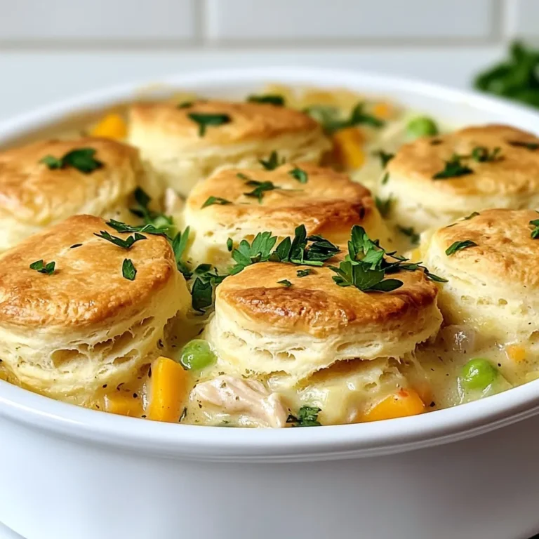 When making Biscuit Chicken Pot Pie, gather these ingredients for a tasty dish: - 2 cups cooked chicken, shredded - 1 cup mixed vegetables (peas, carrots, corn) - 1 medium onion, diced - 2 cloves garlic, minced - 1/2 cup celery, diced - 1/4 cup all-purpose flour - 2 cups chicken broth - 1 cup milk - 1 teaspoon dried thyme - 1 teaspoon dried rosemary - Salt and pepper to taste - 1 package refrigerated biscuit dough - 2 tablespoons butter - Fresh parsley for garnish (optional) Each ingredient plays a key role. The chicken gives protein and heartiness. Mixed vegetables add color and nutrition. Onions and garlic bring flavor depth. Celery adds crunch and freshness. Flour thickens the sauce. Chicken broth and milk create a creamy base. Thyme and rosemary add warmth. Salt and pepper enhance all the tastes. The biscuit dough tops the pie, creating a perfect, flaky crust. Finally, parsley adds a fresh touch for presentation. Do not skip any ingredients. Each one contributes to the wonderful flavor. You can adjust quantities based on your taste. Consider using leftover chicken or turkey for ease. You can also swap out vegetables based on what you have. Just remember, this dish is all about comfort and taste! {{ingredient_image_1}} Preheating your oven is key to cooking the biscuit chicken pot pie evenly. Set your oven to 375°F (190°C). This temperature helps the biscuits rise and become fluffy. Place the rack in the center of the oven for even heat. To get the best flavor, use a large skillet. Melt 2 tablespoons of butter over medium heat. Add 1 diced onion, 1/2 cup diced celery, and 2 cloves of minced garlic. Sauté these for about 5 minutes. The veggies should be soft and fragrant. This step builds a great base for your pot pie. Next, you want to make the roux. Sprinkle 1/4 cup of all-purpose flour over the sautéed veggies. Stir well to combine. Cook this mixture for about 1 minute. This helps remove the raw taste of the flour. It also thickens your sauce later. Now, it's time to add liquid. Gradually pour in 2 cups of chicken broth and 1 cup of milk. Stir continuously to avoid lumps. Bring the mixture to a gentle simmer. This should take about 3-5 minutes. The goal is to thicken the sauce, making it creamy. Stir in 2 cups of shredded cooked chicken and 1 cup of mixed vegetables. Use peas, carrots, and corn for color and texture. Add 1 teaspoon of dried thyme and 1 teaspoon of dried rosemary. Season with salt and pepper to taste. Mix everything well and remove from heat. Pour the chicken mixture into a large baking dish. Open your package of refrigerated biscuit dough. Carefully separate the biscuits. Layer them on top of the chicken mixture. Make sure they slightly overlap. This creates a nice crust when baked. Place the baking dish in the preheated oven. Bake for 25-30 minutes. The biscuits should be golden brown and cooked through. To check if it’s done, look for a nice golden color on top. Once done, take it out and let it cool for a few minutes. This helps the filling set a bit. If you want, garnish with fresh parsley for a pop of color. Serve it hot and enjoy the comforting flavors! To get the best biscuit texture, follow a few easy steps. Start by using cold butter. Cut it into small pieces and mix it with the dry ingredients. This keeps the biscuits light and fluffy. Also, don’t overwork the dough. Mix just until combined for the best rise. Ovens can vary a lot. If yours runs hot or cold, adjust the cooking time. Use an oven thermometer to check the heat. This helps ensure your biscuits bake evenly. If your oven cooks fast, check the pie a few minutes early. One big mistake is overcooking the chicken. If you cook it too long, it becomes dry. Use cooked chicken in this recipe to keep it juicy. Another mistake is ignoring seasoning balance. Always taste your filling before baking. Adjust salt and pepper to make sure the flavors shine. This makes a huge difference in taste. You can boost flavor with different herbs and spices. Try adding basil or oregano for a twist. Fresh herbs can make your pot pie pop with taste. Adding a bit of lemon juice or vinegar can brighten the dish. Just a teaspoon can lift all the flavors. It adds a nice zing that makes it exciting. Pro Tips Use Leftover Chicken: This recipe is perfect for utilizing leftover rotisserie chicken, saving time and enhancing flavor. Custom Vegetables: Feel free to use any vegetables you have on hand; bell peppers, green beans, or mushrooms work great! Texture Variation: For a crispy topping, brush the biscuits with melted butter before baking for an extra golden finish. Herb Substitution: Experiment with fresh herbs if available; they can add a vibrant flavor compared to dried herbs. {{image_2}} You can switch up the veggies in your pot pie. Try using: - Green beans - Bell peppers - Mushrooms These add different flavors and colors. If you want to change the protein, turkey works well. You can also use tofu for a plant-based option. For gluten-free biscuits, look for brands that cater to gluten-free diets. These will still give you that great texture. If you need dairy-free options, almond or oat milk are great substitutes for regular milk. Both can keep your pie creamy without the dairy. In winter, add hearty ingredients like sweet potatoes or butternut squash. These make the dish warm and filling. In summer, use fresh vegetables like zucchini or cherry tomatoes. Their bright flavors will lighten up your pot pie, perfect for warm days. When you have extra Biscuit Chicken Pot Pie, store it in airtight containers. Glass or plastic containers work well. Make sure the dish is cool before sealing it. Store leftovers in the fridge for up to three days. To reheat, use the oven for best results. Set it to 350°F (175°C). Place the pot pie in a baking dish to warm it through. Cover it with foil to keep the biscuits from getting soggy. Heat for about 20 minutes or until it is hot. You can freeze Biscuit Chicken Pot Pie for later use. First, let it cool completely. Cut it into portions and wrap each piece tightly in plastic wrap. Then, place the wrapped pieces in a freezer bag. This way, you can enjoy it for up to three months. To thaw, move it to the fridge a night before you want to eat. Reheat it in the oven as mentioned above. Enjoy your comforting meal anytime! Biscuit Chicken Pot Pie can last about 3 to 4 days in the fridge. Make sure to store it in an airtight container. This keeps it fresh and tasty. Avoid letting it sit out at room temperature for too long. Yes, you can make Biscuit Chicken Pot Pie ahead of time. Prepare the chicken and veggie filling, then store it in the fridge for up to 2 days. Just add the biscuits right before baking. This way, they stay fluffy and golden. Biscuit Chicken Pot Pie pairs well with many side dishes. Here are some ideas: - Fresh garden salad - Steamed green beans - Mashed potatoes - Roasted Brussels sprouts - Corn on the cob To make a vegetarian version, swap the chicken for plant-based protein. You can use: - 2 cups cooked lentils - 1 cup chickpeas - Extra mixed veggies like bell peppers or mushrooms You can also use vegetable broth instead of chicken broth. Biscuit Chicken Pot Pie can be part of a balanced meal. It has protein from chicken, plus veggies. To make it healthier: - Use whole wheat biscuits - Add more veggies - Choose low-fat milk These changes can help cut calories and boost nutrients. Biscuit Chicken Pot Pie is a tasty dish that brings comfort to the table. We covered the key ingredients, step-by-step instructions, and helpful tips for making it just right. Don’t skip the garnishing; it adds a nice touch. Remember, variations and storage tips can help you enjoy it longer. With these easy steps, you'll create a dish everyone loves. Now, get in the kitchen and start cooking!