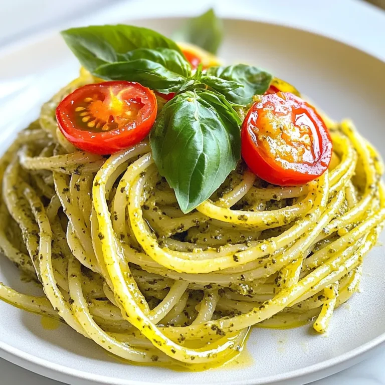 To make creamy pesto pasta, you need a few key ingredients. Here’s what you’ll need: - 12 oz. pasta of your choice (fettuccine or penne work well) - 1 cup fresh basil leaves - 1/4 cup pine nuts (toasted if desired) - 1/2 cup grated Parmesan cheese - 1/2 cup heavy cream - 3 cloves garlic, minced - 1/3 cup olive oil - Salt and pepper to taste These ingredients create a rich and tasty dish. The fresh basil brings a bright flavor. The Parmesan adds a nice cheesy touch. The cream makes it smooth and creamy. You can enhance this dish with some optional ingredients. These add a fun twist: - Cherry tomatoes, halved (for garnish) - Extra basil leaves (for garnish) Adding cherry tomatoes gives a lovely color. They also add a sweet burst of flavor. Extra basil leaves make the dish look fresh and vibrant. While you can use many types of pasta, some work better than others. I recommend: - Fettuccine - Penne - Farfalle Fettuccine holds onto the creamy pesto well. Penne and farfalle also catch the sauce nicely. Choose your favorite pasta for a delightful meal! {{ingredient_image_1}} Start by boiling a large pot of salted water. Add your pasta to the pot. Cook it until it is al dente, which usually takes around 8 to 10 minutes. Check the package for exact times. Once done, reserve 1 cup of pasta water. This water helps with the sauce later. Drain the pasta and set it aside. Next, grab a food processor. Add the fresh basil leaves, pine nuts, grated Parmesan cheese, and minced garlic. Sprinkle in a pinch of salt. Pulse the mixture until it is finely chopped. Now, with the processor running, slowly drizzle in the olive oil. Blend until the mixture is smooth. If it seems too thick, add a bit more olive oil to thin it out. In a large skillet, pour in the heavy cream over medium heat. Once the cream is warm, add the pesto you made. Stir it well and let it simmer for 2 to 3 minutes. Then, add the drained pasta to the skillet, tossing everything to coat. If the sauce is too thick, use the reserved pasta water a little at a time until you reach the right consistency. Lastly, season with salt and pepper to your taste. To make great pesto, texture matters. Start with fresh basil leaves. They bring bright flavor. Add toasted pine nuts for a nutty taste. Pulse them in a food processor until finely chopped. Slowly drizzle in olive oil while blending. This helps the pesto become smooth and creamy. If it feels too thick, add more oil. The right texture should be silky, not gritty. Cooking pasta is simple, but some steps help. Use a large pot and fill it with water. Add a good amount of salt; this flavors the pasta. Bring the water to a rolling boil before adding the pasta. Stir it occasionally to prevent sticking. Cook until it is al dente. This means it should be firm but not hard. Reserve a cup of pasta water before draining. This water can help adjust your sauce later. When serving creamy pesto pasta, a little flair goes a long way. Start with a clean plate. Twirl the pasta into a nest shape for height. Add halved cherry tomatoes on top for a pop of color. Finish with fresh basil leaves for a touch of green. This makes your dish look appealing and fresh. You can also sprinkle extra Parmesan cheese for added flavor and elegance. Pro Tips Use Fresh Ingredients: For the best flavor, opt for fresh basil and high-quality Parmesan cheese. Fresh ingredients make a noticeable difference in the taste of your pesto. Toast Your Nuts: Toasting pine nuts before adding them to the pesto enhances their flavor. Just a few minutes in a dry skillet will bring out their natural oils and nuttiness. Adjust Consistency: If your sauce is too thick, gradually add reserved pasta water to reach your desired creaminess. This also helps the sauce cling to the pasta better. Customize the Pesto: Feel free to add other ingredients like spinach or kale to your pesto for added nutrition, or substitute walnuts for pine nuts for a different flavor profile. {{image_2}} You can add protein to your creamy pesto pasta to make it heartier. Grilled chicken adds great flavor. Simply slice cooked chicken and mix it in. Shrimp is another tasty choice. Cook shrimp in a pan until pink and toss it with the pasta. You can even use cooked sausage or tofu if you like. For a vegetarian twist, skip the cheese and cream. Use cashew cream instead. Blend soaked cashews with water until smooth. You can also add nutritional yeast for a cheesy flavor. For vegan options, replace Parmesan with a vegan cheese. This keeps the dish rich and creamy without dairy. Switching up nuts and herbs can change your pasta's taste. Instead of pine nuts, try walnuts or almonds. Each nut gives a unique flavor. You can also mix in different herbs. Mint or arugula can add a fresh twist. Experiment with what you have at home for new flavors. To store leftover creamy pesto pasta, let it cool first. Place it in an airtight container. Make sure to seal it well. This helps keep it fresh. Store it in the fridge for up to three days. When you reheat creamy pesto pasta, do it slowly. Use a skillet over low heat. Add a splash of water or cream to keep it moist. Stir often to avoid sticking. You can also use a microwave. Heat it in short bursts, stirring in between. You can freeze creamy pesto pasta if you have lots left. Use a freezer-safe container. Leave some space at the top, as it will expand. Label the container with the date. It will stay good for about two months. To thaw, place it in the fridge overnight before reheating. You can use many kinds of pasta for creamy pesto. Fettuccine and penne are great choices. They hold the sauce well, giving every bite flavor. Other options include spaghetti or farfalle. Choose your favorite shape for a fun twist. Yes, you can make creamy pesto sauce ahead. Prepare the pesto and store it in the fridge. Keep it in an airtight container to keep it fresh. Just add the cream before using. This makes it easy when you want to cook later. To adjust the creaminess, add more or less cream. If you want it creamier, pour in extra heavy cream. For a lighter sauce, use less. You can also add a bit of reserved pasta water to change the texture. This helps you find your perfect mix. Garnishes add color and flavor. Cherry tomatoes are a great choice; their sweetness pairs well. Extra basil leaves give a fresh touch. You can also sprinkle more Parmesan cheese for richness. These simple touches make your dish look and taste even better. Creamy pesto pasta is easy to make with the right ingredients and steps. You learned about key ingredients, how to cook pasta, and prepare the sauce. I shared tips for great texture and tasty variations. Finally, I covered how to store and reheat your pasta for future meals. With these tips, you can enjoy delicious pasta any time. Try making this dish and impress yourself and others with your cooking skills. Enjoy your creamy pesto pasta adventure!