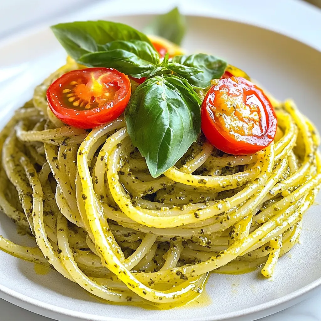 To make creamy pesto pasta, you need a few key ingredients. Here’s what you’ll need: - 12 oz. pasta of your choice (fettuccine or penne work well) - 1 cup fresh basil leaves - 1/4 cup pine nuts (toasted if desired) - 1/2 cup grated Parmesan cheese - 1/2 cup heavy cream - 3 cloves garlic, minced - 1/3 cup olive oil - Salt and pepper to taste These ingredients create a rich and tasty dish. The fresh basil brings a bright flavor. The Parmesan adds a nice cheesy touch. The cream makes it smooth and creamy. You can enhance this dish with some optional ingredients. These add a fun twist: - Cherry tomatoes, halved (for garnish) - Extra basil leaves (for garnish) Adding cherry tomatoes gives a lovely color. They also add a sweet burst of flavor. Extra basil leaves make the dish look fresh and vibrant. While you can use many types of pasta, some work better than others. I recommend: - Fettuccine - Penne - Farfalle Fettuccine holds onto the creamy pesto well. Penne and farfalle also catch the sauce nicely. Choose your favorite pasta for a delightful meal! {{ingredient_image_1}} Start by boiling a large pot of salted water. Add your pasta to the pot. Cook it until it is al dente, which usually takes around 8 to 10 minutes. Check the package for exact times. Once done, reserve 1 cup of pasta water. This water helps with the sauce later. Drain the pasta and set it aside. Next, grab a food processor. Add the fresh basil leaves, pine nuts, grated Parmesan cheese, and minced garlic. Sprinkle in a pinch of salt. Pulse the mixture until it is finely chopped. Now, with the processor running, slowly drizzle in the olive oil. Blend until the mixture is smooth. If it seems too thick, add a bit more olive oil to thin it out. In a large skillet, pour in the heavy cream over medium heat. Once the cream is warm, add the pesto you made. Stir it well and let it simmer for 2 to 3 minutes. Then, add the drained pasta to the skillet, tossing everything to coat. If the sauce is too thick, use the reserved pasta water a little at a time until you reach the right consistency. Lastly, season with salt and pepper to your taste. To make great pesto, texture matters. Start with fresh basil leaves. They bring bright flavor. Add toasted pine nuts for a nutty taste. Pulse them in a food processor until finely chopped. Slowly drizzle in olive oil while blending. This helps the pesto become smooth and creamy. If it feels too thick, add more oil. The right texture should be silky, not gritty. Cooking pasta is simple, but some steps help. Use a large pot and fill it with water. Add a good amount of salt; this flavors the pasta. Bring the water to a rolling boil before adding the pasta. Stir it occasionally to prevent sticking. Cook until it is al dente. This means it should be firm but not hard. Reserve a cup of pasta water before draining. This water can help adjust your sauce later. When serving creamy pesto pasta, a little flair goes a long way. Start with a clean plate. Twirl the pasta into a nest shape for height. Add halved cherry tomatoes on top for a pop of color. Finish with fresh basil leaves for a touch of green. This makes your dish look appealing and fresh. You can also sprinkle extra Parmesan cheese for added flavor and elegance. Pro Tips Use Fresh Ingredients: For the best flavor, opt for fresh basil and high-quality Parmesan cheese. Fresh ingredients make a noticeable difference in the taste of your pesto. Toast Your Nuts: Toasting pine nuts before adding them to the pesto enhances their flavor. Just a few minutes in a dry skillet will bring out their natural oils and nuttiness. Adjust Consistency: If your sauce is too thick, gradually add reserved pasta water to reach your desired creaminess. This also helps the sauce cling to the pasta better. Customize the Pesto: Feel free to add other ingredients like spinach or kale to your pesto for added nutrition, or substitute walnuts for pine nuts for a different flavor profile. {{image_2}} You can add protein to your creamy pesto pasta to make it heartier. Grilled chicken adds great flavor. Simply slice cooked chicken and mix it in. Shrimp is another tasty choice. Cook shrimp in a pan until pink and toss it with the pasta. You can even use cooked sausage or tofu if you like. For a vegetarian twist, skip the cheese and cream. Use cashew cream instead. Blend soaked cashews with water until smooth. You can also add nutritional yeast for a cheesy flavor. For vegan options, replace Parmesan with a vegan cheese. This keeps the dish rich and creamy without dairy. Switching up nuts and herbs can change your pasta's taste. Instead of pine nuts, try walnuts or almonds. Each nut gives a unique flavor. You can also mix in different herbs. Mint or arugula can add a fresh twist. Experiment with what you have at home for new flavors. To store leftover creamy pesto pasta, let it cool first. Place it in an airtight container. Make sure to seal it well. This helps keep it fresh. Store it in the fridge for up to three days. When you reheat creamy pesto pasta, do it slowly. Use a skillet over low heat. Add a splash of water or cream to keep it moist. Stir often to avoid sticking. You can also use a microwave. Heat it in short bursts, stirring in between. You can freeze creamy pesto pasta if you have lots left. Use a freezer-safe container. Leave some space at the top, as it will expand. Label the container with the date. It will stay good for about two months. To thaw, place it in the fridge overnight before reheating. You can use many kinds of pasta for creamy pesto. Fettuccine and penne are great choices. They hold the sauce well, giving every bite flavor. Other options include spaghetti or farfalle. Choose your favorite shape for a fun twist. Yes, you can make creamy pesto sauce ahead. Prepare the pesto and store it in the fridge. Keep it in an airtight container to keep it fresh. Just add the cream before using. This makes it easy when you want to cook later. To adjust the creaminess, add more or less cream. If you want it creamier, pour in extra heavy cream. For a lighter sauce, use less. You can also add a bit of reserved pasta water to change the texture. This helps you find your perfect mix. Garnishes add color and flavor. Cherry tomatoes are a great choice; their sweetness pairs well. Extra basil leaves give a fresh touch. You can also sprinkle more Parmesan cheese for richness. These simple touches make your dish look and taste even better. Creamy pesto pasta is easy to make with the right ingredients and steps. You learned about key ingredients, how to cook pasta, and prepare the sauce. I shared tips for great texture and tasty variations. Finally, I covered how to store and reheat your pasta for future meals. With these tips, you can enjoy delicious pasta any time. Try making this dish and impress yourself and others with your cooking skills. Enjoy your creamy pesto pasta adventure!