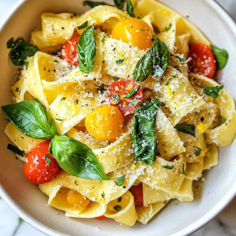 - Pappardelle pasta (12 oz) - Olive oil (1 tablespoon) - Onion (1 medium, finely chopped) - Garlic (3 cloves, minced) - Red pepper flakes (1 teaspoon, adjust to taste) - Heavy cream (1 cup) - Cherry tomatoes (1 cup, halved) - Pecorino Romano cheese (1/2 cup, grated) - Salt and pepper (to taste) - Fresh basil leaves (for garnish) - Lemon zest (from 1 lemon) The ingredients for spicy creamy pappardelle create a rich and flavorful dish. First, pappardelle is the star here. This wide pasta holds sauce well. Use good quality pasta for the best texture. Next, olive oil adds a lovely base. It helps cook the onion and garlic while adding depth. A finely chopped onion gives sweetness and texture. Garlic adds a punch of flavor. Red pepper flakes bring the heat. Adjust this to your liking. If you prefer a milder dish, use less or skip it. Heavy cream adds richness and creaminess. It balances the spice and makes the sauce luscious. Cherry tomatoes add freshness and color. They burst while cooking, adding sweetness. Pecorino Romano cheese brings a salty, nutty flavor. It melts beautifully into the sauce. Salt and pepper are essential for seasoning. Use them to enhance all the flavors. Fresh basil leaves offer a bright finish, while lemon zest adds a zesty kick. This combination of ingredients creates a dish that is both spicy and creamy, perfect for any pasta lover! {{ingredient_image_1}} - In a large pot, bring salted water to a boil. - Add 12 oz of pappardelle pasta and cook it according to package instructions. - Check the pasta a minute or two before the time is up. You want it al dente, which means it should be firm but not hard. - When ready, drain the pasta, but save 1 cup of pasta water for later. - Heat 1 tablespoon of olive oil in a large skillet over medium heat. - Add 1 medium onion, finely chopped. Sauté it for about 5 minutes until it turns translucent. - Next, add 3 cloves of minced garlic and 1 teaspoon of red pepper flakes. - Cook these together for 1-2 minutes. This helps to release their flavors into the oil. - Pour in 1 cup of heavy cream and stir it well. - Add 1 cup of halved cherry tomatoes and let the mixture simmer for about 5 minutes. - This simmering time helps the sauce thicken up nicely. - Add the drained pappardelle to the skillet. Mix it well with the sauce. - Sprinkle in 1/2 cup of grated Pecorino Romano cheese and stir until it melts. - If the sauce feels too thick, slowly add some of the reserved pasta water until it reaches your desired creaminess. - For a bright flavor, stir in the zest of 1 lemon. - Taste the dish and adjust the seasoning with salt and pepper if needed. - Plate the spicy creamy pappardelle in bowls. - Garnish with fresh basil leaves for a nice touch. - You can also add a sprinkle of Pecorino Romano on top for extra flavor. To make the cream sauce just right, aim for a thick but pourable texture. You want it to coat the pappardelle without being too runny. Start by adding the heavy cream to the sautéed onions and garlic. As it cooks, it will thicken a bit. If it gets too thick, slowly add reserved pasta water until it reaches the perfect consistency. Balancing flavors is key. Start with salt and pepper, but don’t stop there. Taste as you go! Add more red pepper flakes for heat or a bit more lemon zest for brightness. Each adjustment makes a difference in your dish. When cooking for more people, simply double or triple the recipe. Ensure you have enough pots and pans to handle the extra volume. You can also cook the pappardelle in batches, so it stays fresh. To maintain quality, stir gently as you combine the pasta and sauce. This keeps the noodles from breaking apart. If the sauce gets too thick, always have some pasta water on hand to adjust it. Adding proteins makes this dish heartier. Chicken, shrimp, or sausage all work well. If you choose chicken, grill or sauté it separately, then mix it in with the pasta. For shrimp, cook them in the same pan after the garlic. The best cooking method is to sauté or grill until they are just cooked through. This keeps them juicy and flavorful. Adding a protein can turn your Spicy Creamy Pappardelle into a full meal that everyone will love. Pro Tips Use Fresh Ingredients: Fresh cherry tomatoes and basil can enhance the flavor profile significantly, making the dish more vibrant and delicious. Adjust Spice Level: Feel free to modify the amount of red pepper flakes according to your preferred spice level. Start with less and add more to taste. Reserve Pasta Water: Always reserve some pasta water before draining; it’s perfect for adjusting the sauce consistency without diluting the flavor. Let It Rest: Allow the dish to sit for a minute or two before serving; this helps the flavors meld together beautifully. {{image_2}} For a tasty vegetarian version of Spicy Creamy Pappardelle, you can swap out meat. Here are some ideas: - Use mushrooms for a meaty texture. - Try lentils or chickpeas for protein. - Add spinach or kale for extra greens. You can also toss in bell peppers, zucchini, or asparagus for more color and flavor. These veggies mix well with the sauce and add great nutrition. Do you like it mild or spicy? You can easily change the heat level. - Use less red pepper flakes for a milder taste. - Add a sprinkle of smoked paprika for a different flavor. For a touch of sweetness, consider adding a pinch of sugar or a splash of balsamic vinegar. This balances out the spice and gives depth to your dish. If you need gluten-free pasta, there are many good choices. - Look for gluten-free pappardelle made from rice or corn. - Quinoa pasta is also a hearty option. When making the sauce, ensure your heavy cream is gluten-free. Most brands are safe, but it's always smart to check the label. To store leftovers, let the pappardelle cool to room temperature. Place it in an airtight container. This keeps the pasta fresh and prevents it from drying out. You can store it in the fridge for up to three days. After that, the flavors may fade, and the texture can change. If you want to keep pappardelle longer, freezing is a great option. First, let it cool completely. Then, divide it into portions and place them in freezer-safe bags or containers. Make sure to remove excess air to avoid freezer burn. The dish can last for up to three months in the freezer. For reheating, you want to keep the dish creamy and tasty. The stovetop works best. Heat a pan over low heat and add a splash of water or cream. Stir in the pasta until warmed through. If you prefer the microwave, place it in a bowl and cover it with a damp paper towel. Heat in short intervals, stirring in between. This will help to keep the texture nice and smooth. For creamy sauces, I suggest using longer pasta shapes. Pappardelle works well because it holds the sauce nicely. Fettuccine and tagliatelle are also great options. They have flat surfaces that catch the cream, making every bite rich and tasty. Avoid small pasta shapes like penne or macaroni, as they won’t hold as much sauce. Yes, you can make this dish ahead of time. Cook the pasta and sauce separately. Store them in the fridge. When you are ready to eat, just heat them together. Add a splash of pasta water to help the sauce blend. This will keep it creamy and smooth. If you need a substitute for Pecorino Romano cheese, try using Parmesan cheese. It has a similar flavor and texture. Grana Padano is another good option. If you want a non-dairy choice, look for vegan Parmesan. These options will still give you a nice, cheesy taste in your dish. Spicy Creamy Pappardelle can be part of a balanced diet. It contains pasta, cream, and fresh ingredients. To make it healthier, use whole wheat pasta or reduce the amount of cream. You can add more vegetables like spinach or zucchini for extra nutrients. This way, you keep flavor while boosting health. To reduce the spice in this dish, cut back on red pepper flakes. Start with half a teaspoon and adjust to your liking. You can also add more cream to tone down the heat. Serve with a side of bread to balance the spice. Enjoy your meal without overwhelming heat! This blog post covered a delicious creamy pappardelle recipe, from ingredients to serving. You learned how to cook perfect pasta, sauté aromatics, and create a rich sauce. I shared tips on storage and variations, plus answers to common questions. Cooking doesn't have to be hard. With these steps, you can create a tasty dish. Enjoy experimenting with flavors and textures. Remember, it's all about having fun in the kitchen!