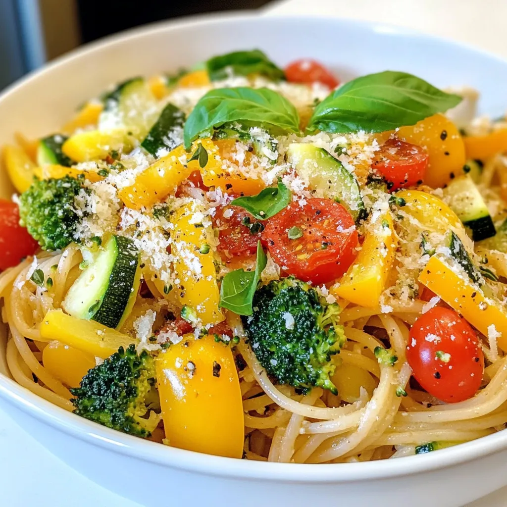 - 8 oz. whole wheat pasta (spaghetti or penne) - 2 tablespoons olive oil - 1 small zucchini, julienned - 1 bell pepper (red or yellow), sliced - 1 cup cherry tomatoes, halved - 1 cup broccoli florets - 1 carrot, thinly sliced - 3 cloves garlic, minced - 1 teaspoon dried oregano - 1 teaspoon dried basil - Salt and pepper to taste - ¼ cup grated Parmesan cheese (or nutritional yeast for vegan option) - Fresh basil leaves for garnish If you can't find whole wheat pasta, use any pasta you like. For olive oil, you can use avocado oil. Don't have zucchini? Try yellow squash instead. You can swap bell peppers for any color you prefer. For a nutty flavor, add asparagus or snap peas. Instead of Parmesan cheese, nutritional yeast works great for a vegan option. This dish serves four and offers a healthy meal. Each serving has about: - Calories: 350 - Protein: 12g - Carbohydrates: 60g - Fiber: 8g - Fat: 10g - Sodium: 300mg This pasta is rich in vitamins and minerals from the fresh veggies. Whole wheat pasta adds fiber, making it satisfying and nourishing. {{ingredient_image_1}} Start by boiling a large pot of water. Add salt to the water. This helps flavor the pasta. Once it boils, add 8 ounces of whole wheat pasta. You can use spaghetti or penne. Cook it until al dente, which usually takes about 8-10 minutes. Remember to check the package for the exact time. When the pasta is ready, save ½ cup of the pasta water. Then, drain the pasta and set it aside. Next, grab a large skillet and heat 2 tablespoons of olive oil over medium heat. Once it's hot, add 3 cloves of minced garlic. Sauté it for about 1 minute until it smells nice. Now, add your veggies: 1 small julienned zucchini, 1 sliced bell pepper, 1 cup of broccoli florets, 1 thinly sliced carrot, and 1 cup of halved cherry tomatoes. Stir these together and cook for about 5-7 minutes. You want them tender but still bright and colorful. After your veggies are ready, it's time to mix everything. Add the drained pasta to the skillet with the vegetables. Pour in a little of the reserved pasta water. Start with a tablespoon at a time until you reach the creaminess you like. Then, sprinkle in 1 teaspoon each of dried oregano and dried basil. Season with salt and pepper to taste. If you want, you can add ¼ cup of grated Parmesan cheese or nutritional yeast for a vegan option. Toss everything together until well combined. Finally, plate your pasta primavera and garnish with fresh basil leaves. Enjoy your vibrant and tasty dish! To cook pasta just right, start with a big pot of boiling water. Add salt to the water; it should taste like the sea. Toss in your whole wheat pasta and set a timer. Follow the package time closely. Check the pasta one minute before time is up. It should be firm but not hard. This is al dente! Drain it, but save some pasta water for later. Flavor is key in pasta primavera. Use fresh garlic for a strong taste. Sauté it in olive oil until it smells great. Adding dried oregano and basil brings a nice herbal touch. Don’t forget salt and pepper. Taste as you go! If you want a creamier sauce, add reserved pasta water a little at a time. This helps blend all the flavors together. A beautiful plate makes the dish pop! Use vibrant bowls to show off your colorful pasta. Drizzle some extra olive oil on top for shine. Add fresh basil leaves as a garnish. For even more color, sprinkle a little extra cheese on top. It’s all about those little details that make your dish look gourmet! Pro Tips Choose Seasonal Veggies: Using seasonal vegetables not only enhances the flavor but also elevates the nutritional value of your dish. Don't Overcook the Pasta: Ensure your pasta is cooked al dente for the perfect texture that holds up against the sautéed veggies. Infuse Flavor with Garlic: Sautéing garlic until just fragrant adds depth to your dish; avoid browning it to keep the flavor mellow. Customize with Protein: Add grilled chicken, shrimp, or chickpeas for a protein boost that makes the dish more filling and satisfying. {{image_2}} You can easily make this dish vegan. Just swap the Parmesan cheese with nutritional yeast. Nutritional yeast adds a cheesy flavor without any dairy. It is rich in vitamins and great for your health. Use about a quarter cup, just like you would with the cheese. This keeps the dish creamy and flavorful while catering to a vegan diet. You won't miss the cheese at all! Want to add more protein? Try adding chickpeas or lentils. These options are healthy and easy to mix in. You can also include tofu for a nice texture. For extra veggies, consider spinach, asparagus, or peas. They cook quickly and add color. You can be creative with what you have on hand. Each veggie brings its own flavor, making your dish unique every time. If you need a gluten-free option, choose gluten-free pasta. Many brands offer rice or quinoa-based pasta that cooks well. You can use the same amount as in the recipe. Just check the cooking time, as it may differ. This way, you can enjoy the same great taste without gluten. Your pasta primavera will still be fresh and delicious! To keep your Vegetarian Pasta Primavera fresh, store it in an airtight container. This helps avoid dryness and keeps flavors intact. Make sure to cool the dish to room temperature before sealing it. It can last in the fridge for 3 to 5 days. If you want to enjoy it later, consider separating the pasta and veggies. This prevents the pasta from becoming mushy. When it’s time to eat leftovers, you want the best texture. Use a skillet for reheating. Add a splash of water or olive oil to keep it moist. Heat it over medium heat for about 5 to 7 minutes. Stir often to ensure even heating. You can also use the microwave. Place it in a microwave-safe bowl, cover it loosely, and heat for 1 to 2 minutes. Stir halfway through to warm it evenly. You can freeze Vegetarian Pasta Primavera for up to 2 months. To do this, let it cool completely. Pack it into freezer-safe bags or containers. Squeeze out as much air as possible before sealing. When ready to eat, thaw it in the fridge overnight. Then, reheat it in a skillet or microwave. The veggies may lose some crunch, but it will still taste great. Pasta Primavera is a fresh pasta dish that highlights seasonal vegetables. The name means "spring pasta" in Italian. You can use any veggies you like. It’s colorful and packed with flavor. This dish pairs well with light sauces or olive oil. I love how simple it is to make. Yes, you can prepare Vegetarian Pasta Primavera ahead of time. Cook the pasta and veggies, then cool them. Store them in the fridge for up to two days. When ready to serve, reheat gently in a skillet. Add a splash of olive oil or pasta water to keep it moist. The best vegetables for Pasta Primavera include: - Zucchini - Bell peppers - Cherry tomatoes - Broccoli - Carrots Feel free to mix and match based on your taste. Fresh, seasonal veggies give the best flavor. You can also try asparagus, peas, or spinach for variety. Using a mix ensures a bright, colorful dish. This blog post covered how to create Pasta Primavera. We explored key ingredients, including possible substitutions and nutritional details. I shared step-by-step instructions for preparing pasta and sautéing veggies. Helpful tips ensured your pasta is always perfect. I suggested variations for different diets and storage methods for leftovers. In conclusion, with these guidelines, you can make delicious Pasta Primavera. Enjoy your cooking, and don’t hesitate to get creative!