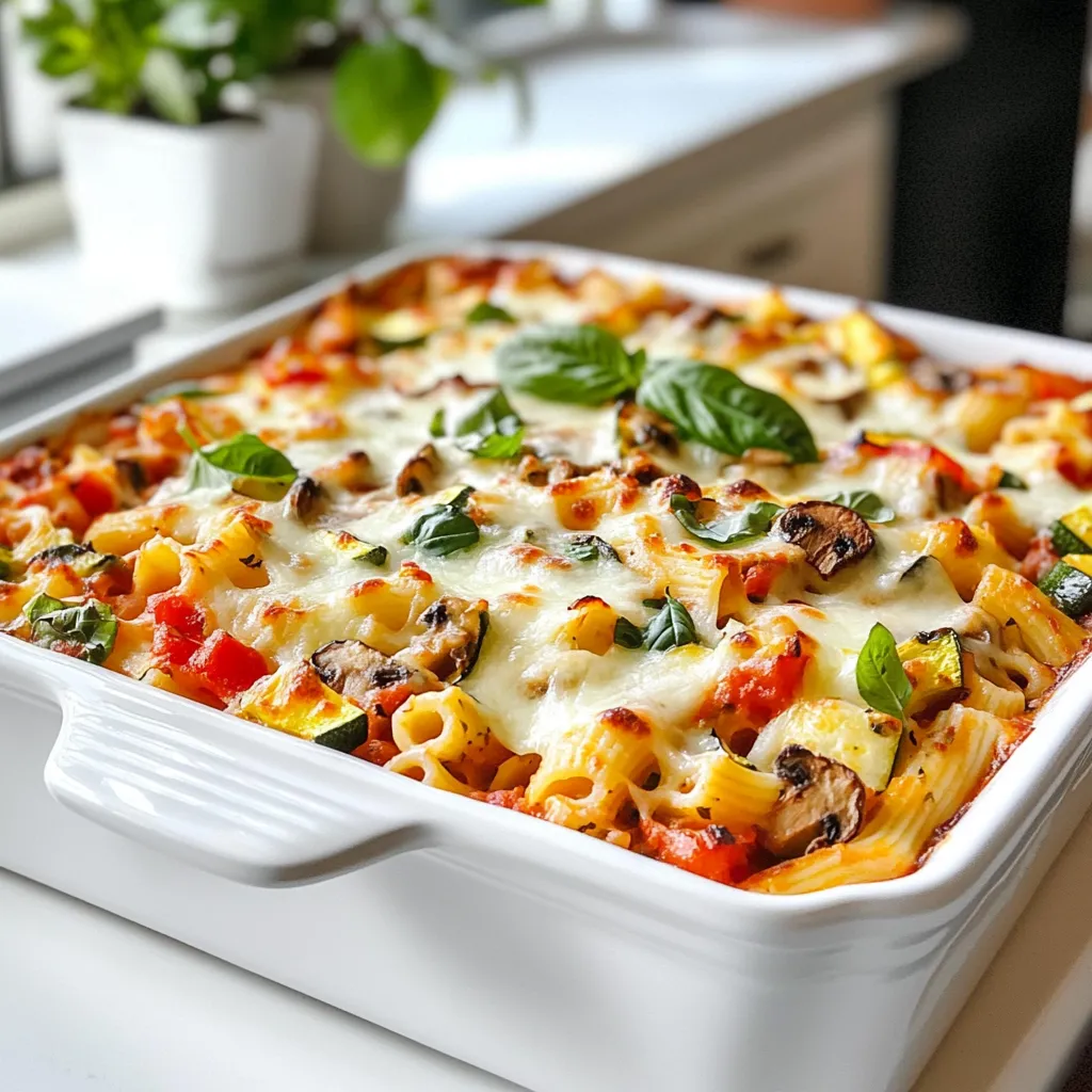 To make a tasty baked ziti with vegetables, gather these ingredients: - 12 oz ziti pasta - 2 tablespoons olive oil - 1 medium onion, diced - 3 cloves garlic, minced - 1 bell pepper (any color), chopped - 1 medium zucchini, diced - 1 cup mushrooms, sliced - 1 can (28 oz) crushed tomatoes - 1 teaspoon dried basil - 1 teaspoon dried oregano - Salt and pepper to taste - 2 cups fresh spinach - 1 ½ cups ricotta cheese - 1 ½ cups shredded mozzarella cheese - ½ cup grated Parmesan cheese Each ingredient adds a layer of flavor and texture. The ziti pasta provides a hearty base. Olive oil adds richness, while onion and garlic create a fragrant start. The bell pepper, zucchini, and mushrooms bring color and nutrients. Crushed tomatoes form the sauce, and herbs boost flavor. The cheeses add creaminess and depth. Don’t forget to season with salt and pepper to enhance all the tastes. With these simple, fresh ingredients, you can create a delightful dish everyone will love. {{ingredient_image_1}} - Preheat the oven to 375°F (190°C). - Cook 12 oz of ziti pasta according to the package instructions until al dente. Drain the pasta and set it aside. - In a large skillet, add 2 tablespoons of olive oil over medium heat. - Add 1 medium diced onion and sauté it until it looks clear, about 3-4 minutes. - Next, stir in 3 minced garlic cloves, 1 chopped bell pepper, 1 diced zucchini, and 1 cup of sliced mushrooms. - Cook these for another 5-7 minutes until all the veggies get soft. - Pour in 1 can of crushed tomatoes (28 oz) and add 1 teaspoon of dried basil, 1 teaspoon of dried oregano, salt, and pepper to taste. - Let this mix simmer for about 10 minutes. - Stir in 2 cups of fresh spinach until it wilts, then remove the skillet from heat. - In a large bowl, mix the cooked ziti with the vegetable sauce, 1 ½ cups of ricotta cheese, and ¾ cup of shredded mozzarella cheese until everything is coated well. - Transfer this mixture into a greased 9x13 inch baking dish. - Top with the remaining mozzarella cheese and ½ cup of grated Parmesan cheese. - Cover the dish with foil and bake it in the preheated oven for 25 minutes. - Remove the foil and bake for an extra 10-15 minutes, until the cheese is bubbly and golden. - Once done, take it out and let it cool for a few minutes before serving. - How to avoid soggy pasta Cook the ziti pasta until it's al dente. This means it should be firm when you bite into it. Drain and do not rinse. Rinsing washes away the starch that helps the sauce stick. - Tips for achieving bubbly, golden cheese Use a mix of mozzarella and Parmesan cheese on top. This combo creates a great texture. Bake covered with foil for the first part. Remove the foil to let the cheese brown and bubble. - Suggestions for optimal seasoning Always taste your sauce. Add salt, pepper, and herbs like basil and oregano. You can adjust these to your liking. Fresh herbs add more flavor than dried ones. - Garnishing options Fresh basil leaves look lovely on top. They add a pop of color and flavor. You can also sprinkle some extra Parmesan for richness. - Recommended side dishes A simple side salad pairs well. The crunch balances the creamy ziti. Garlic bread also works great for dipping in any leftover sauce. Pro Tips Use Fresh Herbs: Adding fresh basil or oregano right before serving enhances the flavor and adds a burst of freshness to your baked ziti. Cheese Variations: Experiment with different cheeses like fontina or gouda for a unique twist on the traditional mozzarella and ricotta combination. Make Ahead: Prepare the baked ziti in advance and refrigerate it. Just bake it when you're ready to serve, adding an extra 10-15 minutes to the cooking time. Vegetable Add-ins: Feel free to add other vegetables like spinach, kale, or eggplant to make it even more nutritious and colorful. {{image_2}} You can change the vegetables in baked ziti to fit your taste. Try adding seasonal veggies like: - Broccoli florets - Roasted red peppers - Eggplant cubes - Carrots, shredded or diced These add color and nutrients. You can also switch cheeses for a new twist. Use gouda or feta for a unique flavor. Mixing different cheeses can make your dish special. Making baked ziti gluten-free is easy. Use gluten-free ziti or penne pasta. Check labels to ensure your pasta is safe. For a vegan version, skip the ricotta and mozzarella. Instead, use cashew cheese or tofu. You can also add lentils or chickpeas for protein. This keeps your meal hearty and tasty. To keep your baked ziti fresh, store it in an airtight container. This helps seal in moisture and flavors. Place it in the fridge within two hours of cooking. Baked ziti can last in the fridge for about three to five days. Make sure to check for any signs of spoilage before eating. If it looks or smells off, it's best to toss it. Freezing baked ziti is easy. First, let it cool completely. Then, cut it into portions. Wrap each portion in plastic wrap, ensuring there are no air pockets. After that, place them in a freezer-safe bag or container. This way, it can last for about two to three months in the freezer. When you're ready to eat, take a portion out and thaw it in the fridge overnight. To reheat, preheat your oven to 350°F (175°C). Place the ziti in an oven-safe dish. Cover it with foil to keep it moist. Bake for about 20 to 30 minutes, or until it’s heated through. If you want to brown the cheese, remove the foil for the last 5 to 10 minutes. This method keeps your baked ziti tasty and not dry. Yes, you can prepare Baked Ziti ahead of time. Cook the pasta and make the sauce. Layer the ziti, sauce, and cheese in a baking dish. Cover it tightly with foil and store it in the fridge. You can bake it later. Just add a few extra minutes to the baking time. To spice up your Baked Ziti, add crushed red pepper flakes. Mix them in with the sauce. You can also use spicy sausage instead of regular sausage. For even more heat, consider adding jalapeños or spicy cheese. Adjust the spice to your taste. Baked Ziti goes well with a fresh side salad. A simple green salad with vinaigrette works great. Garlic bread is another classic choice. It adds crunch and flavor. You might also enjoy serving it with roasted vegetables for a healthy side. This blog post covers how to make delicious baked ziti. You learned about key ingredients, cooking steps, and useful tips. From sautéed veggies to golden cheese, each element plays a role in flavor. Try variations for dietary needs or different veggies to mix it up. Store leftovers well to enjoy later. Overall, baked ziti is easy, tasty, and perfect for any meal. You now have all the tools to make your own delicious version at home. Enjoy every cheesy bite!