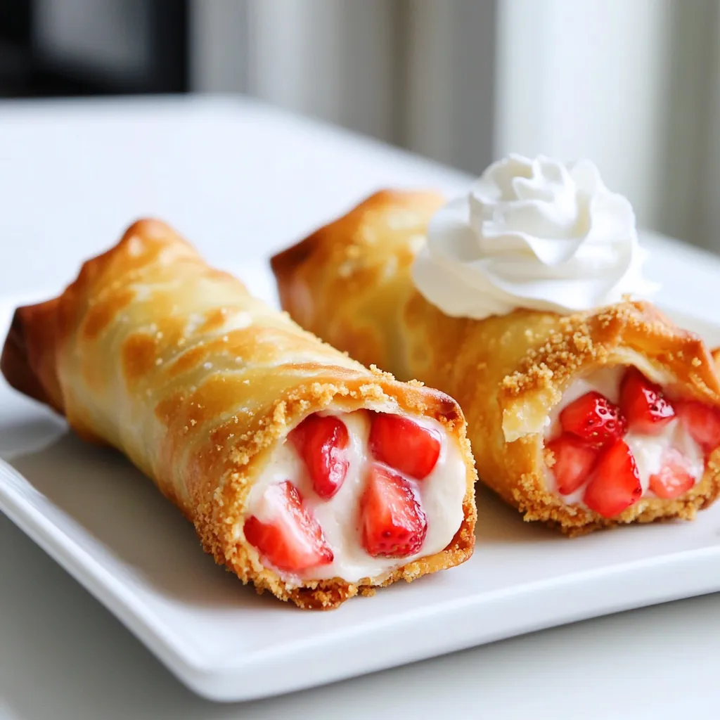 For the fresh taste, you need: - 1 cup strawberries, hulled and diced - 1 tablespoon sugar - 1 teaspoon lemon juice These ingredients add flavor and brightness to your eggrolls. The strawberries bring sweetness, while the sugar and lemon juice help enhance their natural taste. For the creamy filling, gather: - 8 oz cream cheese, softened - 1/3 cup powdered sugar - 1 teaspoon vanilla extract These dairy items create a rich and sweet cream cheese filling. The cream cheese gives a smooth texture, while the powdered sugar adds sweetness. Vanilla extract adds a lovely aroma. You will also need: - 1 package eggroll wrappers - Oil for frying - 1/2 cup crushed graham crackers (for coating) - Whipped cream (for serving) Eggroll wrappers create a crisp shell around the filling. Frying oil is key for that golden color. The crushed graham crackers give a nice crunch. Whipped cream is perfect for dipping! Start by hulling and dicing 1 cup of fresh strawberries. Place them in a bowl. Add 1 tablespoon of sugar and 1 teaspoon of lemon juice. Mix it well and let it sit for about 10 minutes. This helps the strawberries become juicy and sweet. In another bowl, take 8 oz of softened cream cheese. Add 1/3 cup of powdered sugar and 1 teaspoon of vanilla extract. Mix it until smooth and creamy. This will be the rich base for your filling. Grab an eggroll wrapper and place it on a clean surface. Point one corner towards you. Spoon about 2 tablespoons of the strawberry cream cheese mixture in the center. Fold the bottom corner over the filling. Then fold in the sides and roll it up tightly. Seal the top corner with a bit of water. Repeat this with the rest of the wrappers and filling. Heat oil in a deep frying pan over medium heat. Once hot, gently place the eggrolls in the oil. Fry them in batches for about 3-4 minutes on each side. They should turn golden brown and crispy. After frying, remove them and place on a paper towel-lined plate to drain excess oil. While warm, roll each eggroll in crushed graham crackers for added crunch. Serve them with whipped cream on the side for dipping. This adds a sweet touch that pairs perfectly with the strawberry cheesecake flavors. Enjoy your tasty treat! To get a crispy outside, use a good amount of oil for frying. Heat the oil to medium. If it's too hot, the eggrolls may burn. If it's too cool, they will soak up too much oil. Fry in small batches to keep the oil temperature steady. This helps the eggrolls cook evenly and stay crisp. For the best filling, let the strawberries sit with sugar and lemon juice. This makes them juicy and sweet. When mixing with cream cheese, ensure it's very soft. A smooth mixture makes it easier to scoop into wrappers. Be gentle when combining the strawberries with the cream cheese. This keeps the chunks intact for great flavor. You can bake these eggrolls if you prefer a healthier option. Preheat the oven to 400°F (200°C). Place the eggrolls on a baking sheet lined with parchment paper. Spray them lightly with cooking spray for a golden finish. Bake for about 15-20 minutes, flipping halfway through. They will not be as crispy as fried, but still tasty! {{image_2}} You can change the fruit in these eggrolls. Blueberries, raspberries, or peaches work well. Just swap the strawberries for your choice. You’ll still get that sweet and creamy taste. Each fruit adds its unique flavor. For example, raspberries give a tart kick. Peaches add a soft sweetness. Experiment and find your favorite! If you want a dairy-free version, use dairy-free cream cheese. Many brands offer great options. You can also use coconut yogurt for a lighter filling. This keeps the taste creamy while fitting your diet. Just follow the same steps in the recipe. You can bake eggrolls if you prefer a healthier option. Preheat your oven to 400°F. Place the eggrolls on a baking sheet and spray them with cooking oil. Bake for about 15-20 minutes, flipping halfway through. They won't be as crispy as fried, but they are still tasty. Try both methods to see which one you like better! To keep your strawberry cheesecake eggrolls fresh, store them in the fridge. Place them in an airtight container. They will stay good for about 2 to 3 days. If you want to keep them longer, consider freezing instead. Freezing eggrolls is a great option! First, let them cool completely. Then, place them on a baking sheet in a single layer. Freeze them until solid, about 1-2 hours. Once frozen, transfer them to a freezer bag. They can last up to 2 months in the freezer. When you're ready to enjoy your eggrolls again, reheat them for the best taste. For a crispy texture, bake them in the oven at 350°F (175°C) for about 10-15 minutes. You can also fry them again for a few minutes until hot. If you prefer, you can microwave them too, but they may lose their crispness. Enjoy! Yes, you can use other types of cream cheese. You might try flavored cream cheese, like strawberry or vanilla. These add a fun twist to your eggrolls. Just ensure it is soft, so it mixes well. You can serve these eggrolls with whipped cream for dipping. A drizzle of chocolate sauce also works great. Fresh strawberries on the side add a nice touch. You could pair them with a scoop of vanilla ice cream too. The eggrolls are done frying when they turn golden brown. This usually takes about 3-4 minutes per side. Make sure to check for crispiness. A nice, crunchy texture means they are ready to enjoy! Yes, you can make these ahead of time. Prepare the filling and wrap the eggrolls. Store them in the fridge for up to 24 hours. Fry them just before serving for the best crispiness. You can also freeze them for later use! You learned how to make delicious Strawberry Cheesecake Eggrolls. We covered fresh and dairy ingredients, and discussed wrappers and coatings. Then, I shared step-by-step instructions and helpful tips for the best results. You discovered fun variations, storage info, and answers to key questions. Now, it’s time to create your tasty treats. Enjoy experimenting and sharing your eggrolls with family and friends! Your culinary adventure starts here.