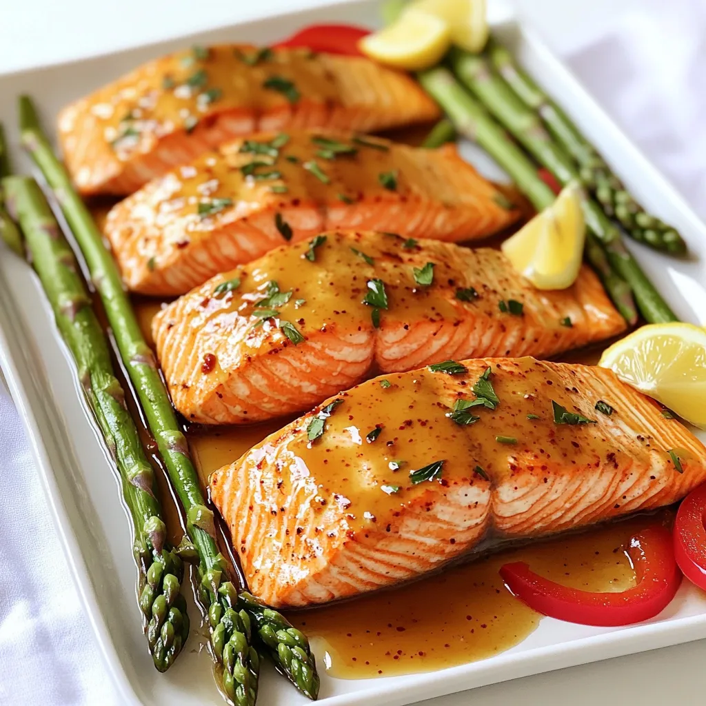 Here are the key ingredients for your Sheet Pan Maple Dijon Salmon. Each one adds flavor and makes this dish special. - 4 salmon fillets (6 oz each) - 1/4 cup pure maple syrup - 2 tablespoons Dijon mustard - 2 tablespoons olive oil - 2 cloves garlic, minced - 1 teaspoon fresh thyme (or 1/2 teaspoon dried thyme) - Salt and pepper to taste - 1 bunch asparagus, trimmed - 1 red bell pepper, sliced - Lemon wedges for serving The salmon fillets are the star of this dish. They cook well and taste rich. Maple syrup gives a sweet glaze, while Dijon mustard adds a nice kick. Olive oil keeps everything moist and helps with browning. Garlic adds depth, and thyme gives a hint of earthiness. Don’t forget salt and pepper! They enhance all the flavors. Asparagus and red bell pepper add color and crunch. They cook quickly, making them perfect for this sheet pan meal. Lemon wedges on the side add a fresh, zesty note. Gather these ingredients, and you are ready to create a tasty meal that feels fancy but is easy to make! - Preheat your oven to 400°F (200°C). - Line a large baking sheet with parchment paper. - In a small bowl, mix 1/4 cup maple syrup, 2 tablespoons Dijon mustard, 2 tablespoons olive oil, 2 minced garlic cloves, and 1 teaspoon fresh thyme. Add salt and pepper to taste. - Place 4 salmon fillets on one side of the baking sheet. - Brush half of the maple-Dijon mixture over the salmon. - On the other side, add the trimmed asparagus and sliced red bell pepper. - Drizzle the remaining sauce over the veggies and toss to coat. - Bake for 15-20 minutes, until salmon flakes easily and veggies are tender. - Plate the salmon and vegetables. - Serve with lemon wedges for a fresh touch. How do I check salmon doneness? To check if salmon is done, use a fork. Gently flake the fish at the thickest part. If it flakes easily, it is ready. You can also use a meat thermometer. The safe cooking temperature is 145°F (63°C). How do I achieve tender vegetables? For tender vegetables, cut them into similar sizes. This helps them cook evenly. Keep an eye on the baking time. Asparagus and bell peppers usually take about 15-20 minutes. If they are not tender, bake them for a few extra minutes. What spices or herbs can I add? You can add spices like paprika or cayenne for heat. Fresh herbs like parsley or dill can brighten the dish. Experiment with what you like best. A bit of lemon zest can also add a fresh touch. What alternative vegetables can I pair with salmon? Try using broccoli, zucchini, or carrots. These vegetables roast well and add great flavor. You can mix and match based on what you have at home. Each choice will bring a unique taste to the dish. {{image_2}} You can swap salmon for chicken or tofu. Chicken thighs work great. They cook well and stay moist. For tofu, use firm or extra firm. Cut it into cubes and soak in the maple-Dijon sauce. This gives it a nice flavor. Both options are easy and quick to prepare. You can change the sweetness or tanginess of the dish. If you want it sweeter, add more maple syrup. For a tangier taste, increase the Dijon mustard. You can also mix in a splash of vinegar. This adds depth to the flavor. Always taste as you go to find what you like best. You can use many seasonal vegetables in this dish. Try broccoli, carrots, or zucchini. These veggies roast well and add color. You can also use snap peas for a nice crunch. Just make sure they all cook evenly. Toss them in the maple-Dijon sauce for extra flavor. To keep your leftovers fresh, first, let the dish cool down. Place the salmon and veggies in an airtight container. Store the container in the fridge. Consume leftovers within three days for the best taste. You can also keep the salmon and veggies separate to maintain texture. This way, you enjoy the flavors longer. Reheating salmon and vegetables requires care to keep them tasty. Preheat your oven to 350°F (175°C). Place the salmon and veggies on a baking sheet. Cover them with foil to avoid drying out. Heat for about 10 minutes, or until warm. You can also reheat in the microwave. Use a microwave-safe dish and cover it. Heat in 30-second bursts until warm. Yes, you can freeze this dish! To freeze, let the leftovers cool completely. Wrap each piece of salmon and veggies tightly in plastic wrap. Then, place them in a freezer bag. Remove as much air as possible before sealing. This keeps flavors fresh. You can freeze it for up to three months. When you’re ready to eat, thaw in the fridge overnight before reheating. You should bake salmon at 400°F for 15 to 20 minutes. The thickness of the fillets affects the time. Salmon is done when it flakes easily with a fork. This means it is cooked well and safe to eat. Make sure to check it around the 15-minute mark. If it needs more time, give it a few more minutes. Yes, you can use fresh herbs instead of dried. Fresh thyme is a great choice. It brings a bright flavor to the dish. Use about three times the amount of fresh herbs as dried ones. For example, if a recipe calls for 1 teaspoon of dried thyme, use 3 teaspoons of fresh thyme. You can also try other herbs like parsley or dill for a different taste. Yes, Sheet Pan Maple Dijon Salmon is a healthy dish. Salmon is rich in omega-3 fatty acids. These are good for your heart and brain. Asparagus and bell peppers add vitamins and fiber. The maple syrup and Dijon mustard provide flavor without too many calories. Overall, this dish balances protein and vegetables well. It makes a nutritious meal for you and your family. This blog post shows how to make Sheet Pan Maple Dijon Salmon. We covered the key ingredients, from salmon fillets to fresh veggies. I explained each step, from preheating the oven to serving the dish. Tips helped check doneness and enhance flavors. We even explored variations with other proteins and vegetables. Remember, you can store and reheat leftovers easily. Enjoy this simple, tasty meal that’s healthy too!