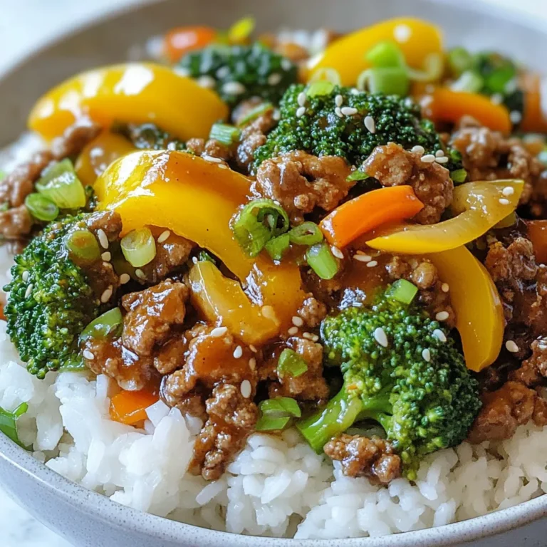 - Ground Beef: You need 1 pound of ground beef. This is the main protein. - Teriyaki Sauce and Soy Sauce: Use 2 tablespoons of teriyaki sauce and 1 tablespoon of soy sauce. These add sweet and salty flavors. - Vegetables: You’ll want 1 cup of broccoli florets, 1 sliced bell pepper (red or yellow), and 1 small carrot, julienned. These veggies add color and crunch. - Aromatics: Grab 2 cloves of minced garlic and 1 teaspoon of grated fresh ginger. These give the dish a fragrant kick. - Cooking Oil: Use 1 tablespoon of sesame oil for cooking. It adds a nice nutty flavor. - Seasoning: Keep salt and pepper on hand to taste. These help enhance all the flavors. - Serving Options: Prepare cooked rice or noodles to serve with your stir-fry. These are great for soaking up the sauce. These ingredients make your Teriyaki Ground Beef Stir-Fry quick and full of flavor. Using fresh veggies and quality sauces makes a big difference. Enjoy cooking! {{ingredient_image_1}} Heating the Skillet Start by placing a large skillet or wok on the stove. Set the heat to medium-high. Pour in the sesame oil. Let it heat for about a minute. You want the oil to shimmer. Cooking Ground Beef Next, add 1 pound of ground beef to the hot skillet. Use a spatula to break it apart. Cook it for about 5 to 7 minutes. Stir until the beef is brown and no longer pink. Draining Excess Fat Once the beef is cooked, check for fat. If there is too much, carefully drain it. You want a leaner dish, so remove as much fat as you can. Incorporating Garlic and Ginger Now, it’s time to add more flavor! Toss in 2 cloves of minced garlic and 1 teaspoon of grated fresh ginger. Stir these in for about 30 seconds. You want to smell that great aroma. Stir-Frying Vegetables Add your veggies next. Toss in 1 cup of broccoli florets, sliced bell pepper, and 1 small julienned carrot. Stir-fry these for about 3 to 4 minutes. You want them to be tender but still crisp. Adding Sauces Now, pour in 2 tablespoons of teriyaki sauce and 1 tablespoon of soy sauce. Mix well to coat the beef and veggies. Cook for an extra 2 minutes, stirring often. Seasoning and Garnishing Finally, season with salt and pepper to taste. Remove from heat and sprinkle with chopped green onions. This adds a nice touch and bright color to your dish. - Best Practices for Stir-Frying: Use a hot skillet or wok. This helps the food cook fast. Keep stirring the food to avoid burning it. Add ingredients in stages. Start with the meat, then add veggies. This way, everything cooks evenly. - Cooking Ground Beef Efficiently: Break the beef apart as it cooks. This lets it brown well. Cook it until there is no pink left. This usually takes about 5 to 7 minutes. Drain any extra fat for a leaner dish. - Suggestions for additional spices or sauces: Try adding a pinch of red pepper flakes for heat. You can also add a splash of rice vinegar for tang. Mix in some hoisin sauce for extra sweetness. - Importance of fresh ingredients: Fresh veggies make a big difference. They add color, crunch, and taste. Use fresh ginger and garlic for the best flavor. They can uplift the whole dish. - Serving Suggestions: Serve the stir-fry over rice or noodles for a filling meal. This adds a nice base to soak up the sauce. - Garnishing Options: Top your dish with chopped green onions and sesame seeds. This adds a nice touch and a bit of crunch. You can also add some cilantro for fresh flavor. Pro Tips Use Fresh Veggies: Fresh vegetables not only enhance the flavor of your stir-fry but also provide more nutrients and crispness. Choose seasonal produce for the best taste. Customize the Sauce: Feel free to adjust the amount of teriyaki and soy sauce according to your taste preferences. For a spicier kick, add some chili flakes or sriracha. Protein Alternatives: This stir-fry works well with other proteins like chicken, turkey, or tofu. Just adjust the cooking time accordingly to ensure everything is cooked through. Meal Prep Friendly: This dish is perfect for meal prepping! Make a double batch and store leftovers in the fridge for quick lunches or dinners throughout the week. {{image_2}} You can switch the ground beef for chicken or tofu. Ground chicken is lean and cooks fast. It absorbs flavors well. Tofu is a great choice for a vegetarian option. Use firm tofu for the best texture. Press it to remove excess moisture before cooking. This helps it crisp up nicely when you fry it. You can add more veggies to your stir-fry. Try snap peas, mushrooms, or zucchini. They bring different flavors and textures. Seasonal vegetables work great too. In spring, add asparagus. In fall, try sweet potatoes or squash. This keeps your dish fresh and colorful. You can make your own teriyaki sauce at home. Mix soy sauce, honey, and a splash of rice vinegar. This gives you control over the flavor. If you want to try something new, experiment with different sauces. A spicy chili sauce can add heat. A sweet hoisin sauce can give a rich taste. - Proper Storage Techniques for Leftovers: Store your Teriyaki Ground Beef Stir-Fry in an airtight container. Let it cool down before sealing. This helps keep flavors fresh. - Storage Containers Recommendations: Use glass or BPA-free plastic containers. These materials keep food safe and are easy to clean. - Best Methods for Reheating Stir-Fry: The best way to reheat is on the stove. Heat a pan over medium heat, add a splash of water or oil, and stir until warm. You can also use a microwave. Cover the dish to keep moisture in while reheating. - Tips for Avoiding Overcooking: Keep an eye on the stir-fry as it heats. Stir often to ensure even warming. Stop reheating as soon as it's warm to avoid losing that nice texture. Teriyaki Ground Beef Stir-Fry lasts about 3 to 4 days in the fridge. Store it in an airtight container. This keeps the flavors fresh and safe to eat. Yes, you can freeze Teriyaki Ground Beef Stir-Fry. Place it in a freezer-safe bag or container. It can last for up to 3 months in the freezer. Just thaw it overnight in the fridge before reheating. Serve Teriyaki Ground Beef Stir-Fry with cooked rice or noodles. You can also add a side of steamed vegetables for extra color and nutrition. A sprinkle of sesame seeds enhances the dish too. Yes, you can make this dish ahead of time. Cook it fully, then store it in the fridge. Reheat it when you're ready to serve. This saves time for busy weeknights. You can use pre-cooked beef, but adjust cooking time. Heat the beef until warm, then add the sauces and vegetables. This method cuts down on cooking time and still gives you great flavor. This blog post covered how to create a tasty Teriyaki Ground Beef Stir-Fry. We discussed key ingredients, step-by-step cooking instructions, helpful tips, and delicious variations. Each part adds to the flavor and enjoyment of the dish. Remember, fresh ingredients make a big difference. Feel free to customize your stir-fry to fit your tastes. Whether using different proteins or sauces, the possibilities are endless. Happy cooking!