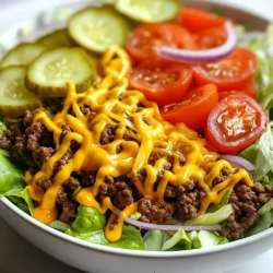 The main ingredients for a cheeseburger salad bowl create a hearty and tasty dish. You will need: - 1 lb ground beef - 4 cups romaine lettuce, chopped - 1 cup cherry tomatoes, halved - 1 cup pickles, sliced - 1/2 red onion, thinly sliced - 1 cup shredded cheddar cheese These fresh items form a colorful and satisfying base for your meal. The ground beef adds protein and flavor, while the veggies give crunch and color. To bring the beef to life, you need the right spices. Use: - 1 teaspoon garlic powder - 1 teaspoon onion powder - Salt and pepper to taste These spices add depth to the beef. Garlic powder gives a nice kick, while onion powder adds sweetness. Adjust the salt and pepper to fit your taste. The dressing ties everything together and makes the salad delicious. You will mix: - 1/4 cup ketchup - 1/4 cup mustard - 1/4 cup mayonnaise This mix creates a tangy and creamy sauce that pairs well with the salad. You can change the amounts based on your flavor preference. Enjoy the balance of sweet and tangy in every bite! {{ingredient_image_1}} To start, heat a skillet over medium-high heat. Add 1 pound of ground beef. Sprinkle in 1 teaspoon each of garlic powder and onion powder. Season with salt and pepper to taste. Cook until the beef is brown and fully cooked, about 7-10 minutes. Make sure to drain any excess fat. Set the cooked beef aside to cool a bit. This step ensures your beef is juicy and packed with flavor. While the beef cooks, grab a large bowl. Add 4 cups of chopped romaine lettuce. Next, toss in 1 cup of halved cherry tomatoes, 1 cup of sliced pickles, and 1/2 thinly sliced red onion. Gently mix the greens and veggies. This salad base brings fresh crunch to your meal and balances the richness of the beef. Once the beef cools, mix it into the salad bowl. In a small bowl, stir together 1/4 cup each of ketchup, mustard, and mayonnaise. This will be your dressing. Pour the dressing over the salad. Toss everything until well combined. Finally, top with 1 cup of shredded cheddar cheese. Serve the salad immediately in bowls. Enjoy a delicious, hearty meal that feels like a burger but is much lighter! To cook ground beef well, use medium-high heat. Start with a hot skillet. This helps to brown the beef and adds flavor. Season it with garlic powder, onion powder, salt, and pepper. Cook for about 7 to 10 minutes. Stir often to break up any lumps. Drain excess fat for a leaner dish. Let it cool slightly before adding it to your salad. Using fresh ingredients makes a big difference. Choose crisp romaine lettuce for a crunchy base. Add ripe cherry tomatoes for sweetness and color. Pickles bring tang, while red onion adds a slight bite. Fresh vegetables brighten the dish and boost nutrition. Always wash and chop them right before serving to keep them fresh. The dressing is key to flavor. Mix ketchup, mustard, and mayonnaise for a classic taste. Adjust the amounts to suit your taste. Want something tangy? Add more mustard. Prefer it sweeter? Up the ketchup. You can even try yogurt or vinaigrette for a lighter option. Get creative and find what you love! Pro Tips Cook Beef to Perfection: Ensure you break up the ground beef into small pieces while cooking for even browning and texture. Fresh Ingredients Matter: Use fresh romaine lettuce and ripe cherry tomatoes for the best crunch and flavor in your salad. Customize the Dressing: Feel free to adjust the amount of ketchup, mustard, and mayonnaise in the dressing to suit your taste. Chill Before Serving: For an extra refreshing salad, chill the salad bowl in the fridge for about 15 minutes before serving. {{image_2}} You can make a tasty vegetarian version of this salad. Use cooked lentils or black beans instead of ground beef. These options add protein and keep the meal filling. Add diced mushrooms for a meaty texture. You can still add all the fun toppings like cheese and pickles. Use a veggie-based dressing to enhance the flavors. This version is colorful and yummy! For a low-carb option, skip the tomatoes and pickles. Use butter lettuce instead of romaine. Ground beef is great since it fits a keto diet. You can also add avocado for creaminess. Swap the regular dressing for a low-carb version. This keeps the salad fresh and satisfying while staying low on carbs. You can get creative with dressings and toppings. Try ranch dressing or a zesty vinaigrette. A spicy sriracha mayo can add some kick. For toppings, consider crispy bacon bits or sliced jalapeños for heat. You can even add a scoop of guacamole for extra flavor. These changes can make your salad unique each time! You can store leftover salad in an airtight container. Keep it in the fridge. Use the salad within three days for the best taste. If you leave out the dressing, it lasts longer. Add dressing just before eating to keep the salad fresh. Plan ahead for easy meals. Cook the ground beef and store it separately. Chop the veggies and store them in bags or containers. Keep the dressing in a jar. This way, you can mix it all when you're ready to eat. Meal prep saves time and keeps things fresh. When reheating ground beef, use a skillet or microwave. If using a skillet, heat on low. Stir often to warm it evenly. In the microwave, heat in short bursts. Check every 30 seconds to avoid overcooking. Proper reheating keeps the beef tasty and juicy. Yes, you can prepare this salad ahead of time. I suggest making the beef and dressing first. Store them separately in the fridge. You can mix everything before serving. This keeps the lettuce fresh and crisp. If you prep it this way, the flavors blend well. You can use ground turkey, chicken, or plant-based meat. Each of these options gives a different taste. If you want a meatless option, try black beans or lentils. They are healthy and full of protein. Just make sure to season them well for flavor. Absolutely! You can use lean ground beef or turkey. You can also skip the cheese or use a low-fat version. Choose lighter dressings, like yogurt-based ones. This way, you enjoy a tasty meal with less fat. You can still get rich flavors without the extra calories. In this blog post, I shared how to make a delicious cheeseburger salad bowl. We covered key ingredients, spices, and dressings. I also gave step-by-step instructions for cooking the beef and assembling the salad. Use fresh ingredients for the best flavor, and don’t forget the tips for storage and variations. Try different dressings and toppings to find what you love best. Enjoy this fun twist on a classic meal!