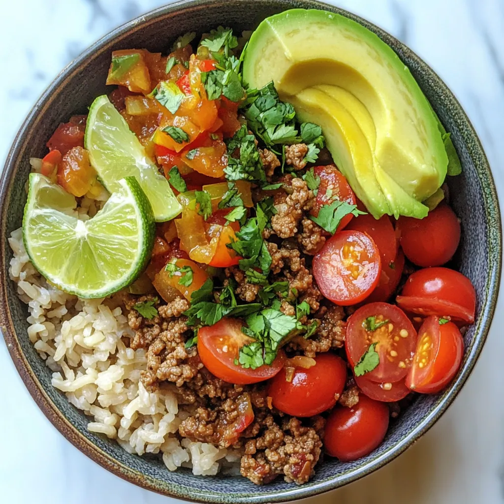 - 1 lb ground turkey - 1 small onion, diced - 2 cloves garlic, minced - 1 red bell pepper, diced - 1 can (15 oz) black beans, rinsed and drained - 1 cup corn kernels (fresh or frozen) The main ingredients in this Turkey Taco Bowl create a delicious base. I love using ground turkey for its lean profile and flavor. Dicing the onion, garlic, and red bell pepper adds a fresh crunch. Black beans and corn bring texture and sweetness. These ingredients work together to create a hearty meal. - 1 tablespoon taco seasoning - 1 teaspoon chili powder - Salt and pepper to taste Seasoning is key. Taco seasoning brings a bold flavor that makes every bite exciting. I add chili powder for a hint of warmth. A sprinkle of salt and pepper enhances the taste. This blend makes the turkey mixture pop with flavor. - 1 cup cherry tomatoes, halved - 1 avocado, sliced - Fresh cilantro, chopped - Diced jalapeños (optional) Toppings are what make this bowl shine. Cherry tomatoes add freshness and color. Sliced avocado offers creaminess that balances the spices. I love topping it off with chopped cilantro for a burst of flavor. If you like heat, add diced jalapeños for an extra kick. These toppings turn a simple meal into a vibrant dish. {{ingredient_image_1}} 1. Heat a large skillet over medium heat. Add 1 tablespoon of olive oil. 2. Once the oil is hot, add 1 small diced onion. Sauté for 2-3 minutes until soft. 3. Next, add 2 cloves of minced garlic and 1 diced red bell pepper. Cook for another 2-3 minutes until the pepper is tender. 4. Turn the heat to medium-high. Add 1 pound of ground turkey to the skillet. Sprinkle in taco seasoning, chili powder, salt, and pepper. 5. Cook the turkey for about 5-7 minutes. Stir often until it is browned and fully cooked. 1. Stir in 1 can of rinsed and drained black beans and 1 cup of corn. Mix well. 2. Let the mixture cook for another 2-3 minutes. Ensure everything is heated through. 3. While the turkey mixture is cooking, prepare your base. You can layer 2 cups of cooked brown rice or quinoa in a serving bowl. 1. Spoon the turkey mixture generously over the rice or quinoa. 2. Now it’s time for toppings! Add halved cherry tomatoes and slices of avocado on top. 3. Sprinkle fresh chopped cilantro over everything. If you like heat, add diced jalapeños. 4. Serve with lime wedges on the side. Squeeze lime over the bowl before eating for extra flavor. To ensure your turkey is cooked properly, use a meat thermometer. Turkey should reach an internal temperature of 165°F. This keeps the meat safe and juicy. Cook the turkey until it turns brown and crumbly. Avoid pink spots, as they mean it's undercooked. For sautéing vegetables, heat the olive oil in the skillet first. Add onions and cook for 2-3 minutes. This softens them and brings out their flavor. Next, add garlic and red bell pepper. Cook these for another 2-3 minutes until tender. This method helps your veggies stay bright and tasty. Layering ingredients makes your bowl look great. Start with a base of brown rice or quinoa. Then, spoon the turkey mixture over the rice. Top with halved cherry tomatoes and avocado slices. Finally, sprinkle fresh cilantro for a pop of color. You can also add diced jalapeños for heat. Garnish each bowl with a lime wedge. When you squeeze the lime over the top, it adds a fresh taste. A small handful of cilantro on top makes it even prettier. To boost flavor, try adding spices like cumin or paprika. These spices add depth and warmth to your dish. You can also mix in a splash of lime juice for brightness. If you want to change proteins, ground chicken or beef works well. For a vegetarian option, swap turkey for black beans or lentils. This keeps the meal healthy while adding new flavors. Pro Tips Use Lean Turkey: Opt for lean ground turkey to reduce fat content without sacrificing flavor. Customize Your Toppings: Feel free to add your favorite toppings like cheese, sour cream, or hot sauce to personalize your bowl. Meal Prep Friendly: This dish is perfect for meal prep! Make a larger batch and store leftovers in the fridge for quick lunches. Boost Flavor: For extra flavor, marinate the turkey in the taco seasoning for 30 minutes before cooking. {{image_2}} You can switch up the protein in your Turkey Taco Bowl. Try ground chicken or beef for a change. Both options provide a rich flavor. If you want a meatless meal, consider using lentils or chickpeas. These vegetarian options add protein and fiber, keeping the dish hearty. The base of your bowl can vary too. Quinoa is a great choice for a nutty flavor and extra protein. Brown rice is classic, but it’s also filling. For a low-carb option, cauliflower rice works well. It absorbs the flavors and adds a light texture. You can mix and match these bases to find your favorite. Don't be afraid to play with toppings! Try adding different vegetables like corn, diced cucumbers, or shredded carrots. Each adds a crunch and freshness. When it comes to cheese, options like cheddar or feta can change the taste. You can also use Greek yogurt instead of sour cream for a tangy twist. Get creative and make your bowl unique! Turkey Taco Bowls can last in the fridge for about 3 to 4 days. Store them in an airtight container. Make sure to cool the dish to room temperature before sealing it up. This helps keep the flavors fresh and safe. For freezing leftovers, let your Turkey Taco Bowl cool completely. Then, portion it into freezer-safe containers. This way, you can enjoy it later without losing taste. When it's time to eat, thaw the bowl overnight in the fridge. To reheat, you can use the microwave or stove. If using the microwave, heat in short bursts, stirring often. If you use the stove, add a splash of water to keep it moist. Heat on low until warmed through. You can prepare this dish ahead of time for busy days. Cook the turkey mixture and rice or quinoa in advance. Store them separately in the fridge for up to 3 days. This makes it easy to grab and serve when you need a quick meal. Portion the turkey mixture in small containers. This way, you can easily access the right amount for each meal. You can also pack toppings like avocado and lime in small bags to keep them fresh. You can try many options if you don't want to use ground turkey. Here are some ideas: - Ground chicken - Ground beef - Ground pork - Tofu (for a meatless option) - Lentils (great for a vegetarian bowl) Each option adds a unique flavor. Choose what you like best. Yes, you can prepare Turkey Taco Bowls ahead of time. Here’s how: - Cook the turkey mixture and cool it down. - Store it in an airtight container in the fridge. - Cook rice or quinoa ahead and keep it separate. - Assemble your bowls just before eating. This way, you save time on busy nights. To add more flavor, here are some fun ideas: - Top with shredded cheese for creaminess. - Add sour cream or Greek yogurt for tang. - Include sliced jalapeños for heat. - Toss on fresh corn salsa for a crunch. - Sprinkle cilantro for freshness. Feel free to mix and match toppings to find your favorite combo! You learned how to create delicious Turkey Taco Bowls. We covered key ingredients like turkey, vegetables, and toppings. I shared step-by-step instructions to make cooking easy and fun. You also saw tips for cooking and presenting your meal. Now, you can enjoy these bowls any day. Experiment with flavors and ingredients. Remember, these bowls are great for meal prep, too. I hope you feel inspired to try your own version!