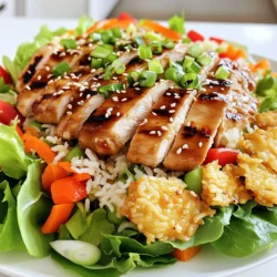 - 2 boneless, skinless chicken breasts - 1/2 cup teriyaki sauce - 2 cups cooked jasmine rice (day-old rice works best) - 1/4 cup cornstarch - 3 tablespoons vegetable oil - 2 cups mixed salad greens (such as spinach, arugula, and romaine) - 1 red bell pepper, diced - 1 cup shredded carrots - 1/4 cup green onions, sliced - Salt and pepper to taste To create this dish, you need fresh and quality ingredients. The chicken, marinated in teriyaki sauce, brings a sweet and savory flavor. The jasmine rice adds a soft and fluffy base. Mixing in cornstarch gives the rice a crispy texture when cooked. The salad greens and veggies make the dish fresh and colorful. - Sesame seeds - Additional herbs or toppings Garnishes like sesame seeds add a nice crunch. They also enhance the dish's look. Feel free to add herbs for extra flavor. You can use cilantro, mint, or even sliced avocado. These extras make the meal feel special. Marinating the chicken adds great flavor. Start by putting the boneless chicken breasts in a bowl. Pour in 1/4 cup of teriyaki sauce. Make sure the chicken is well-coated. Let it sit for at least 30 minutes. For even more flavor, marinate for up to 2 hours. This will help the chicken soak up the sauce. To cook the chicken, heat your grill or grill pan over medium-high heat. Remove the chicken from the marinade. Let the extra sauce drip off. Grill the chicken for 6-7 minutes on each side. Use a meat thermometer to check the internal temperature. It should reach 165°F (75°C). Once done, let the chicken rest for a few minutes. Then slice it into bite-sized pieces. For the crispy rice, mix the cooked jasmine rice with cornstarch in a large bowl. Make sure every grain is coated. Heat vegetable oil in a non-stick pan over medium heat. When the oil is hot, add the rice mixture in a flat layer. Cook it for about 4-5 minutes on each side. You want it to be golden brown and crispy. Once crispy, take it off the heat and break it into pieces. In a large bowl, combine the mixed salad greens, diced bell pepper, shredded carrots, and sliced green onions. Drizzle the remaining teriyaki sauce and rice vinegar over the salad. Toss everything together gently. Make sure all the ingredients are well coated for the best taste. To serve, plate the salad mixture first. Then, add the sliced teriyaki chicken on top. Finally, sprinkle the crispy rice pieces over the chicken. Don't forget to add sesame seeds for a nice touch. This makes for a colorful and tasty presentation. To make your teriyaki chicken crispy rice salad even tastier, use fresh ingredients. Fresh herbs like cilantro or basil can add a nice touch. You can also add a bit of ginger or garlic to the teriyaki sauce. This will give your dish a nice kick. If you want more sweetness, try adding a touch of honey. It blends well with the teriyaki sauce and adds depth. Choosing the right rice is key. I recommend using jasmine rice for this dish. It has a lovely fragrance and a soft texture. If you have day-old rice, that works best. It helps the rice get crispy. Rinse the rice before cooking to remove excess starch. This will keep the rice from getting too sticky. If you don’t have a grill, you can pan-fry the chicken. Heat some oil in a skillet over medium-high heat. Cook the chicken for about 6-7 minutes on each side. Make sure it reaches 165°F (75°C) for safety. For the crispy rice, you can also bake it. Spread the rice on a baking sheet and bake at 400°F (200°C) until golden, about 15-20 minutes. This method is great if you want to use less oil. {{image_2}} You can switch out the chicken for other proteins. Here are some great options: - Tofu: Firm tofu works well. Press and cube it for grilling. - Shrimp: Use peeled and deveined shrimp. Grill them for about 2-3 minutes per side. - Beef: Thinly slice flank steak. Marinate in teriyaki sauce and grill quickly. - Pork: Boneless pork chops are another tasty choice. Grill until cooked through. Each protein brings a unique flavor and texture to the salad. Feel free to get creative! If you want a plant-based dish, there are easy swaps to make: - Tofu or Tempeh: Both are great chicken substitutes. Use the same marinating and cooking method. - Seitan: This wheat-based protein mimics meat very well. Slice and grill it like chicken. - Chickpeas: For a hearty option, roast chickpeas and toss them in. These swaps keep your salad fresh and full of flavor while meeting dietary needs. You can try various dressings to change up the salad's taste. Here are some ideas: - Peanut Sauce: A creamy peanut sauce adds a rich flavor. Mix with a bit of water to thin. - Miso Dressing: This adds umami. Blend miso, rice vinegar, and a touch of honey. - Ginger Soy Dressing: Combine soy sauce, grated ginger, and sesame oil for zest. - Spicy Mayo: Mix mayo with sriracha for a kick. These dressings can elevate your salad and keep it exciting every time you make it! To keep your Teriyaki Chicken Crispy Rice Salad fresh, store it well. Place leftovers in an airtight container. This helps maintain the flavor and texture of your dish. You can refrigerate it for up to three days. If you want to keep it longer, freeze the chicken and crispy rice separately. This way, they won’t get soggy. When you are ready to eat your leftovers, reheating is key. Use the oven to keep the crispy texture. Preheat your oven to 350°F (175°C). Place the chicken and crispy rice on a baking sheet. Heat for about 10-15 minutes. This method helps maintain their crunch. You can also use a skillet on low heat. Stir gently to warm through without losing crispness. The shelf life of your Teriyaki Chicken Crispy Rice Salad varies. In the fridge, it lasts about three days. If you freeze it, expect it to stay good for about one month. After that, the taste may fade. Always check for any signs of spoilage before eating. Enjoy your meal without worry! To make Teriyaki Chicken Crispy Rice Salad gluten-free, you need to change a few ingredients. Use gluten-free teriyaki sauce instead of regular sauce. Check the label for wheat-free options. You can also choose a gluten-free soy sauce alternative. This way, you keep all the great flavors without the gluten. Yes, you can use brown rice instead of jasmine rice. Brown rice has a nuttier taste and a chewier texture. It is more nutritious too, with extra fiber. Just remember that brown rice takes longer to cook. Plan for extra time if you choose brown rice. This salad goes well with many side dishes. You can serve it with steamed broccoli or sautéed snap peas. These veggies add color and crunch. For a light touch, try a miso soup or a simple cucumber salad. These sides will make your meal even more satisfying! This blog post covers how to make Teriyaki Chicken Crispy Rice Salad. First, we discussed key ingredients like chicken, rice, and salad vegetables. Next, I shared step-by-step cooking instructions for marinating and grilling the chicken. We explored tips to enhance flavors, perfect rice textures, and different variations for protein and dressings. Finally, I provided storage advice for leftovers to keep your meal fresh. Try this recipe for a tasty dish that’s easy to make and customize. Enjoy your cooking journey!
