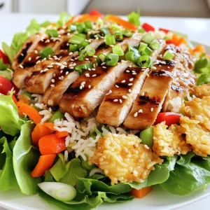 - 2 boneless, skinless chicken breasts - 1/2 cup teriyaki sauce - 2 cups cooked jasmine rice (day-old rice works best) - 1/4 cup cornstarch - 3 tablespoons vegetable oil - 2 cups mixed salad greens (such as spinach, arugula, and romaine) - 1 red bell pepper, diced - 1 cup shredded carrots - 1/4 cup green onions, sliced - Salt and pepper to taste To create this dish, you need fresh and quality ingredients. The chicken, marinated in teriyaki sauce, brings a sweet and savory flavor. The jasmine rice adds a soft and fluffy base. Mixing in cornstarch gives the rice a crispy texture when cooked. The salad greens and veggies make the dish fresh and colorful. - Sesame seeds - Additional herbs or toppings Garnishes like sesame seeds add a nice crunch. They also enhance the dish's look. Feel free to add herbs for extra flavor. You can use cilantro, mint, or even sliced avocado. These extras make the meal feel special. Marinating the chicken adds great flavor. Start by putting the boneless chicken breasts in a bowl. Pour in 1/4 cup of teriyaki sauce. Make sure the chicken is well-coated. Let it sit for at least 30 minutes. For even more flavor, marinate for up to 2 hours. This will help the chicken soak up the sauce. To cook the chicken, heat your grill or grill pan over medium-high heat. Remove the chicken from the marinade. Let the extra sauce drip off. Grill the chicken for 6-7 minutes on each side. Use a meat thermometer to check the internal temperature. It should reach 165°F (75°C). Once done, let the chicken rest for a few minutes. Then slice it into bite-sized pieces. For the crispy rice, mix the cooked jasmine rice with cornstarch in a large bowl. Make sure every grain is coated. Heat vegetable oil in a non-stick pan over medium heat. When the oil is hot, add the rice mixture in a flat layer. Cook it for about 4-5 minutes on each side. You want it to be golden brown and crispy. Once crispy, take it off the heat and break it into pieces. In a large bowl, combine the mixed salad greens, diced bell pepper, shredded carrots, and sliced green onions. Drizzle the remaining teriyaki sauce and rice vinegar over the salad. Toss everything together gently. Make sure all the ingredients are well coated for the best taste. To serve, plate the salad mixture first. Then, add the sliced teriyaki chicken on top. Finally, sprinkle the crispy rice pieces over the chicken. Don't forget to add sesame seeds for a nice touch. This makes for a colorful and tasty presentation. To make your teriyaki chicken crispy rice salad even tastier, use fresh ingredients. Fresh herbs like cilantro or basil can add a nice touch. You can also add a bit of ginger or garlic to the teriyaki sauce. This will give your dish a nice kick. If you want more sweetness, try adding a touch of honey. It blends well with the teriyaki sauce and adds depth. Choosing the right rice is key. I recommend using jasmine rice for this dish. It has a lovely fragrance and a soft texture. If you have day-old rice, that works best. It helps the rice get crispy. Rinse the rice before cooking to remove excess starch. This will keep the rice from getting too sticky. If you don’t have a grill, you can pan-fry the chicken. Heat some oil in a skillet over medium-high heat. Cook the chicken for about 6-7 minutes on each side. Make sure it reaches 165°F (75°C) for safety. For the crispy rice, you can also bake it. Spread the rice on a baking sheet and bake at 400°F (200°C) until golden, about 15-20 minutes. This method is great if you want to use less oil. {{image_2}} You can switch out the chicken for other proteins. Here are some great options: - Tofu: Firm tofu works well. Press and cube it for grilling. - Shrimp: Use peeled and deveined shrimp. Grill them for about 2-3 minutes per side. - Beef: Thinly slice flank steak. Marinate in teriyaki sauce and grill quickly. - Pork: Boneless pork chops are another tasty choice. Grill until cooked through. Each protein brings a unique flavor and texture to the salad. Feel free to get creative! If you want a plant-based dish, there are easy swaps to make: - Tofu or Tempeh: Both are great chicken substitutes. Use the same marinating and cooking method. - Seitan: This wheat-based protein mimics meat very well. Slice and grill it like chicken. - Chickpeas: For a hearty option, roast chickpeas and toss them in. These swaps keep your salad fresh and full of flavor while meeting dietary needs. You can try various dressings to change up the salad's taste. Here are some ideas: - Peanut Sauce: A creamy peanut sauce adds a rich flavor. Mix with a bit of water to thin. - Miso Dressing: This adds umami. Blend miso, rice vinegar, and a touch of honey. - Ginger Soy Dressing: Combine soy sauce, grated ginger, and sesame oil for zest. - Spicy Mayo: Mix mayo with sriracha for a kick. These dressings can elevate your salad and keep it exciting every time you make it! To keep your Teriyaki Chicken Crispy Rice Salad fresh, store it well. Place leftovers in an airtight container. This helps maintain the flavor and texture of your dish. You can refrigerate it for up to three days. If you want to keep it longer, freeze the chicken and crispy rice separately. This way, they won’t get soggy. When you are ready to eat your leftovers, reheating is key. Use the oven to keep the crispy texture. Preheat your oven to 350°F (175°C). Place the chicken and crispy rice on a baking sheet. Heat for about 10-15 minutes. This method helps maintain their crunch. You can also use a skillet on low heat. Stir gently to warm through without losing crispness. The shelf life of your Teriyaki Chicken Crispy Rice Salad varies. In the fridge, it lasts about three days. If you freeze it, expect it to stay good for about one month. After that, the taste may fade. Always check for any signs of spoilage before eating. Enjoy your meal without worry! To make Teriyaki Chicken Crispy Rice Salad gluten-free, you need to change a few ingredients. Use gluten-free teriyaki sauce instead of regular sauce. Check the label for wheat-free options. You can also choose a gluten-free soy sauce alternative. This way, you keep all the great flavors without the gluten. Yes, you can use brown rice instead of jasmine rice. Brown rice has a nuttier taste and a chewier texture. It is more nutritious too, with extra fiber. Just remember that brown rice takes longer to cook. Plan for extra time if you choose brown rice. This salad goes well with many side dishes. You can serve it with steamed broccoli or sautéed snap peas. These veggies add color and crunch. For a light touch, try a miso soup or a simple cucumber salad. These sides will make your meal even more satisfying! This blog post covers how to make Teriyaki Chicken Crispy Rice Salad. First, we discussed key ingredients like chicken, rice, and salad vegetables. Next, I shared step-by-step cooking instructions for marinating and grilling the chicken. We explored tips to enhance flavors, perfect rice textures, and different variations for protein and dressings. Finally, I provided storage advice for leftovers to keep your meal fresh. Try this recipe for a tasty dish that’s easy to make and customize. Enjoy your cooking journey!