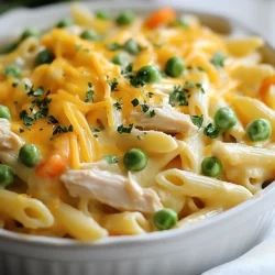 To make Chicken Pot Pie Pasta, gather these key ingredients: - 2 cups cooked pasta (penne or rigatoni works best) - 2 cups cooked chicken, shredded - 1 cup frozen mixed vegetables (peas, carrots, corn) - 1 cup chicken broth - 1 cup heavy cream - 1 teaspoon onion powder - 1 teaspoon garlic powder - 1 teaspoon dried thyme - 2 tablespoons olive oil - Salt and pepper to taste - 1/2 cup shredded cheddar cheese (optional for topping) - Fresh parsley, chopped (for garnish) These ingredients come together to create a creamy, comforting dish. The chicken and veggies add great flavor. The heavy cream makes it rich, while the pasta brings it all together. You can easily swap some ingredients if needed: - Pasta: Use gluten-free pasta for a gluten-free option. - Chicken: Replace with rotisserie chicken for faster prep. - Vegetables: Fresh veggies can be used instead of frozen. - Broth: Vegetable broth can replace chicken broth for a lighter taste. - Cream: Use half-and-half if you want a lighter sauce. These swaps keep the dish tasty while fitting your needs. For the best results, choose these pasta types: - Penne: Its shape holds the sauce well. - Rigatoni: The ridges catch all the creamy sauce. - Fusilli: Twisted shapes trap sauce and bits of chicken. Using the right pasta enhances the dish's texture and flavor. {{ingredient_image_1}} Start by cooking 2 cups of pasta. You can use penne or rigatoni. Follow the package instructions. Once the pasta is al dente, drain the water and set it aside. This step is key for a great texture. In a large skillet, add 2 tablespoons of olive oil. Heat it over medium heat. Then, add 2 cups of shredded chicken. Sauté the chicken for 2 to 3 minutes. You want it warmed through, not overcooked. Now, pour in 1 cup of chicken broth and 1 cup of heavy cream. Stir well to mix. Next, add 1 teaspoon of onion powder, 1 teaspoon of garlic powder, and 1 teaspoon of dried thyme. Season with salt and pepper to taste. Allow this mixture to simmer gently. This will create a rich, creamy sauce. After the sauce simmers, add the cooked pasta into the skillet. Toss the pasta well so that it coats in the creamy sauce. Let it cook for an additional 3 to 4 minutes. This helps the flavors come together nicely. If you like cheese, sprinkle 1/2 cup of shredded cheddar cheese on top. Let it melt slightly before serving. Finally, remove the skillet from heat and garnish with fresh chopped parsley. This adds color and a fresh taste. Enjoy your delicious Chicken Pot Pie Pasta! To make the best creamy sauce, balance flavors. Start with chicken broth and heavy cream. Heat them over medium heat until simmering. This step helps the sauce thicken nicely. Stir in onion powder, garlic powder, and thyme for flavor. Mix well and taste. Adjust salt and pepper as needed for your taste. If you want a richer sauce, add more cream. For a lighter sauce, use low-fat milk instead. Cooking pasta right is key. Use a large pot with plenty of water. Add salt to the water; it helps flavor the pasta. Cook the pasta until it's al dente, or firm to the bite. This keeps the texture nice when you mix it with the sauce. Drain the pasta but don’t rinse it. The starch helps the sauce stick better. If you plan to wait before serving, toss the pasta with a little olive oil to keep it from sticking. You can boost the flavor of your dish with some easy add-ons. Try adding fresh herbs like thyme or parsley at the end. They add brightness. For a kick, toss in a pinch of red pepper flakes. You can also mix in some cooked bacon or ham for extra depth. If you love cheese, feel free to add more than just cheddar. Parmesan or mozzarella can also work well. Each choice adds a new twist to this comforting dish. Pro Tips Use Rotisserie Chicken: For a quicker option, shred store-bought rotisserie chicken to save time on cooking and shredding. Customize Your Veggies: Feel free to swap in your favorite vegetables, like broccoli or bell peppers, to suit your taste. Adjust Creaminess: For a lighter dish, you can reduce the amount of heavy cream or substitute it with half-and-half. Make It Ahead: This dish can be prepared ahead of time and stored in the fridge. Just reheat before serving for a quick meal. {{image_2}} You can make a tasty vegetarian version of Chicken Pot Pie Pasta. Swap out the chicken for hearty mushrooms or chickpeas. These options add great texture and flavor. Use vegetable broth instead of chicken broth. For creaminess, you can use plant-based cream or cashew cream. Don't forget those frozen mixed veggies! They bring color and nutrients, making this dish just as comforting. If you want to change up the protein, try turkey or even shrimp. Cooked turkey works well and keeps the dish light. For shrimp, sauté them until pink and add them to the mix. You can also use tofu for a plant-based protein. Just ensure it’s firm and sautéed until golden. This gives a nice crunch and absorbs the creamy sauce beautifully. To lighten up this dish, consider using low-fat cream or milk. You can even replace cream with Greek yogurt for tanginess. Use whole wheat pasta for added fiber and nutrition. Reduce the amount of cheese or skip it altogether for a lower-calorie option. These changes still keep the dish creamy and satisfying, while making it easier on your waistline. To store your Chicken Pot Pie Pasta, let it cool down first. Then, place it in an airtight container. Make sure to seal it well. Store it in the fridge for up to three days. Always label the container with the date. This way, you’ll know when to eat it. When you’re ready to enjoy leftovers, take the pasta out of the fridge. You can heat it in the microwave or on the stovetop. If using the microwave, place it in a bowl and cover it. Heat in short bursts, stirring in between. If using the stovetop, add a splash of chicken broth or cream to keep it moist. Heat over low until it’s warm all the way through. You can freeze Chicken Pot Pie Pasta for later. First, let it cool completely. Then, place it in a freezer-safe container. Leave some space at the top for expansion. You can also use freezer bags. Squeeze out as much air as possible before sealing. It will last in the freezer for about three months. When you’re ready to eat, thaw it in the fridge overnight before reheating. Yes, using leftover rotisserie chicken is a great idea. It saves time and adds flavor. Just shred the chicken and add it to the pan. This makes the dish even quicker to prepare. To make Chicken Pot Pie Pasta gluten-free, use gluten-free pasta. There are many brands available that work well. Also, check the chicken broth for gluten-free labels. This way, you can enjoy the dish without worry. Chicken Pot Pie Pasta pairs well with a simple salad. A green salad with a light dressing complements the creamy dish. You can also serve it with crusty bread for a cozy meal. Chicken Pot Pie Pasta lasts about three to four days in the fridge. Store it in an airtight container to keep it fresh. Just reheat it gently in the microwave or on the stove when you’re ready to eat. Yes, you can prepare this meal ahead of time. Cook the pasta and make the sauce up to a day in advance. Just combine them before serving. This helps save time on busy nights. In this post, we explored the key ingredients, cooking steps, and helpful tips for Chicken Pot Pie Pasta. You learned how to sauté chicken and make a creamy sauce that blends perfectly with various pasta types. We also discussed plant-based options and how to store your leftovers. Embrace your creativity in the kitchen. This dish is delicious and versatile. Enjoy making it your own!