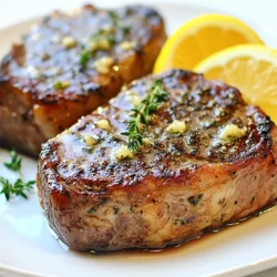 - 2 ribeye steaks (about 1 inch thick) - 4 tablespoons unsalted butter, divided - 4 cloves garlic, minced - 1 tablespoon fresh thyme leaves - 1 tablespoon fresh rosemary leaves, chopped - 1 teaspoon salt - 1/2 teaspoon black pepper - 1 tablespoon olive oil - Lemon wedges, for serving The ingredients for my ultimate garlic butter steak are simple yet full of flavor. I always choose ribeye steaks because they have great marbling. This fat makes the meat juicy and tender. You need just four tablespoons of unsalted butter. This rich butter will help create that mouthwatering garlic flavor. Garlic is key in this dish, so I use four cloves, minced finely for the best taste. Fresh herbs like thyme and rosemary add depth. A little salt and black pepper bring out the flavors. You also need a splash of olive oil for cooking. Lemon wedges serve as a bright finish. They add a zesty burst when you squeeze them over the steak. Each ingredient plays an important role in creating the perfect steak. You can easily find these items at your local grocery store. {{ingredient_image_1}} First, take your ribeye steaks out of the fridge. Let them sit at room temperature for about 30 minutes. This helps the meat cook evenly. While the steaks sit, pat them dry using paper towels. This step is key to getting that nice crust. Next, season both sides of the steaks with salt and black pepper. Don’t be shy! A good amount of seasoning adds flavor. Now, let’s cook those steaks. Heat a large skillet or cast iron pan over medium-high heat. Add olive oil and wait until it's hot. Carefully place the seasoned steaks in the pan. Sear them for 4-5 minutes without moving them. You want a golden-brown crust to form. After 4-5 minutes, it’s time to flip the steaks. Lower the heat to medium and cook for another 4-5 minutes. This timing gives you a perfect medium-rare steak. If you prefer it cooked more, just add a minute or two. As the steaks near the end of cooking, it’s garlic butter time! Add 2 tablespoons of unsalted butter to the pan. Now, toss in the minced garlic, thyme, and rosemary. Tilt the pan slightly, letting the butter pool on one side. Use a spoon to baste the steaks with the melted butter and herbs. Do this for about 1-2 minutes. This step adds a burst of flavor and helps keep the meat juicy. After this, remove the steaks from the skillet. Place them on a plate and let them rest for 5-10 minutes. Resting helps the juices stay in the meat. Enjoy your juicy, flavorful garlic butter steak! To make a great steak, you must let it rest. Resting the steak helps the juices stay inside. If you skip this step, the meat will lose flavor. After cooking, cover the steak with foil and wait 5-10 minutes. This small step makes a big difference. Cooking times matter, too. For medium-rare, aim for 4-5 minutes on each side. Use a meat thermometer for best results. Aim for 130°F for perfect medium-rare. Adjust the time if you prefer your steak more done. Pair your garlic butter steak with tasty sides. Mashed potatoes and roasted veggies are great choices. A fresh salad adds color and crunch, too. You can even serve it with crispy fries for a fun twist. Presentation is key for a restaurant-style dish. Slice the steak against the grain for tender bites. Arrange the slices on a rustic plate or wooden board. Add herb sprigs and lemon wedges for a pop of color. This makes your meal look as good as it tastes! Pro Tips Let the Steaks Rest: After cooking, always allow your steaks to rest for at least 5-10 minutes. This helps to retain the juices and ensures a more flavorful bite. Use a Meat Thermometer: For perfectly cooked steak, use a meat thermometer. Aim for 130°F (54°C) for medium-rare, 140°F (60°C) for medium. Choose Quality Meat: Invest in high-quality ribeye steaks for the best flavor and tenderness. Look for marbling, which indicates fat distribution throughout the meat. Experiment with Herbs: Feel free to customize the herb blend based on your preference. Fresh basil, oregano, or dill can add unique flavors to your garlic butter. {{image_2}} You can easily swap ribeye for other cuts. Sirloin is a great choice. It’s leaner but still full of flavor. Filet mignon is another option. This cut is tender and melts in your mouth. Each cut brings its unique taste and texture. Adjust cooking times based on the cut. Thinner steaks will cook faster, while thicker ones need more time. You can cook garlic butter steak in different ways. Grilling gives a nice smoky flavor. It’s great for summer cookouts. Make sure your grill is hot before adding the steak. This helps create a tasty crust. Pan-searing is another method. It gives you a nice brown color. Use a cast iron skillet for the best results. Heat the oil over medium-high heat and add the steak. When using different methods, adjust the ingredients a bit. For grilling, you might want to skip the butter until the end. Baste the steak with garlic butter right before serving. This keeps the butter from burning on the grill. For pan-searing, add the garlic and herbs in the last minutes of cooking. This way, you get that rich flavor without burning the garlic. Try both methods and see which one you like best! To store garlic butter steak, first let it cool. Wrap each steak in plastic wrap. You can also use an airtight container. This keeps the steak from drying out. Store it in the fridge for up to three days. Make sure to keep the garlic butter with the steak. This adds flavor and moisture. If you want to store it longer, freeze it. Wrap the steak tightly in foil before placing it in a freezer bag. It can last up to three months in the freezer. When you reheat garlic butter steak, you want to keep it juicy and tasty. One method is to use the oven. Preheat the oven to 250°F (120°C). Place the steak on a baking sheet. Cover it with foil to avoid drying it out. Heat for about 20 minutes or until warm. Another way is to use a skillet. Heat it on low. Add a bit of butter or oil. Place the steak in the pan. Cover it with a lid to trap steam. This helps keep the steak tender. Reheat until warmed through, but don’t cook it again. Enjoy your flavorful steak without losing any taste! To check if your steak is done, use a meat thermometer. Insert it into the thickest part of the steak. Here are the ideal temperatures for doneness: - Rare: 120°F - Medium rare: 130°F - Medium: 140°F - Medium well: 150°F - Well done: 160°F Remember, the steak will keep cooking after you remove it from the heat. Pull it off the grill or pan a few degrees before it reaches your target. This ensures a juicy, tender bite. Yes, you can use salted butter. However, it will change the flavor. Unsalted butter lets you control the salt level in your dish. If you use salted butter, reduce the salt you add to the steak. This helps balance the flavors. Garlic butter steak pairs well with many sides. Here are some popular options: - Roasted vegetables like asparagus or Brussels sprouts - Creamy mashed potatoes or garlic mashed potatoes - Fresh salads with a tangy vinaigrette - Crispy baked potatoes with sour cream For drinks, try a bold red wine like Cabernet Sauvignon or a refreshing iced tea. These choices complement the rich flavor of the steak nicely. In this post, we talked about cooking delicious garlic butter ribeye steak. We covered ingredients, step-by-step instructions, and helpful tips. You learned how to prepare, cook, and serve steak like a pro. Remember, resting the steak and basting adds flavor. Explore different cuts and cooking methods to keep things exciting. By following these steps, you’ll impress anyone you serve this meal to. Enjoy your cooking journey and savor each bite!