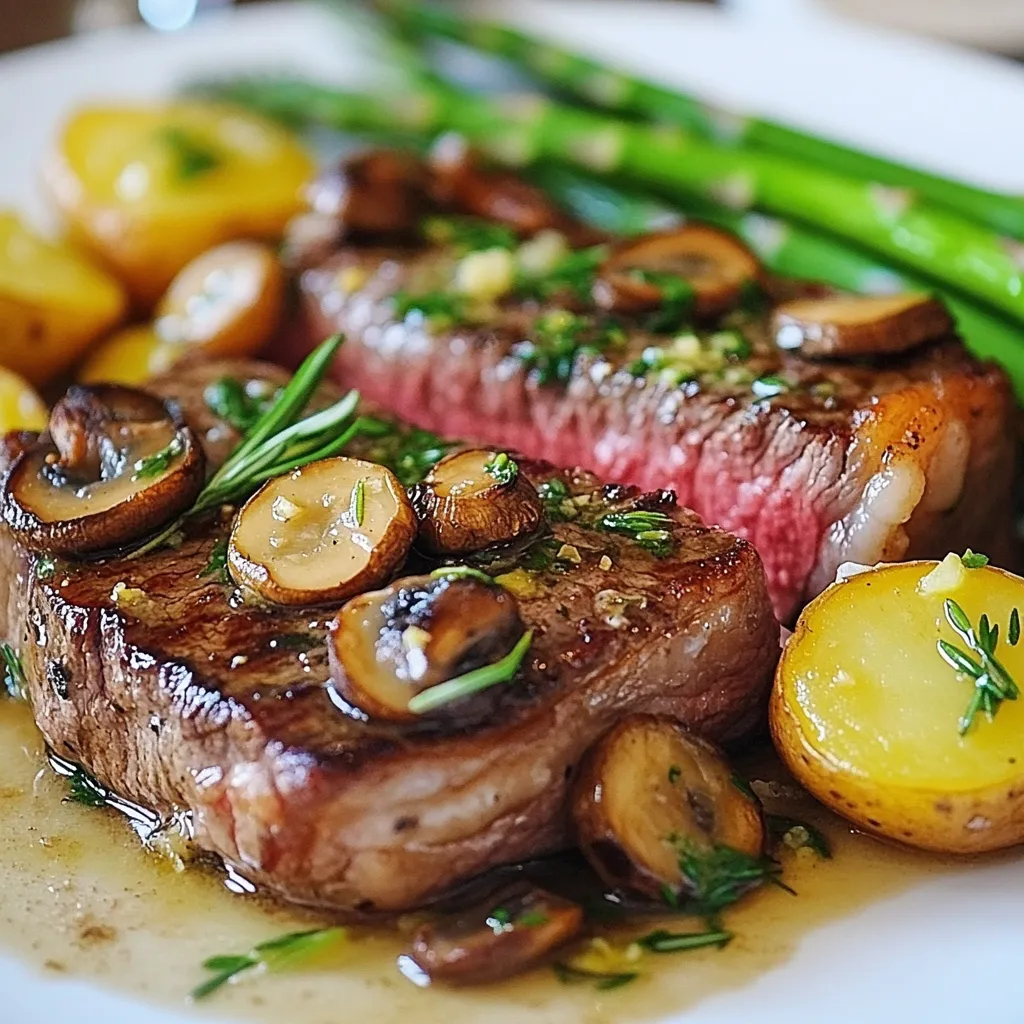 - 2 ribeye steaks (1.5 inches thick) - 2 tablespoons olive oil - 3 cloves garlic, minced - 2 sprigs fresh rosemary, chopped - 2 tablespoons unsalted butter - 1 tablespoon Worcestershire sauce - 1 cup cremini mushrooms, sliced - 1 cup asparagus, trimmed - 1 cup baby potatoes, halved - Salt and freshly ground black pepper for seasoning - Fresh herbs (parsley or chives) for garnish When I plan a five-star steak dinner, I choose high-quality ribeye steaks. They are juicy and full of flavor. I let the steaks sit out for about 30 minutes before cooking. This helps them cook evenly. I use olive oil to coat the steaks. It adds richness and helps the seasoning stick. I sprinkle salt and pepper generously, as they bring out the meat's natural taste. Garlic and rosemary add a great aroma. I chop the rosemary finely and mince the garlic. They mix well with unsalted butter, which I add at the end of cooking. This step gives a rich flavor to the steaks. For side dishes, I love cremini mushrooms and asparagus. They sauté quickly and taste amazing. Baby potatoes are my go-to starch. I boil and season them simply with salt and olive oil. I finish the dish with fresh herbs like parsley or chives. They add color and a fresh taste. This combination of ingredients makes for a truly delightful five-star steak dinner. {{ingredient_image_1}} Bringing steaks to room temperature First, take your ribeye steaks out of the fridge. Let them sit on the counter for about 30 minutes. This helps the meat cook evenly. Drying and seasoning the steaks Next, pat the steaks dry with paper towels. This step is key. It helps create a nice crust when you cook the steaks. Then, rub both sides with olive oil. Season them well with salt and freshly ground black pepper. Preheating the skillet Now, grab a heavy skillet, like cast iron. Heat it over medium-high heat until it’s very hot. This high heat is essential for a good sear. Searing both sides and adding flavor Add the steaks to the skillet. Sear each side for about 4-5 minutes. To check for medium-rare, aim for an internal temperature of 130°F (54°C). In the last minute, add minced garlic, chopped rosemary, and unsalted butter. Spoon the melted butter over the steaks to add rich flavor. Cooking mushrooms and asparagus After the steaks are done, use the same skillet. Add sliced cremini mushrooms and asparagus. Sauté these for 5-7 minutes. Add Worcestershire sauce for extra taste. Scrape up any brown bits from the pan for more flavor. Boiling and seasoning the baby potatoes In another pot, boil halved baby potatoes in salted water. Cook them until they are fork-tender, which takes about 15 minutes. Drain the potatoes, then toss them with olive oil, salt, and pepper for seasoning. To cook steak just right, use a meat thermometer. Insert it into the thickest part of the steak. For medium-rare, aim for 130°F (54°C). This gives you a juicy, tender steak. After cooking, let the steak rest. Cover it loosely with foil and let it sit for 10 minutes. This helps the juices stay inside, making each bite flavorful. Add rich flavors with tasty sides. Sautéed mushrooms and fresh asparagus pair well with steak. The earthy taste of mushrooms and the crunch of asparagus balance the meal. Use different herbs and spices to boost flavors. Rosemary adds a fragrant touch, while garlic gives depth. Don’t be shy—experiment with your favorites! Make your plate look appealing. Start by slicing the steak against the grain. Arrange the veggies artfully around it. Drizzle some buttery herb sauce over the steak. This adds a nice shine and makes the dish pop. Garnish with fresh herbs like parsley or chives for a final touch. Your guests will be impressed! Pro Tips Let It Rest: Allowing the steaks to rest after cooking is crucial for juicy meat. This step redistributes the juices and enhances flavor. Use a Meat Thermometer: For perfect doneness, use a meat thermometer to check the internal temperature—130°F (54°C) for medium-rare. Fresh Herbs Make a Difference: Adding fresh herbs not only enhances flavor but also elevates the presentation of your dish. Don't Overcrowd the Pan: When searing the steaks or sautéing vegetables, make sure not to overcrowd the pan to ensure even cooking and browning. {{image_2}} If ribeye is not your favorite, try other cuts. Here are some great substitutes: - New York strip - Filet mignon - Sirloin - T-bone Each cut has unique flavors and textures. For example, filet mignon is very tender, while sirloin has a beefier taste. Cooking methods vary by cut: - For thinner cuts, grill or pan-sear. - For thicker cuts, start on the stove and finish in the oven. You can switch up your side dishes for variety. Consider these vegetable options: - Broccoli - Brussels sprouts - Green beans - Carrots For creative sides, think about these ideas: - Garlic mashed potatoes - Creamed spinach - Roasted root vegetables - Quinoa salad These pair well with steak and add color to your plate. If you need gluten-free options, simply skip the Worcestershire sauce. Choose a gluten-free version if needed. For low-carb substitutions, try these: - Cauliflower mash instead of potatoes - Zucchini noodles instead of pasta - Leafy greens instead of bread These options help maintain flavor while meeting dietary needs. To keep your steak dinner fresh, use airtight containers. Glass or plastic containers work well. Store the steak and sides in separate containers. This helps keep flavors intact. Place them in the fridge right after the meal. You can keep leftover steak for about 3 days. The sides, like potatoes and veggies, last about 2 days. To reheat steak, use a low heat method. Place it in a skillet over low heat. Add a splash of broth or water to keep it moist. Cover the skillet with a lid. This helps heat the steak without drying it out. For veggies, microwave them in short bursts. Stir them often to heat evenly. You can also sauté them briefly on the stove. This keeps them tasty and fresh. The ideal temperature for medium-rare steak is 130°F (54°C). To achieve this, use a meat thermometer. When you place it into the thickest part of the steak, you want the reading to be just right. Start checking a few minutes before you think it's done. This will help you avoid overcooking. Yes, you can use a grill instead of a skillet. First, preheat the grill to high heat. Then, follow the same steps for seasoning the steak. Place the steak on the grill for about 4-5 minutes on each side. The grill will add a nice smoky flavor. Just be sure to monitor the temperature closely. After cooking, let the steak rest for about 10 minutes. Look for the juices to settle. Rested steaks will feel firm but slightly springy. If you cut into it too soon, the juices will run out. This resting period is key for a juicy steak. Red wines pair wonderfully with steak. Consider options like Cabernet Sauvignon or Merlot. These wines enhance the flavors of the meat. If you prefer white, try a rich Chardonnay. It can complement the buttery flavors in your dish. You have all the tools to create a five-star steak dinner. Start with quality ribeye and use rich flavors from olive oil, garlic, and herbs. Follow the steps methodically: prepare, cook, and serve with flair. Remember to season well and choose sides that complement your steak. Don't hesitate to explore variations or modify recipes to fit your needs. Finally, store leftovers properly and reheat with care. With practice, you'll impress everyone at your table. Enjoy crafting this delicious meal!