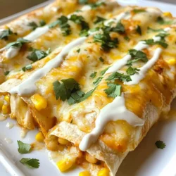 - 2 cups cooked chicken, shredded - 1 cup corn kernels (fresh or frozen) - 1 cup black beans, drained and rinsed - 1 cup grated Monterey Jack cheese - 8 flour tortillas - 1 tablespoon olive oil - 1 small onion, diced - 2 cloves garlic, minced - 1 teaspoon cumin - 1/2 teaspoon smoked paprika - 1/4 teaspoon cayenne pepper (optional) - 2 cups sour cream - 1 cup chicken broth - Salt and pepper to taste - 1/4 cup chopped fresh cilantro (for garnish) These ingredients come together to create a rich and creamy flavor. You can use rotisserie chicken for a quick option. Fresh corn adds a sweet crunch, while black beans bring fiber and protein. Monterey Jack cheese melts beautifully, giving a rich taste. Flour tortillas help wrap up all the goodness inside. For the cooking essentials, olive oil helps sauté the onion and garlic, releasing their natural sweetness. The spices—cumin and smoked paprika—add warmth and depth. Cayenne pepper gives an optional kick if you like heat. Finally, sour cream and chicken broth make the white sauce creamy and tangy. With just a few simple items, you can craft a dish that delights the senses. Now that you know the ingredients, let’s move on to the fun part: cooking! {{ingredient_image_1}} 1. Preheat the oven to 375°F (190°C). 2. In a large skillet, heat 1 tablespoon of olive oil over medium heat. 3. Add 1 small diced onion and sauté for 3-4 minutes until it is soft. 4. Then, add 2 minced garlic cloves and cook for 1 more minute. 1. To the skillet, add 2 cups of shredded cooked chicken. 2. Next, add 1 cup of corn kernels and 1 cup of drained black beans. 3. Sprinkle in 1 teaspoon of cumin, 1/2 teaspoon of smoked paprika, and salt and pepper to taste. 4. Stir everything to mix well and heat for about 5 minutes. 1. In a separate bowl, mix 2 cups of sour cream with 1 cup of chicken broth. 2. Stir until smooth and season with salt and pepper to taste. 1. Spread a little white sauce on the bottom of a 9x13 inch baking dish. 2. Take an 8-inch flour tortilla and fill it with about 1/3 cup of the chicken mix. 3. Roll it up and place it seam-side down in the dish. 4. Repeat this step until all tortillas are filled. 5. Pour the remaining white sauce over the enchiladas, covering them well. 6. Top with 1 cup of grated Monterey Jack cheese. 1. Cover the dish with aluminum foil. 2. Bake for 20 minutes. 3. Uncover and bake for an additional 10 minutes until the cheese is bubbly. 1. Let the enchiladas cool for a few minutes. 2. Garnish with chopped fresh cilantro before serving. - Use rotisserie chicken for convenience. It saves time and tastes great. - Adjust spice levels to taste. Add more cayenne for heat or skip it for mild. - Substitute Greek yogurt for sour cream. This adds protein and a tangy flavor. - Experiment with different cheese blends. Try cheddar or pepper jack for a twist. - Prepare filling and sauce a day in advance. This makes dinner quick and easy. - You can assemble the enchiladas, cover, and refrigerate until you’re ready to bake. Pro Tips Use Rotisserie Chicken: For a quicker preparation, use store-bought rotisserie chicken instead of cooking your own. This saves time without sacrificing flavor. Customize the Heat: Adjust the amount of cayenne pepper based on your heat preference. You can also add diced jalapeños for an extra kick. Make Ahead: Assemble the enchiladas in advance and store them in the refrigerator. Bake them just before serving for a fresh, hot meal. Experiment with Cheeses: While Monterey Jack is delicious, try using a blend of cheeses like cheddar or pepper jack for a unique twist on flavor. {{image_2}} If you want a meatless meal, swap the chicken for sautéed mushrooms or extra beans. Mushrooms give a nice texture and flavor. You can use any beans, like pinto or kidney beans. This makes the dish hearty and satisfying. You still get that creamy goodness from the white sauce too! For a gluten-free option, use corn tortillas instead of flour tortillas. Corn tortillas are soft and work well with the sauce. They also add a lovely flavor that pairs nicely with the filling. This choice allows everyone to enjoy the enchiladas without worry. Do you like heat? Add jalapeños or increase the cayenne pepper in the filling. This adds a nice kick to your enchiladas. Adjust the spice to match your taste. You can add fresh jalapeños for a bold flavor or pickled ones for tang. Spice can really elevate this dish! Store your chicken enchiladas in an airtight container. They last for up to 3 days. This way, you can enjoy them again without losing flavor. Make sure they cool down before you seal them up. You can freeze your enchiladas before baking. Just wrap them well and place them in the freezer. They can stay good for up to 2 months. When you’re ready to bake, thaw them overnight in the fridge. To reheat your enchiladas, use the oven. Set it to 350°F (175°C). Bake them for about 20 minutes. This keeps the tortillas crispy and the cheese melted. If you want them extra warm, cover with foil for the first 10 minutes. Enjoy that fresh-baked taste! Yes, it’s a great time-saver! Rotisserie chicken is already cooked and tasty. You can shred it quickly and mix it into your filling. This shortcut cuts down on prep time. It also adds great flavor to your enchiladas. To make the sauce thicker, add more sour cream or reduce the chicken broth. Start with a little extra sour cream. Mix it well and check the texture. If it’s still too thin, cook down the broth a bit. This method gives you control over the sauce's creaminess. Consider rice, beans, or a fresh salad as sides. Rice adds a nice base, while beans offer extra protein. A fresh salad can balance the meal with bright flavors. You can also serve guacamole or chips for a fun touch. Yes, prepare and assemble the enchiladas up to a day prior and bake when ready. Just cover them well and store in the fridge. When you’re ready to eat, bake them straight from the fridge. This makes meal prep easy and stress-free. This blog post shared a tasty chicken enchilada recipe. You learned about the main ingredients and cooking essentials. I provided step-by-step instructions for ease. Tips and variations make it fun to personalize. You can store leftovers easily and even freeze them for later. Cooking should be simple and enjoyable. I hope you feel inspired to make these enchiladas soon. Enjoy every bite of your delicious creation!
