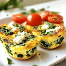 To make savory spinach and feta egg bites, gather these fresh items: - 6 large eggs - 1 cup fresh spinach, chopped - 1/2 cup feta cheese, crumbled - 1/4 cup milk - 1/4 teaspoon garlic powder - 1/4 teaspoon onion powder - Salt and pepper to taste - Optional: 1/4 cup cherry tomatoes, halved You can customize your egg bites easily. Here are some fun ideas: - Swap feta cheese for goat cheese for a tangy twist. - Add diced bell peppers or mushrooms for more veggies. - Use egg whites if you want a lighter version. - Try herbs like dill or parsley for extra flavor. - You can mix in cooked bacon or sausage for protein. Each ingredient adds its own health perks: - Eggs: Packed with protein and good fats. They support muscle health. - Spinach: Full of vitamins A and K, it helps your bones and skin. - Feta Cheese: Offers calcium and protein but is lower in fat than many cheeses. - Milk: Adds creaminess and calcium for strong bones. - Garlic and Onion Powder: Bring flavor and may help boost your immune system. - Cherry Tomatoes: Add color and vitamins C and K, plus they taste great! These ingredients blend together for a tasty and healthy breakfast option. Enjoy mixing and matching to find your favorite combination! {{ingredient_image_1}} 1. Start by preheating your oven to 350°F (175°C). This step helps the egg bites cook evenly. 2. Grease a muffin tin or use silicone muffin cups. This prevents sticking and makes cleanup easy. 3. In a large mixing bowl, crack the 6 large eggs. Whisk them well until they combine fully. 4. Add 1/4 cup milk, 1/4 teaspoon garlic powder, 1/4 teaspoon onion powder, salt, and pepper. Whisk again until smooth. 5. Fold in 1 cup of chopped spinach and 1/2 cup of crumbled feta cheese. This is where the flavor comes alive. 6. If you want some color, add 1/4 cup halved cherry tomatoes to the mix. They add a nice touch. 7. Pour the egg mixture into each muffin cup. Fill them about 3/4 full to allow for rising. 8. Place the muffin tin in the preheated oven. Bake for 18-20 minutes. Keep an eye on them as they cook. 9. To check if they are done, gently shake the muffin tin. If the egg bites are firm and spring back, they are ready. 10. The edges should look slightly golden. This shows they are cooked well. 11. Once done, remove the tin from the oven. Let the bites cool for a few minutes. 12. Carefully remove the egg bites from the muffin cups. Enjoy them warm for a tasty breakfast! To get a fluffy texture, whisk the eggs well. Mix until the yolks and whites are fully combined. Adding milk helps keep the bites light and airy. I recommend using whole milk for creaminess. If you want a denser bite, use less milk. Avoid overbaking; this can make them dry. Bake until they are just set and slightly golden for the best texture. You can boost the flavor of your egg bites easily. Try adding herbs like dill or parsley. They add freshness and color. You can also mix in spices like smoked paprika for warmth. Adding cooked vegetables can also enhance taste. Consider sautéing some mushrooms or bell peppers before mixing them in. This will add depth to your bites. One common mistake is not greasing the muffin tin well. This can make the bites stick and break apart. Always fill the cups about 3/4 full. Overfilling can lead to messy spills. Another mistake is not checking for doneness. Use a toothpick; it should come out clean. Lastly, don’t skip the cooling step. Letting them cool helps set the shape before removing them. Pro Tips Use Fresh Spinach: Fresh spinach will give your egg bites a vibrant color and enhanced flavor compared to frozen spinach. Customize Your Cheese: Feel free to experiment with different cheese options like goat cheese or cheddar for a unique twist. Don’t Overmix: Mix the ingredients just until combined to keep the egg bites light and fluffy. Check for Doneness: Insert a toothpick in the center of an egg bite; it should come out clean when they are fully cooked. {{image_2}} You can add many veggies to egg bites. Try bell peppers, onions, or mushrooms. Chop them small so they mix well. Spinach adds great color and health. Use 1 cup of fresh spinach, chopped. You can also add cherry tomatoes for a pop of color. They also add a sweet flavor. Want extra protein? Add cooked bacon, sausage, or ham. Use about 1/2 cup, chopped small. You can also try adding beans or cooked quinoa. These add protein and make the bites filling. Always mix the protein in before baking. Cheese makes egg bites creamy and tasty. Feta is great, but you can use others. Try cheddar, mozzarella, or goat cheese. Each cheese gives a unique flavor. Use about 1/2 cup of your choice, crumbled or shredded. Mix it well in the egg mixture for even taste. To store leftover egg bites, let them cool first. Place them in an airtight container. Keep them in the fridge. They will stay fresh for up to four days. If you want to keep them longer, freezing is a great option. Reheat egg bites in the microwave for 30 to 60 seconds. Check them every 30 seconds to avoid overcooking. You can also reheat them in the oven. Set the oven to 350°F (175°C) and bake for about 10 minutes. This method keeps them warm and tasty. To freeze egg bites, wrap each bite tightly in plastic wrap. Place them in a freezer-safe bag or container. Label the bag with the date. They can last up to three months in the freezer. When ready to eat, thaw them in the fridge overnight. Then, reheat them as mentioned above. Yes, you can use egg whites. Egg whites make the bites lighter. They also lower the fat. Use about 1/4 cup of egg whites for each egg. This swap keeps the taste good and healthy. If you like more flavor, add some cheese or herbs. Egg bites stay fresh for up to five days in the fridge. Store them in a tight container. This keeps them moist and tasty. Just remember to let them cool first. You don’t want steam to make them soggy. Yes, you can make them ahead of time. Prep them on a Sunday for the week. Just bake and cool them, then store. This saves time during busy mornings. You can quickly reheat them when you want to eat. Egg bites pair well with many sides. Serve them with toast or a salad. You can add fresh fruit for a sweet touch. A small cup of yogurt on the side is also great. Mix and match to fit your taste! In this post, we explored making simple and tasty egg bites. You learned about key ingredients, cooking steps, and tips for success. Variations let you add your favorite flavors, while storage tips keep leftovers fresh. Remember, you can swap ingredients to fit your taste. With practice, you will make perfect egg bites every time. Enjoy these bites as meals or snacks. They are healthy and customizable for everyone. Keep experimenting and enjoy the process!