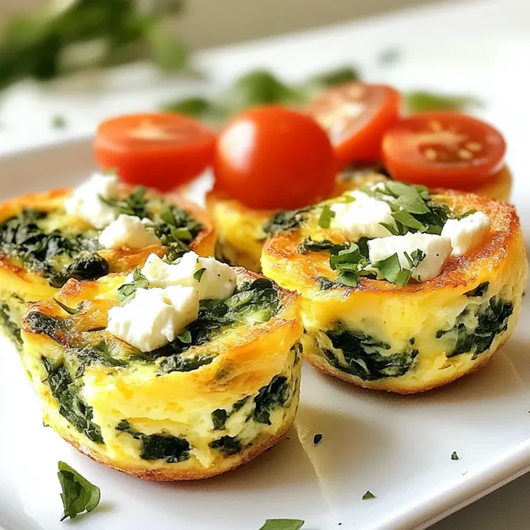 To make savory spinach and feta egg bites, gather these fresh items: - 6 large eggs - 1 cup fresh spinach, chopped - 1/2 cup feta cheese, crumbled - 1/4 cup milk - 1/4 teaspoon garlic powder - 1/4 teaspoon onion powder - Salt and pepper to taste - Optional: 1/4 cup cherry tomatoes, halved You can customize your egg bites easily. Here are some fun ideas: - Swap feta cheese for goat cheese for a tangy twist. - Add diced bell peppers or mushrooms for more veggies. - Use egg whites if you want a lighter version. - Try herbs like dill or parsley for extra flavor. - You can mix in cooked bacon or sausage for protein. Each ingredient adds its own health perks: - Eggs: Packed with protein and good fats. They support muscle health. - Spinach: Full of vitamins A and K, it helps your bones and skin. - Feta Cheese: Offers calcium and protein but is lower in fat than many cheeses. - Milk: Adds creaminess and calcium for strong bones. - Garlic and Onion Powder: Bring flavor and may help boost your immune system. - Cherry Tomatoes: Add color and vitamins C and K, plus they taste great! These ingredients blend together for a tasty and healthy breakfast option. Enjoy mixing and matching to find your favorite combination! {{ingredient_image_1}} 1. Start by preheating your oven to 350°F (175°C). This step helps the egg bites cook evenly. 2. Grease a muffin tin or use silicone muffin cups. This prevents sticking and makes cleanup easy. 3. In a large mixing bowl, crack the 6 large eggs. Whisk them well until they combine fully. 4. Add 1/4 cup milk, 1/4 teaspoon garlic powder, 1/4 teaspoon onion powder, salt, and pepper. Whisk again until smooth. 5. Fold in 1 cup of chopped spinach and 1/2 cup of crumbled feta cheese. This is where the flavor comes alive. 6. If you want some color, add 1/4 cup halved cherry tomatoes to the mix. They add a nice touch. 7. Pour the egg mixture into each muffin cup. Fill them about 3/4 full to allow for rising. 8. Place the muffin tin in the preheated oven. Bake for 18-20 minutes. Keep an eye on them as they cook. 9. To check if they are done, gently shake the muffin tin. If the egg bites are firm and spring back, they are ready. 10. The edges should look slightly golden. This shows they are cooked well. 11. Once done, remove the tin from the oven. Let the bites cool for a few minutes. 12. Carefully remove the egg bites from the muffin cups. Enjoy them warm for a tasty breakfast! To get a fluffy texture, whisk the eggs well. Mix until the yolks and whites are fully combined. Adding milk helps keep the bites light and airy. I recommend using whole milk for creaminess. If you want a denser bite, use less milk. Avoid overbaking; this can make them dry. Bake until they are just set and slightly golden for the best texture. You can boost the flavor of your egg bites easily. Try adding herbs like dill or parsley. They add freshness and color. You can also mix in spices like smoked paprika for warmth. Adding cooked vegetables can also enhance taste. Consider sautéing some mushrooms or bell peppers before mixing them in. This will add depth to your bites. One common mistake is not greasing the muffin tin well. This can make the bites stick and break apart. Always fill the cups about 3/4 full. Overfilling can lead to messy spills. Another mistake is not checking for doneness. Use a toothpick; it should come out clean. Lastly, don’t skip the cooling step. Letting them cool helps set the shape before removing them. Pro Tips Use Fresh Spinach: Fresh spinach will give your egg bites a vibrant color and enhanced flavor compared to frozen spinach. Customize Your Cheese: Feel free to experiment with different cheese options like goat cheese or cheddar for a unique twist. Don’t Overmix: Mix the ingredients just until combined to keep the egg bites light and fluffy. Check for Doneness: Insert a toothpick in the center of an egg bite; it should come out clean when they are fully cooked. {{image_2}} You can add many veggies to egg bites. Try bell peppers, onions, or mushrooms. Chop them small so they mix well. Spinach adds great color and health. Use 1 cup of fresh spinach, chopped. You can also add cherry tomatoes for a pop of color. They also add a sweet flavor. Want extra protein? Add cooked bacon, sausage, or ham. Use about 1/2 cup, chopped small. You can also try adding beans or cooked quinoa. These add protein and make the bites filling. Always mix the protein in before baking. Cheese makes egg bites creamy and tasty. Feta is great, but you can use others. Try cheddar, mozzarella, or goat cheese. Each cheese gives a unique flavor. Use about 1/2 cup of your choice, crumbled or shredded. Mix it well in the egg mixture for even taste. To store leftover egg bites, let them cool first. Place them in an airtight container. Keep them in the fridge. They will stay fresh for up to four days. If you want to keep them longer, freezing is a great option. Reheat egg bites in the microwave for 30 to 60 seconds. Check them every 30 seconds to avoid overcooking. You can also reheat them in the oven. Set the oven to 350°F (175°C) and bake for about 10 minutes. This method keeps them warm and tasty. To freeze egg bites, wrap each bite tightly in plastic wrap. Place them in a freezer-safe bag or container. Label the bag with the date. They can last up to three months in the freezer. When ready to eat, thaw them in the fridge overnight. Then, reheat them as mentioned above. Yes, you can use egg whites. Egg whites make the bites lighter. They also lower the fat. Use about 1/4 cup of egg whites for each egg. This swap keeps the taste good and healthy. If you like more flavor, add some cheese or herbs. Egg bites stay fresh for up to five days in the fridge. Store them in a tight container. This keeps them moist and tasty. Just remember to let them cool first. You don’t want steam to make them soggy. Yes, you can make them ahead of time. Prep them on a Sunday for the week. Just bake and cool them, then store. This saves time during busy mornings. You can quickly reheat them when you want to eat. Egg bites pair well with many sides. Serve them with toast or a salad. You can add fresh fruit for a sweet touch. A small cup of yogurt on the side is also great. Mix and match to fit your taste! In this post, we explored making simple and tasty egg bites. You learned about key ingredients, cooking steps, and tips for success. Variations let you add your favorite flavors, while storage tips keep leftovers fresh. Remember, you can swap ingredients to fit your taste. With practice, you will make perfect egg bites every time. Enjoy these bites as meals or snacks. They are healthy and customizable for everyone. Keep experimenting and enjoy the process!