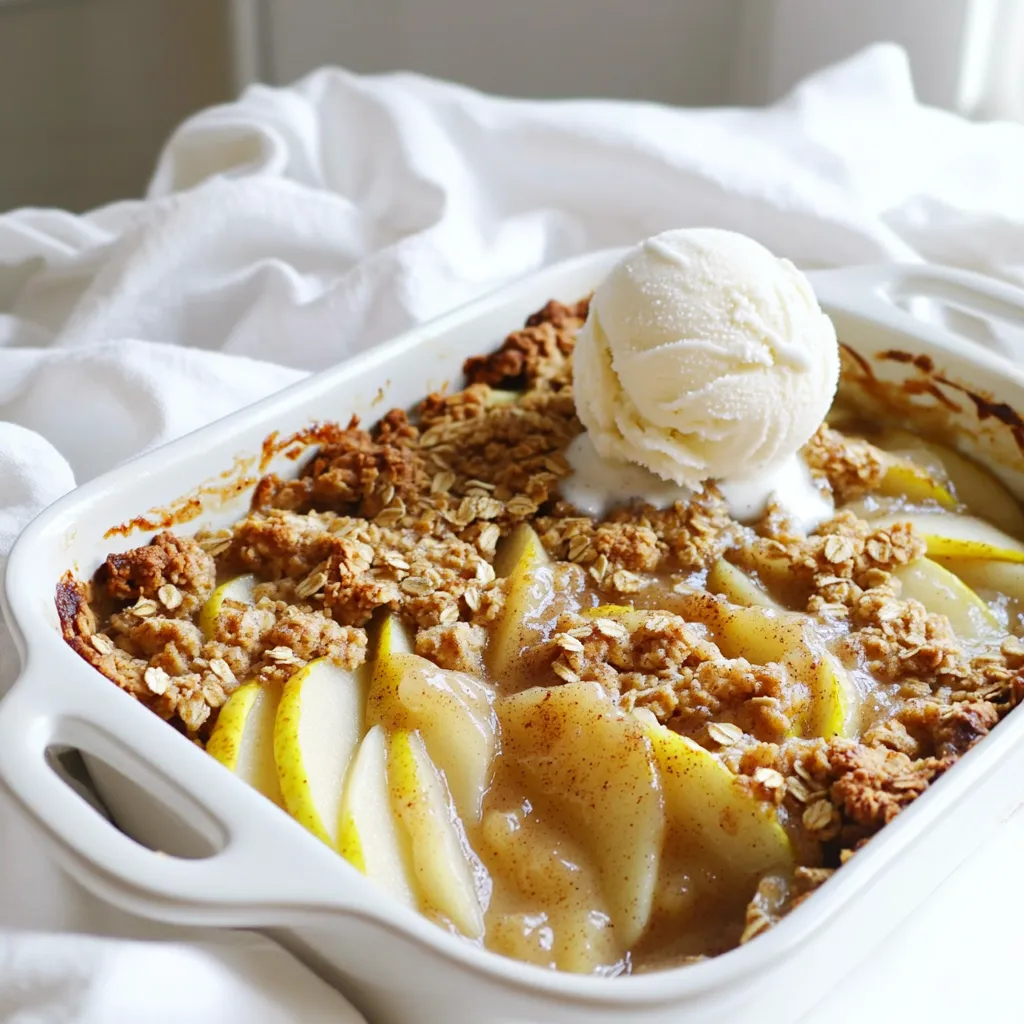 - 5 ripe pears, peeled, cored, and sliced - 1/2 cup brown sugar - 1 teaspoon ground cinnamon - 1/2 teaspoon ground nutmeg - 1 tablespoon lemon juice - 1 cup rolled oats - 1/3 cup all-purpose flour - 1/2 cup unsalted butter, melted - 1/4 cup chopped nuts (walnuts or pecans) - 1/4 teaspoon salt - Optional: vanilla ice cream for serving When cooking, using the right amounts matters. Here are the units: - Cups - Teaspoons - Tablespoons These units help you get the best taste. You can add a scoop of vanilla ice cream on top. This adds a creamy touch. It pairs well with warm pear crisp. Try it for a special treat! First, set your oven to 350°F (175°C). This step is key for even baking. Let it heat while you prepare the other parts of the dish. Next, take 5 ripe pears. Peel, core, and slice them. In a large bowl, mix the sliced pears with 1/2 cup brown sugar, 1 teaspoon cinnamon, 1/2 teaspoon nutmeg, and 1 tablespoon lemon juice. Toss the pears until they are coated well. This mix gives the pears a sweet and spicy flavor. Transfer the pear mixture into a greased 9-inch baking dish and spread it evenly. In another bowl, combine 1 cup rolled oats, 1/3 cup flour, and 1/4 teaspoon salt. Pour in 1/2 cup melted butter and add 1/4 cup chopped nuts. You can use walnuts or pecans. Mix these ingredients until crumbly. This topping adds a nice crunch to the soft pears. Now, sprinkle the crumble topping over the pears in the baking dish. Place it in the preheated oven. Bake for 30-35 minutes. The topping should turn golden brown and the pears should feel tender. Once done, remove it from the oven. Let it cool slightly before serving. For a perfect pear crisp, choose ripe pears. They should be soft but not mushy. Peel, core, and slice them evenly. This helps them cook at the same rate. Toss the pear slices with brown sugar, cinnamon, nutmeg, and lemon juice. Let this sit for a few minutes. This makes the pears sweet and flavorful. Spread them evenly in your baking dish. This ensures even cooking and a nice texture. You can play with spices in your crisp. If you want a twist, try ginger or cardamom instead of nutmeg. You can also add a pinch of clove for warmth. Want more texture? Toss in some rolled oats or flaxseed for crunch. If you love sweetness, add some honey or maple syrup. Serve your spiced pear crisp warm from the oven. It pairs well with vanilla ice cream. The cold ice cream melts over the warm crisp, creating a tasty mix. You can also top it with whipped cream or yogurt. For a fun touch, sprinkle some chopped nuts on top before serving. Enjoy this dessert with friends and family! {{image_2}} You can swap pears for other fruits. Apples work great, too. Try peaches for a sweet twist. Berries like blueberries or raspberries add a fun pop of color. Each fruit brings its own flavor. Adjust sugar based on your fruit's sweetness. To make this recipe gluten-free, use gluten-free flour. Many brands have good options. You can also use oats labeled gluten-free. This way, everyone can enjoy the dish without worry. For a vegan version, switch butter with coconut oil or vegan butter. Use maple syrup instead of brown sugar for added depth. You can also replace the lemon juice with apple cider vinegar for a similar tang. These swaps keep the crisp tasty and plant-based. Store leftover spiced pear crisp in an airtight container. Keep it in the fridge. It should last for 3 to 4 days. If you want to keep it longer, freezing is a great option. To reheat, preheat your oven to 350°F (175°C). Place the crisp in a baking dish. Cover it with foil to keep it from drying out. Heat for about 15 to 20 minutes. You can also use the microwave. Heat in 30-second bursts until warm. You can freeze spiced pear crisp. First, let it cool completely. Then, wrap it tightly in plastic wrap. Place it in a freezer-safe container or bag. It can last for up to 3 months in the freezer. When you’re ready to eat, thaw it in the fridge overnight before reheating. Yes, you can use canned pears. Choose pears packed in juice or water. Drain them well to avoid extra liquid. Canned pears may be softer, so reduce bake time slightly. You can use white sugar mixed with a bit of molasses. For each cup of brown sugar, use one cup of white sugar and one tablespoon of molasses. This mix gives a similar flavor. Look for a golden brown topping and tender pears. You can poke the pears with a fork. If they are soft, it’s ready. The crisp should also bubble slightly around the edges. Yes, you can prepare it a day before. Store the pear mixture and crumble topping separately in the fridge. Just combine and bake when you are ready to serve. Walnuts and pecans are great choices. They add crunch and flavor. You can also use almonds or hazelnuts if you like. Just chop them up before adding to the topping. You learned how to make a tasty pear crisp. We covered the ingredients, measuring units, and optional add-ins. I showed you step-by-step instructions, from preheating the oven to baking. You also got helpful tips, fun variations, and storage info. With these clear guidelines, you can enjoy a warm, delicious dessert. Don’t be afraid to get creative with fruits and spices. Your pear crisp will impress everyone!