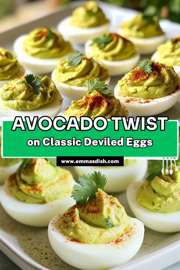 Discover the ultimate healthy deviled egg recipe with these creamy avocado deviled eggs! Packed with flavor from ripe avocado and Greek yogurt, they make perfect creamy avocado snacks or easy appetizer recipes for any gathering. Get ready to impress your guests with this delicious twist on classic deviled eggs. Try this simple recipe now for a nutritious bite that everyone will love! #AvocadoDeviledEggs #HealthyRecipes #Appetizers #Snacks
