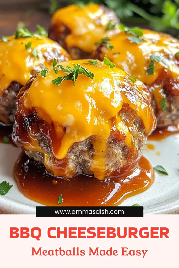 Looking for a delicious twist on traditional meatballs? Try these BBQ cheeseburger meatballs! This mouthwatering meatball recipe with BBQ sauce combines ground beef with cheddar cheese and spices for easy ground beef meatballs your family will love. Perfect for parties or a cozy dinner, this oven-baked meatballs recipe is a must-try. Save this recipe for your next meal! #BBQCheeseburgerMeatballs #MeatballRecipe #EasyGroundBeefMeatballs #CheddarCheeseMeatballs